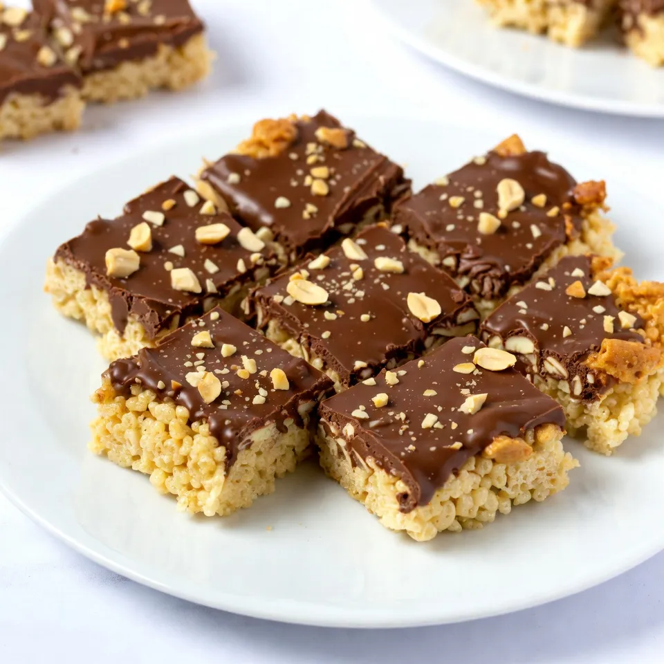 To make Chocolate Peanut Butter Rice Krispie Treats, you need the following ingredients: - Rice Krispies cereal: 4 cups - Mini marshmallows: 1 cup - Creamy peanut butter: 1/2 cup - Milk chocolate chips: 1/2 cup - Unsalted butter: 1/4 cup - Vanilla extract: 1/2 teaspoon - Pinch of salt These ingredients come together to create a sweet and crunchy treat. The Rice Krispies give the base its classic crunch. Mini marshmallows add sweetness and a chewy texture. Creamy peanut butter brings a rich flavor that pairs perfectly with chocolate. The milk chocolate chips melt beautifully on top, adding a luscious finish. Unsalted butter is crucial for a creamy blend, while vanilla extract enhances all the flavors. A pinch of salt balances the sweetness. With these ingredients, you're ready to create a treat that your friends and family will love! {{ingredient_image_2}} Start by greasing a 9x13 inch baking dish with a thin layer of butter. You can also use parchment paper. This helps lift the treats out easily later. In a large saucepan, place unsalted butter and creamy peanut butter over low heat. Stir gently until both melt together, creating a smooth mix. This step gives the treats their rich flavor. Once the butter and peanut butter mix is smooth, add the mini marshmallows. Keep stirring until they melt completely. This ensures a nice, gooey texture. Remove the saucepan from heat. Now, gently fold in the Rice Krispies cereal. Make sure every piece gets coated well, but don’t crush them. A gentle touch keeps the treats light. Next, add 1/2 teaspoon of vanilla extract and a pinch of salt. These ingredients boost the flavor and make the treats even more delicious. Pour the cereal mixture into the greased baking dish. Use a spatula to spread it evenly. Lightly press down, but be careful not to squish the cereal. This keeps the treats airy. In a microwave-safe bowl, place the milk chocolate chips. Heat them in 30-second intervals. Stir after each time until smooth. This creates a rich chocolate drizzle. After the Rice Krispies base cools a bit, pour the melted chocolate over the top. Use a spatula to spread it evenly. This gives the treats a beautiful finish. Let the chocolate cool and set at room temperature for about 15-20 minutes. For a quicker set, place the dish in the fridge. Once firm, cut into squares for serving. Enjoy your delightful treats! To keep your Rice Krispies intact, treat them gently. When mixing, fold the cereal in slowly. Use a spatula to lift and turn the mixture rather than stirring hard. This way, you avoid crushing the crispy bits. I also recommend letting the marshmallow mix cool slightly before adding the cereal. This helps keep the cereal from getting soggy. Want to enhance the flavor? Try adding a pinch of cinnamon or a dash of sea salt. These can make your treats pop! You can also mix in some chocolate or peanut butter chips for extra taste. A splash of maple syrup or honey can add a nice sweetness too. For a stunning presentation, serve your treats on a colorful platter. You can drizzle extra melted chocolate on top for flair. To add some crunch, sprinkle crushed peanuts or chocolate shavings just before serving. This not only looks good but also adds texture. Enjoy your beautiful creation! Pro Tips Use Fresh Ingredients: Always ensure your marshmallows and chocolate chips are fresh for the best texture and flavor. Don’t Overheat the Chocolate: When melting chocolate, heat it in short intervals and stir frequently to avoid burning. Press Gently: When packing the Rice Krispies mixture into the pan, press down gently to maintain the treat's light and crispy texture. Experiment with Toppings: Feel free to add toppings like crushed nuts or sprinkles for added flavor and visual appeal. {{image_4}} You can switch out peanut butter for almond or cashew butter. Both options taste great and add their own twist. Almond butter gives a nutty flavor, while cashew butter offers a creamy texture. Try these nut butters to change things up. Just use the same amount as peanut butter. Want to add more flavor? You can mix in coconut flakes or drizzle caramel on top. Coconut adds a tropical touch, while caramel brings sweetness. You can also try adding a pinch of cinnamon for warmth. These additions make your treats even more special! If you need a gluten-free option, make sure to use gluten-free Rice Krispies. Many brands offer gluten-free cereal now. This way, everyone can enjoy these treats without worry. Always check labels to be safe. To keep your Chocolate Peanut Butter Rice Krispie Treats fresh, store them in an airtight container. This helps prevent them from becoming hard. You can layer them with parchment paper to keep them from sticking together. Keep the container at room temperature for the best taste. Avoid placing them in the fridge, as cool air may dry them out. You can freeze these treats for later enjoyment. First, cut them into squares. Wrap each piece tightly in plastic wrap. Then, place them in a freezer-safe bag or container. They can freeze for up to three months. When you’re ready to enjoy, take them out and let them thaw at room temperature. This keeps them soft and tasty. When stored properly, these treats last about one week at room temperature. Make sure to check for any signs of hardening or loss of flavor. If they’re frozen, you can keep them for about three months without losing quality. Enjoy them fresh for the best flavor and texture! Yes, you can use other cereals. Some great options are: - Cornflakes - Cheerios - Crispix - Fruity Pebbles These cereals will give your treats a fun twist. Each type adds a unique flavor and crunch. Experiment to find your favorite! To make your treats chewy, try these tips: - Use more mini marshmallows. This adds extra moisture. - Add a little more peanut butter. It helps keep things soft. - Don't overbake the mixture. Just press it down gently. These changes will give you that perfect chewy texture. Yes, you can make these treats ahead of time! Here’s how to prepare and store them: - Make the treats as usual. - Let them cool completely. - Store in an airtight container. Keep them at room temperature for up to a week. This way, you can enjoy them anytime! To prevent chocolate from seizing, follow these tips: - Use a microwave-safe bowl. - Heat chocolate in 30-second intervals. Stir each time. - Add a small amount of oil or butter if needed. These steps help keep the chocolate smooth and creamy. Enjoy your delicious drizzle! Making these Rice Krispies treats is simple and fun. We covered the essential ingredients, step-by-step instructions, and helpful tips. You learned how to customize flavors and ensure perfect texture. With options for nut butters and gluten-free choices, everyone can enjoy them. Remember to store your treats properly for maximum freshness. I hope you make these treats your own and share them with friends and family. Enjoy your delicious creation!