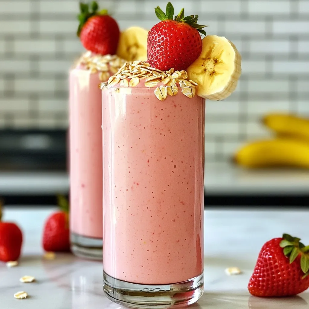 - 1 cup fresh or frozen strawberries - 1 ripe banana - 1/2 cup rolled oats - 1 cup almond milk (or any milk of your choice) - 1 tablespoon honey or maple syrup (optional for sweetness) - 1/2 teaspoon vanilla extract - A pinch of cinnamon (optional for warmth) - Ice cubes (optional, for an extra-thick smoothie) Fresh strawberries give a bright taste. Frozen strawberries work just as well if you want a chill. Use a ripe banana; it adds natural sweetness. Rolled oats make the smoothie creamy and filling. Almond milk is a great choice, but any milk works. Honey or maple syrup can sweeten your drink. A dash of cinnamon can warm the flavor. Ice cubes are perfect for a thicker, colder smoothie. For this recipe, you need one cup of strawberries. Measure half a cup of rolled oats. Use one cup of almond milk. A tablespoon of honey or maple syrup adds sweetness. Measure half a teaspoon of vanilla extract. Just a pinch of cinnamon is enough. If you like your smoothie icy, add a handful of ice cubes. This recipe serves two, so share with a friend or save one for later! {{ingredient_image_2}} Start by rinsing fresh strawberries under cold water. Remove the green tops. If using frozen strawberries, you can skip this step. Next, peel your ripe banana and break it into chunks. Measure out half a cup of rolled oats. This adds creaminess to your smoothie. Lastly, grab your almond milk, honey or maple syrup, vanilla extract, and a pinch of cinnamon. In a high-powered blender, add the strawberries, banana, and rolled oats. Pour in the almond milk. If you want sweetness, add the honey or maple syrup now. Stir in the vanilla extract and cinnamon. Blend on high speed until it's smooth. For a thicker smoothie, add a few ice cubes and blend again. Taste it. Adjust sweetness by adding more honey or syrup if needed. Pour your smoothie into tall glasses. For a fun touch, garnish with a banana slice and a whole strawberry on the rim. You can also sprinkle some rolled oats on top. Serve it right away for the best taste, or chill it for up to 30 minutes. Enjoy your delightful drink! To get the best texture in your smoothie, use ripe bananas. They add creaminess. Fresh or frozen strawberries also help. If you want it thicker, add ice cubes. Blend on high speed until everything is smooth. This way, the oats blend well too, giving a nice, creamy finish. Taste your smoothie before serving. If it's not sweet enough, add honey or maple syrup. Start with a tablespoon. You can always add more if needed. Remember, the ripeness of your banana affects sweetness too. A really ripe banana may mean you need less added sweetness. Make your smoothie look fun! Pour it into tall glasses. Top with a slice of banana and a whole strawberry on the rim. This makes it pop. For a little extra flair, sprinkle some rolled oats on top. It adds texture and makes it more inviting. Pro Tips Use Frozen Fruits: For a creamier and colder smoothie, use frozen strawberries and bananas. They will blend easily and provide a thick texture without needing additional ice. Experiment with Milk Alternatives: While almond milk works great, feel free to try coconut milk, oat milk, or soy milk for a different flavor profile and nutritional benefits. Add Protein: Boost the nutritional value of your smoothie by adding a scoop of your favorite protein powder or a tablespoon of nut butter for extra creaminess and staying power. Customize Your Sweetness: Depending on the ripeness of your banana and strawberries, you may need less or more sweetener. Always taste your smoothie before serving to adjust accordingly. {{image_4}} You can make your smoothie even healthier. Try adding a tablespoon of chia seeds. They add fiber and omega-3 fatty acids. Flax seeds are another great choice. Just one tablespoon gives you more fiber and protein. Want more greens? Toss in a handful of spinach. It blends well and adds nutrients without changing the taste. You can change the flavor of your smoothie easily. For a tropical twist, add some pineapple chunks. They bring sweetness and a bright taste. For a chocolate flavor, mix in a tablespoon of cocoa powder. This gives a rich taste that kids love. If you want a spicy note, try adding a dash of ginger or nutmeg. These spices can make your drink feel warm and cozy. This smoothie is easy to make dairy-free. Just use almond milk or coconut milk. Both add a nice creaminess without dairy. If you want to keep it vegan, skip the honey and use maple syrup instead. It gives a sweet touch without any animal products. You can also use agave syrup as a sweetener. It’s another great vegan option. To store any leftover Strawberry Banana Oat Smoothie, pour it into an airtight container. Seal it tightly to keep air out. You can store it in the fridge for up to 30 minutes. It tastes best fresh, but you can keep it for later if you need to. You can freeze this smoothie for a longer storage option. Pour it into ice cube trays or freezer-safe bags. If using bags, flatten them out for easy stacking. Once frozen, the smoothie will last for up to three months. You can blend the frozen cubes later for a quick treat. The shelf life of your Strawberry Banana Oat Smoothie is short. When kept in the fridge, it stays fresh for about 30 minutes. If frozen, it can last for up to three months. Always check for any change in smell or color before consuming. Yes, you can use other fruits! Try blueberries, mangoes, or even peaches. Each fruit brings its own flavor and texture. Just keep the same amount as the strawberries. Mix and match to find your favorite combo! A Strawberry Banana Oat Smoothie has about 250 calories per serving. This number can change based on the milk and sweetener you choose. For a lower calorie option, skip the honey or use less almond milk. This smoothie is packed with health benefits! - Strawberries are rich in vitamin C and antioxidants. - Bananas provide potassium and fiber, which aid digestion. - Rolled oats help keep you full and support heart health. - Almond milk adds calcium without extra calories. Together, they make a tasty drink that fuels your body well! We covered the key ingredients needed for a great Strawberry Banana Oat Smoothie and how to prepare it step by step. You learned tips for perfect texture and sweetness, plus fun variations to try. Proper storage and frequently asked questions were also addressed. This smoothie is simple, delicious, and good for you. Enjoy creating your own versions and sharing them with friends!