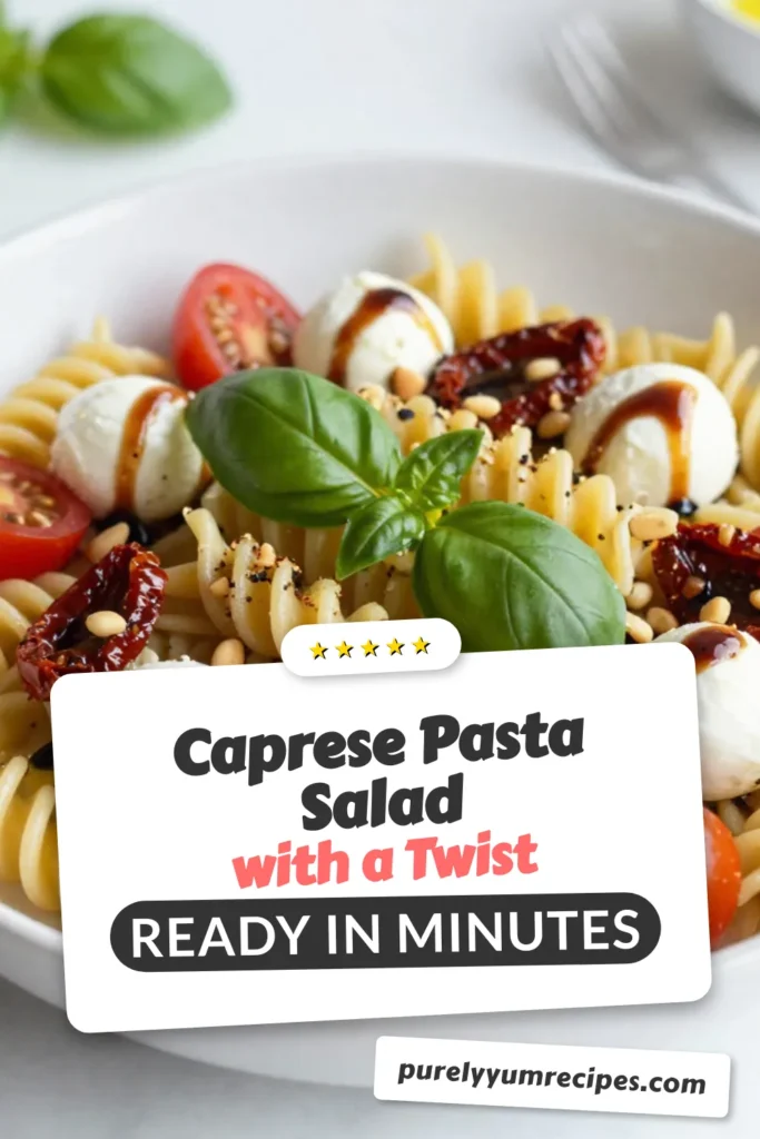 Discover the vibrant flavors of Caprese Pasta Salad with a Twist! This easy Italian pasta salad features fusilli pasta, fresh mozzarella balls, and sun-dried tomatoes, making it the perfect addition to any meal. Enjoy this delicious mozzarella and basil salad that's ready in just 30 minutes. Try this fusilli pasta salad recipe today and wow your guests! Save this recipe for your next gathering! #CapresePastaSalad #EasyItalianPastaSalad #PastaRecipe #FusilliPasta