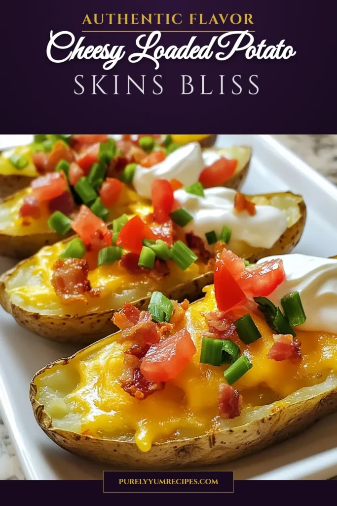 Satisfy your cravings with these cheesy loaded potato skins! This easy potato appetizer features crispy potato skins filled with hearty ingredients, making it a must-try loaded potato skins recipe. Baked to perfection and topped with melted cheddar and savory toppings, these cheesy potato skins are perfect for game days or gatherings. Ready to impress your guests? Click for the full recipe! #cheesypotatoskins #loadedpotatoskins #easyappetizer #bakedpotatoskins