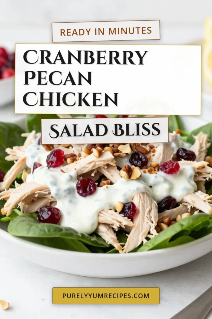 Discover the deliciousness of Cranberry Pecan Chicken Salad! This healthy chicken salad recipe combines shredded chicken, dried cranberries, and crunchy pecans, all mixed with creamy Greek yogurt for a tasty twist. Perfect as an easy chicken salad with nuts for lunch or dinner and great for meal prep! Ready in just 50 minutes, this dish is flavorful and satisfying. Try this recipe today and elevate your meal planning! #ChickenSalad #HealthyRecipes #MealPrep #EasyRecipes