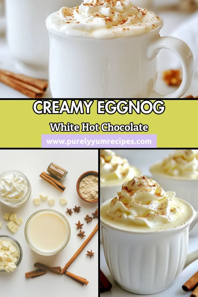 Indulge in the festive flavors of Eggnog White Hot Chocolate, a creamy eggnog drink that's perfect for the holidays! This easy white chocolate hot chocolate recipe blends rich eggnog with smooth white chocolate, creating a warm beverage that delights every palate. Perfect for cozy gatherings, this recipe will warm your heart and your home. Try this festive hot chocolate recipe today and savor the holiday spirit! #EggnogWhiteHotChocolate #CreamyEggnogDrinks #HolidayWarmBeverages #FestiveHotChocolateRecipes
