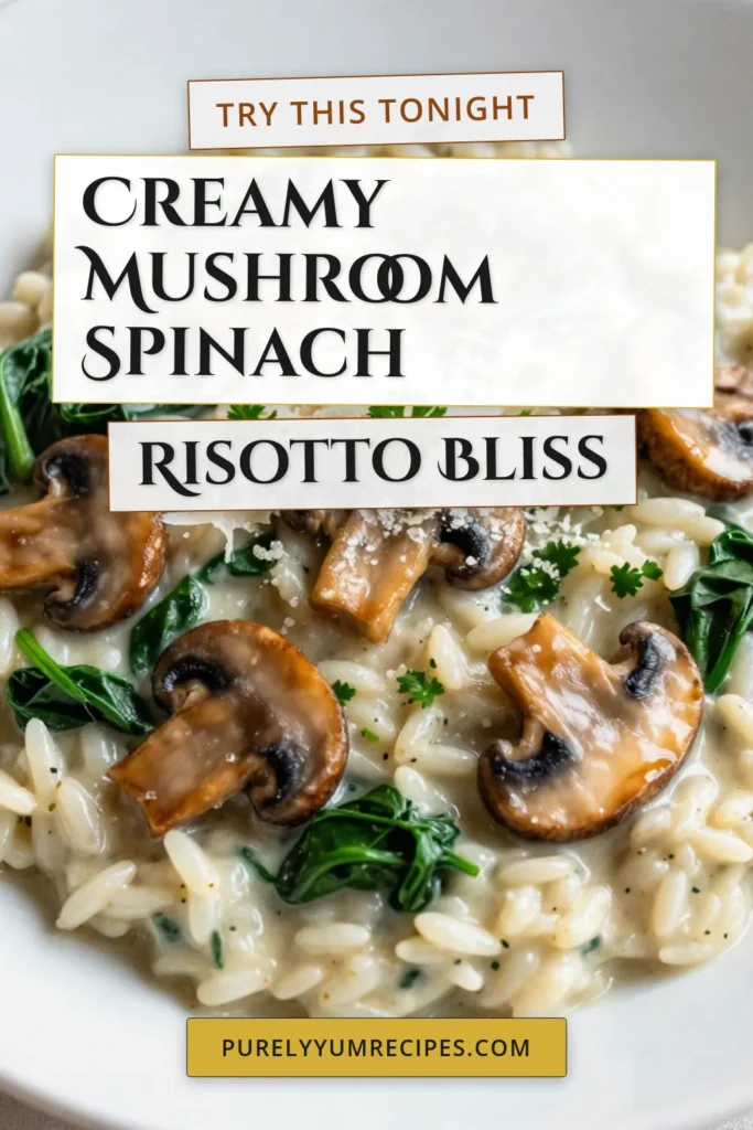 Discover the ultimate Creamy Mushroom Risotto with this delicious Spinach Risotto Recipe! Made with Arborio rice, sautéed mushrooms, and fresh spinach, this Vegetarian Risotto is a comforting dish perfect for any occasion. Indulge in the richness of Parmesan Risotto, ready in just 30 minutes. Don't miss out—try this easy recipe today and elevate your dinner! Save this post for later! #MushroomRisotto #VegetarianRecipes #RisottoLovers #HealthyEating