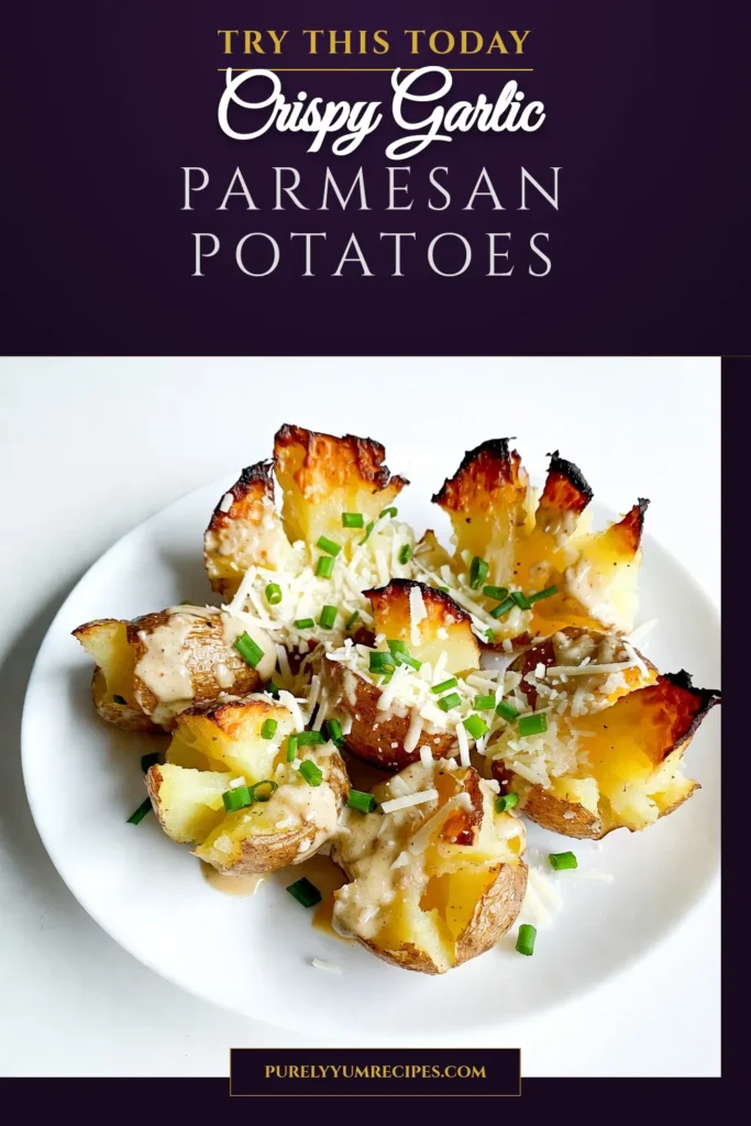 Indulge in the ultimate comfort food with these Garlic Parmesan Smashed Potatoes! This smashed potato recipe features creamy garlic potatoes made with Yukon gold smashed potatoes, dressed in melted butter and topped with crispy Parmesan cheese for a crunchy finish. Perfect as a side dish, these Garlic Parmesan potatoes are sure to impress. Try this recipe today and elevate your dinner table! Save for later! #SmashedPotatoes #GarlicParmesan #PotatoRecipe #ComfortFood