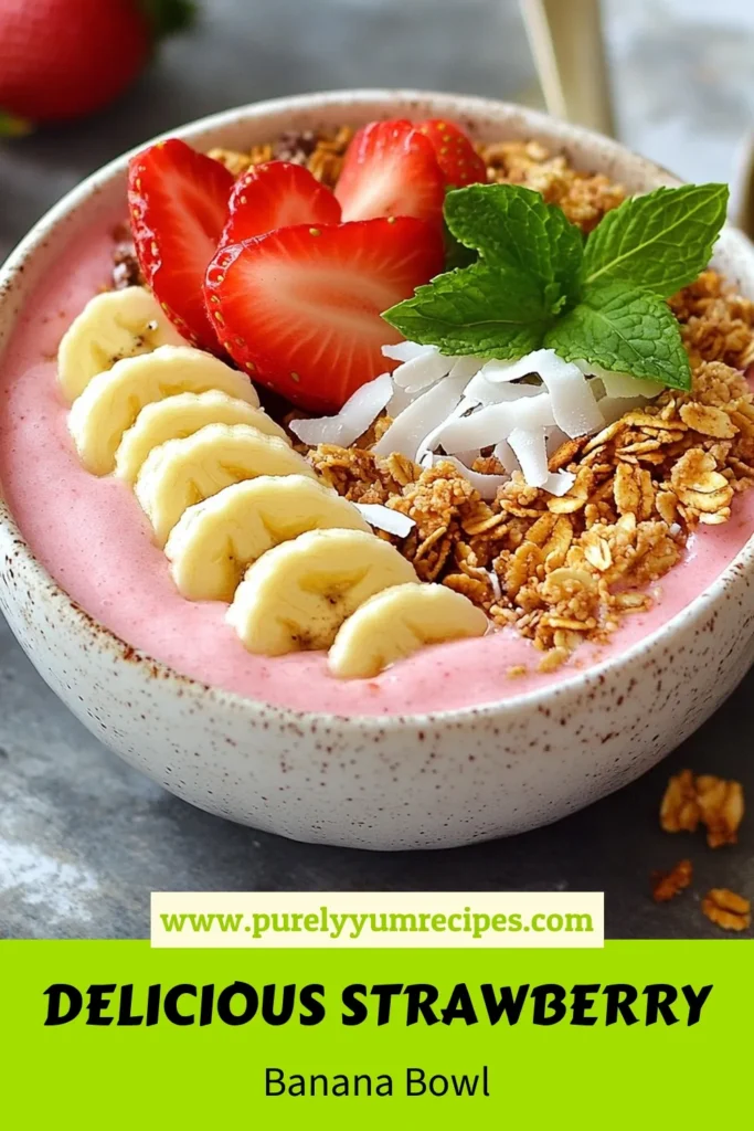 Start your day with a vibrant strawberry banana smoothie bowl packed with nutrition! This easy smoothie bowl recipe combines frozen strawberries, ripe bananas, and almond milk for a creamy, delicious breakfast smoothie bowl that's also vegan. Top it with granola, fresh fruit, and coconut for extra flair. Quick to make and perfect for a healthy meal! Try this strawberry banana smoothie bowl today! #SmoothieBowl #HealthyRecipes #VeganBreakfast #EasyRecipes