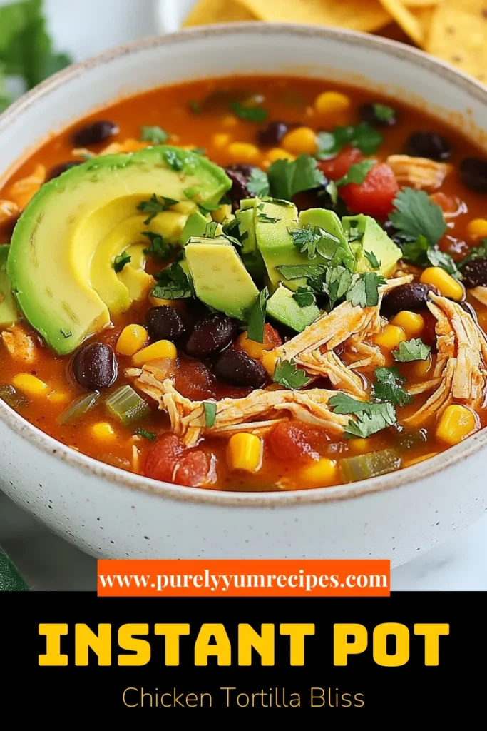 Looking for a delicious and easy meal? Try this Instant Pot Chicken Tortilla Soup! This sizzling Chicken Tortilla Soup recipe combines tender chicken, beans, corn, and vibrant spices for a flavor explosion. In just 30 minutes, you’ll have a comforting, Quick Pressure Cooker Tortilla Soup that’s perfect with avocado and tortilla chips on top. Don’t miss out on this Easy Tortilla Soup Instant Pot—save and share this recipe today! #InstantPotRecipes #TortillaSoup #ChickenSoup #EasyDinner