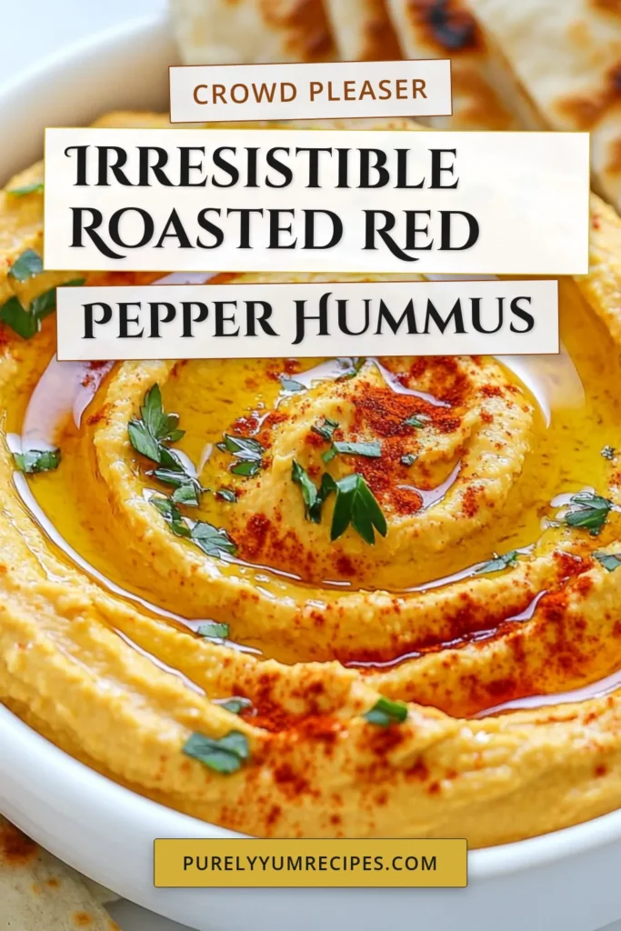Discover the deliciousness of roasted red pepper hummus with this easy hummus recipe! This creamy chickpea dip is a perfect vegan appetizer for any party or a tasty Mediterranean snack for everyday munching. With simple ingredients and quick prep, you'll have a crowd-pleasing dip ready in just 10 minutes. Try it today and elevate your snack game! Don't forget to save this recipe for later! #RoastedRedPepperHummus #EasyHummusRecipe #VeganAppetizer #DipRecipe