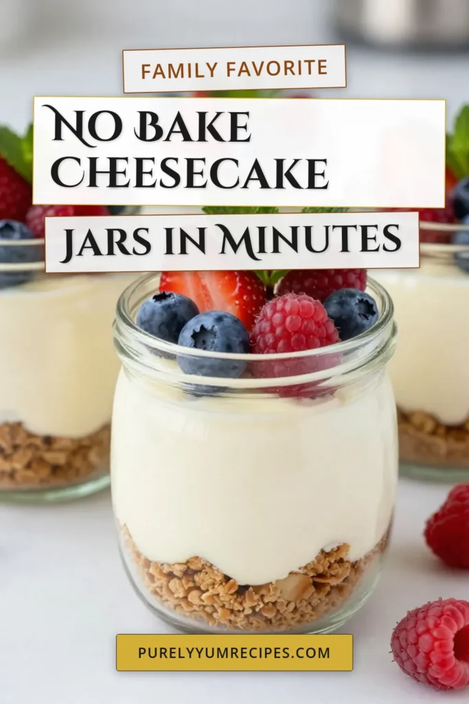 Satisfy your sweet tooth with these delightful no-bake cheesecake jars, the ultimate easy cheesecake recipe! Featuring a luscious cream cheese dessert layered with a buttery graham cracker crust and topped with fresh mixed berries, this dessert in jars is perfect for any occasion. Enjoy a quick prep time of just 15 minutes and chill for easy serving later. Save this recipe and impress your guests! #NoBakeCheesecakeJars #CreamCheeseDessert #MixedBerryCheesecake #DessertInJars