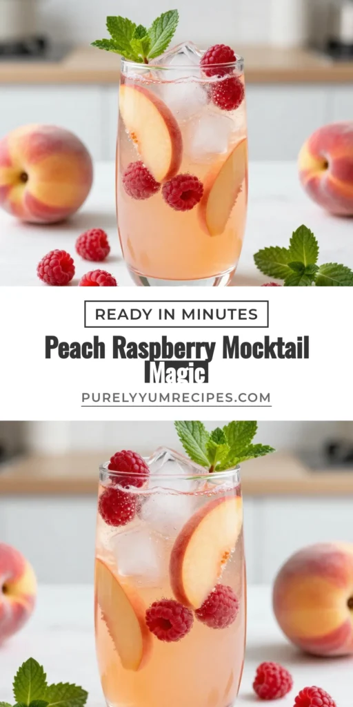 Quench your thirst this summer with a delightful Peach Raspberry Mocktail! This non-alcoholic peach drink combines the sweetness of ripe peaches and fresh raspberries for a refreshing summer mocktail. With peach nectar and sparkling water, this peach raspberry beverage is perfect for any gathering. Enjoy this sparkling peach raspberry cocktail that everyone will love! Save this recipe for your next celebration! #MocktailRecipes #SummerDrinks #NonAlcoholic #PeachRaspberry