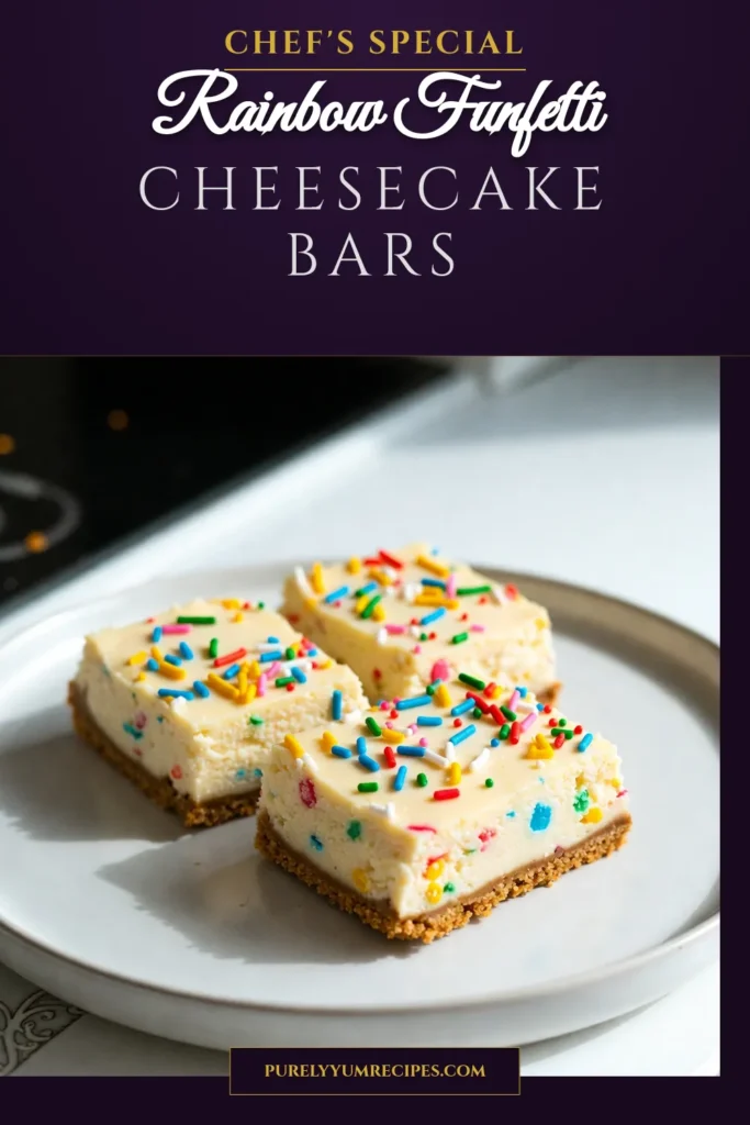 Indulge in the delightful taste of Funfetti Cheesecake Bars, the ultimate rainbow sprinkle dessert! This easy no-bake cheesecake recipe features a creamy cheesecake layer that's bursting with festive flavors, perfect for any occasion. Make this creamy cheesecake recipe for your next gathering and wow your guests. Save this festive dessert recipe for a sweet treat that everyone will love! #FunfettiCheesecakeBars #RainbowSprinkleDessert #NoBakeDesserts #CheesecakeRecipe