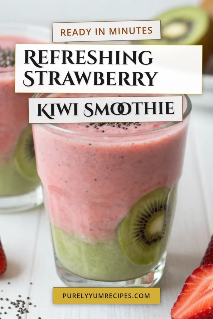 Discover the delightful Strawberry Kiwi Smoothie, a refreshing fruit smoothie that's perfect for a healthy breakfast or snack! This easy-to-make almond milk smoothie blends fresh strawberries, ripe kiwi, and banana, enhanced with chia seeds for an extra nutrition boost. Enjoy this delicious treat guilt-free! Try this healthy smoothie recipe today and enjoy a burst of flavor. Save this recipe for later! #StrawberryKiwiSmoothie #HealthySmoothieRecipes #RefreshingFruitSmoothie #ChiaSeedSmoothie