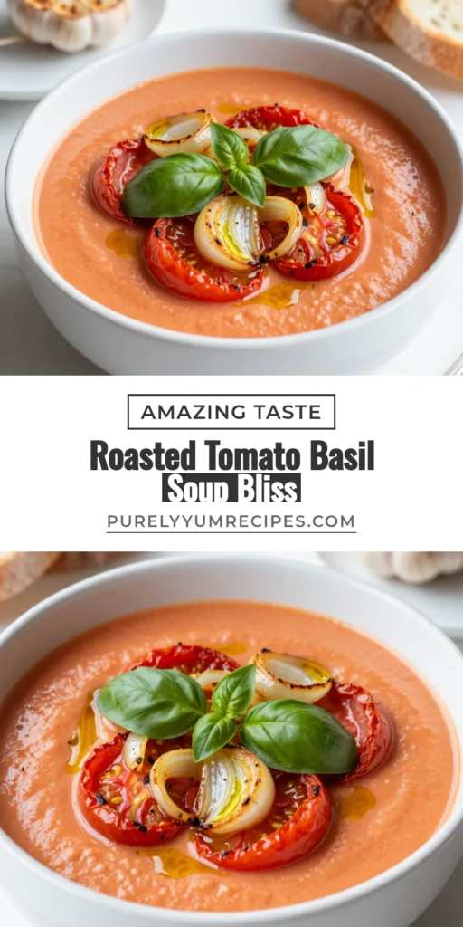 Discover the flavors of this creamy roasted tomato basil soup, the perfect homemade tomato soup recipe for any day. With fresh ingredients and easy steps, this easy basil soup will warm your soul. Made with roasted tomatoes, onion, garlic, and vegetable broth, it's a delightful vegetable broth soup recipe bursting with flavor. Save this recipe for a delicious meal tonight! #RoastedTomatoBasilSoup #HomemadeSoup #EasyBasilSoup #VegetableBrothRecipe