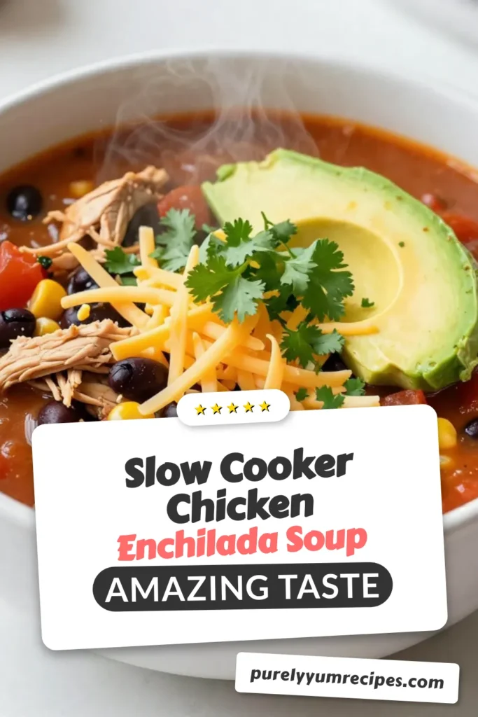 Warm up with this hearty slow cooker chicken enchilada soup! This easy chicken enchilada soup is packed with tender chicken, black beans, corn, and spices for a comforting meal. Perfect for busy nights, this enchilada soup with black beans is ready when you are, making it an ultimate comfort food recipe. Check out this delicious and simple recipe to impress your family! Save for later and enjoy! #ChickenEnchiladaSoup #ComfortFood #SlowCookerRecipes #EasyRecipes