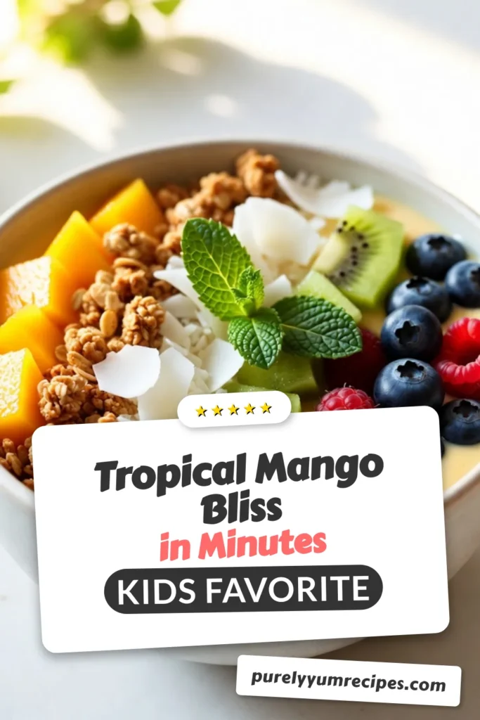 Start your day with a delicious tropical mango smoothie bowl that’s both refreshing and healthy! This quick breakfast smoothie bowl is made with ripe mangoes, frozen banana, and creamy coconut milk for a delightful taste. Top it with granola, shredded coconut, kiwi, and fresh berries for a nutritional boost. Perfect for anyone looking to enjoy a nutritious and vibrant meal! Try this healthy smoothie bowl recipe today! #SmoothieBowl #HealthyRecipes #TropicalMango #BreakfastIdeas