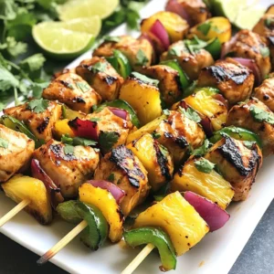 To make BBQ pineapple chicken kabobs, gather these key items: - 1 lb chicken breast, cut into 1-inch cubes - 1 cup fresh pineapple, cut into 1-inch chunks - 1 red bell pepper, cut into 1-inch squares - 1 green bell pepper, cut into 1-inch squares - 1 medium red onion, cut into 1-inch pieces These ingredients provide great taste and color. The chicken gives protein, while the veggies add crunch. Pineapple brings sweetness and helps balance the savory flavors. For a tasty marinade, you will need: - 1/4 cup soy sauce - 2 tablespoons honey - 2 tablespoons olive oil - 2 cloves garlic, minced - 1 teaspoon ground ginger - Salt and pepper to taste Mix these items to create a flavorful sauce. The soy sauce adds umami. Honey gives sweetness. Olive oil keeps the chicken moist. Garlic and ginger bring warm notes to the dish. When serving, arrange the kabobs on a nice platter. Here are some ideas: - Garnish with fresh cilantro or parsley for a pop of green. - Drizzle extra honey over the kabobs for added sweetness. - Serve with lime wedges for a zesty finish. These touches enhance the dish's look and taste. Feel free to pair these kabobs with rice or a fresh salad for a complete meal. Enjoy! {{ingredient_image_2}} To make the marinade, start by grabbing a medium bowl. Add 1/4 cup of soy sauce, 2 tablespoons of honey, and 2 tablespoons of olive oil. Then, add 2 minced garlic cloves and 1 teaspoon of ground ginger. Mix it all well until smooth. This marinade adds a sweet and savory taste to your chicken. Next, take 1 pound of chicken breast, cut into 1-inch cubes. Place the chicken into the marinade. Make sure each piece is fully coated. Cover the bowl with plastic wrap or a lid. Put it in the fridge for at least 30 minutes. For even more flavor, let it marinate for up to 2 hours. While the chicken is soaking up the flavors, preheat your grill to medium-high heat. Grab your skewers and start assembling. Thread the marinated chicken, along with 1 cup of fresh pineapple chunks, red and green bell pepper squares, and red onion pieces onto each skewer. Alternate the colors for a fun look. Now, place the kabobs on the grill. Cook them for about 10 to 12 minutes. Turn them often to ensure even cooking. The chicken should reach an internal temperature of 165&deg;F. In the last few minutes, brush on any leftover marinade for extra flavor. Once they&rsquo;re done, let the kabobs rest for a few minutes before serving. To get juicy chicken, marinate it well. Use a mix of soy sauce, honey, olive oil, garlic, and ginger. This blend adds flavor and helps keep the chicken moist. Make sure to coat each piece fully. Cover and chill for at least 30 minutes; two hours is even better. This gives the chicken time to soak up the tasty marinade. For those perfect grill marks, heat your grill to medium-high. Place the kabobs on the grill and do not move them for the first few minutes. This helps create those nice lines. After three to four minutes, turn them 90 degrees. This way, you get crosshatch marks. Flip the kabobs after another three to four minutes. How you serve the kabobs can make a big difference. Use a large platter for a nice look. Arrange the kabobs in a fan shape for visual appeal. Add a sprinkle of fresh herbs like cilantro or parsley on top. Drizzle a little honey over them for shine and sweetness. Serve with lime wedges for a zesty touch. These small details make a big impact! Pro Tips Soak Your Skewers: If using wooden skewers, soak them in water for at least 30 minutes before grilling to prevent them from burning on the grill. Marinate Longer: For the best flavor, let the chicken marinate for up to 2 hours. This allows the flavors to penetrate the meat more deeply. Alternate Ingredients: When assembling your kabobs, alternate the chicken, vegetables, and pineapple to ensure even cooking and a visually appealing presentation. Check Temperature: Use a meat thermometer to ensure the chicken reaches an internal temperature of 165&deg;F for safe consumption. {{image_4}} You can swap chicken for other meats. Try shrimp for a lighter option. Pork also works well, offering a nice sweetness. If you want a vegetarian dish, use firm tofu. Just press it first to remove excess water. This helps it soak up the flavors better. Mix up your veggies for more variety. Zucchini adds a nice texture and flavor. Cherry tomatoes give a pop of color and sweetness. Mushrooms are great for an earthy taste. Feel free to experiment with your favorites. Just keep all pieces about the same size for even cooking. To boost flavor, add a splash of lime juice or apple cider vinegar. These give a tangy kick. Try adding herbs like cilantro or basil for freshness. A pinch of red pepper flakes can add a spicy twist. Always taste the marinade before using it. Adjust to fit your flavor preferences. To keep leftover BBQ pineapple chicken kabobs fresh, place them in an airtight container. Make sure the kabobs cool down first. You can store them in the fridge for up to three days. Always label the container with the date to track freshness. When you&rsquo;re ready to eat your kabobs again, you can reheat them easily. The best method is to use an oven. Preheat your oven to 350&deg;F (175&deg;C). Place the kabobs on a baking sheet and cover them with foil. Heat for about 10-15 minutes. This keeps them juicy. You can also use a microwave, but they may dry out. Heat them in short bursts, checking often. If you want to store kabobs for a longer time, freezing is a good choice. Wrap each kabob tightly in plastic wrap or foil. Then, place them in a freezer-safe bag. You can freeze them for up to three months. When you&rsquo;re ready to cook, thaw them overnight in the fridge before reheating. This helps keep the taste and texture intact. You can check if the chicken is done by using a meat thermometer. The chicken should reach an internal temperature of 165&deg;F. You can also cut into a piece to see if it is no longer pink inside. Make sure the juices run clear. If they are still pink, cook it a bit longer. Yes, you can! If you don't have a grill, use an oven or a stovetop. For the oven, preheat it to 400&deg;F. Place the kabobs on a baking sheet and cook for about 20 minutes. Turn them halfway through cooking for even heat. If using a stovetop, use a grill pan over medium heat. Cook for about 10-12 minutes, turning often. Many sides go well with these kabobs. Here are some tasty ideas: - Rice or quinoa - Fresh green salad - Grilled corn on the cob - Garlic bread - Coleslaw These sides will complement the sweet and savory flavors of the kabobs. Enjoy! In this post, we explored the tasty world of BBQ Pineapple Chicken Kabobs. We covered the essential ingredients, the marinade, and how to grill these kabobs perfectly. I shared tips for marinating, presenting, and enhancing flavors. You can even try different proteins and veggies. Remember, leftovers can be stored or reheated easily. Now, you're ready to impress your family with this fun and delicious dish. Enjoy every bite of your homemade kabobs!