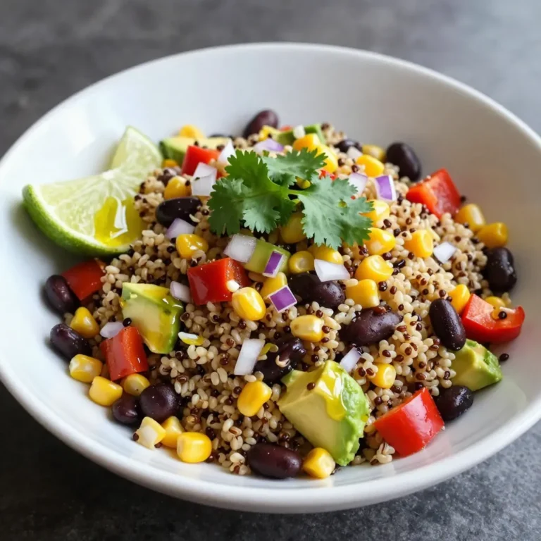- 1 cup quinoa, thoroughly rinsed - 1 can (15 oz) black beans, rinsed and drained - 1 can (15 oz) sweet corn, drained - 1 large red bell pepper, diced into small pieces - 1 ripe avocado, diced - 1 small red onion, finely chopped - 1 jalapeño pepper, deseeded and minced (optional, for an extra kick) - 1/4 cup fresh cilantro leaves, chopped The main ingredients give this salad its vibrant colors and great taste. Quinoa serves as the base. It’s high in protein and fills you up. Black beans add fiber and protein. Sweet corn brings a touch of sweetness. The red bell pepper adds crunch and color. Avocado gives creaminess and healthy fats. Red onion adds a bite, and cilantro brings freshness. Use jalapeño if you want some heat. - Juice from 2 fresh limes - 3 tablespoons extra virgin olive oil - 1 teaspoon ground cumin - 1 teaspoon chili powder - Salt and freshly ground black pepper, to taste The dressing is simple but full of flavor. Lime juice gives a zesty kick. Olive oil adds richness and smoothness. Cumin and chili powder add warmth. Salt and pepper balance the flavors. Together, they make every bite pop. - Caloric content per serving: Approximately 250-300 calories - Macronutrient breakdown: - Carbohydrates: 35g - Protein: 10g - Fats: 12g - Health benefits of quinoa: Quinoa is a complete protein. It means it contains all nine essential amino acids. It also has fiber, which helps digestion. This super grain is gluten-free, making it great for many diets. Eating quinoa supports heart health and can boost energy. {{ingredient_image_2}} First, rinse the quinoa under cold water. This step removes any bitter taste. Next, place the quinoa in a medium pot. Add two cups of vegetable broth or water. Bring this mix to a boil over medium-high heat. Once it boils, lower the heat and cover the pot. Let it simmer for about 15 minutes. The liquid should absorb, making the quinoa fluffy. After cooking, fluff it with a fork and set it aside to cool completely. Now, grab a large bowl. Combine the black beans, sweet corn, and diced red bell pepper. Add the diced avocado, finely chopped red onion, and minced jalapeño if you want some heat. Toss these ingredients gently to mix. Be careful not to mash the avocado. The texture is key for a great salad. In a small bowl, whisk together the lime juice and extra virgin olive oil. Add ground cumin, chili powder, salt, and black pepper. Mix them until they blend well. Once the dressing is ready, pour it over the salad. Then, add the cooled quinoa to the bowl. Gently toss everything together. Make sure all the ingredients are coated. Taste and adjust seasoning if you need more salt or pepper. For the best flavor, let the salad rest for at least 15 minutes. This helps the flavors mix well. To make your quinoa taste its best, rinse it well. Rinsing removes the bitter coating called saponin. Place the quinoa in a fine mesh strainer under cold water. Swirl it around for about 30 seconds. This simple step makes a big difference in taste. After cooking, fluff your quinoa for a light texture. Use a fork, not a spoon. Gently separate the grains to avoid mushy quinoa. Let it cool completely before mixing it with other ingredients. Want to spice things up? Add some fresh herbs like basil or parsley for a fresh twist. You can also use spices like smoked paprika or cayenne for added heat. Experimenting with flavors can make your salad unique. For protein, think about adding chicken, shrimp, or even tofu. These options boost nutrition and make the salad more filling. Try grilled chicken for a smoky flavor or marinated tofu for a tasty vegan option. For a beautiful presentation, serve your salad in a big bowl. Use a colorful bowl to make the dish stand out. You can also serve it in individual bowls for a nice touch at dinner parties. Garnish your salad with more fresh cilantro leaves. You can add lime wedges around the edges for a bright look. This not only enhances the dish's visual appeal but also gives a fresh flavor when served. Pro Tips Rinse Your Quinoa: Always rinse quinoa thoroughly before cooking to remove its natural coating, called saponin, which can give it a bitter taste. Let It Rest: Allow the quinoa salad to rest for at least 15 minutes after mixing. This resting period helps the flavors to meld and enhances the overall taste of the dish. Customize Your Veggies: Feel free to customize the vegetables based on your preference or what you have on hand. Adding ingredients like diced cucumbers or cherry tomatoes can add extra freshness. Make It Ahead: This salad stores well in the refrigerator, making it a great option for meal prep. Prepare it a day in advance for even better flavor development. {{image_4}} You can easily change the Southwest Quinoa Salad to fit your needs. If you are vegetarian, this salad is already a perfect choice. If you want it vegan, skip the cheese or add a vegan dressing. You can also swap out veggies. Try adding diced tomatoes for a juicy bite or crisp cucumbers for a refreshing crunch. Feel free to mix and match until you find your favorite combo. Using seasonal produce makes this salad even better. In summer, add some fresh peaches or cherry tomatoes to brighten the dish. In fall, consider roasted butternut squash or sweet potatoes for warmth and heartiness. These seasonal changes keep your salad fresh and exciting all year round. While the lime dressing is zesty, you can also try other options. A light vinaigrette can add a nice flair. If you prefer a creamy touch, yogurt dressings work well too. You can make your own or buy them. Just make sure to choose a dressing that complements the salad's flavors. To keep your Southwest Quinoa Salad fresh, store it in an airtight container. This keeps moisture in and prevents odors from mixing. The salad stays good in the fridge for up to three days. After that, the veggies may lose texture and flavor. If you notice any off smells or slimy veggies, it's best to toss it. Can the salad be frozen? Yes, but with some care. If you want to freeze it, leave out the avocado and cilantro. These ingredients do not freeze well. Portion the salad into freezer-safe containers. When you’re ready to eat, thaw it in the fridge overnight. Reheat it gently in the microwave or enjoy it cold. Preparing this salad ahead of time makes meals easier. Cook the quinoa and chop the veggies on a Sunday for the week. Store the quinoa and veggies separately. This keeps them fresh and crisp. You can mix them up just before eating. Use mason jars for easy portioning. Layer the ingredients to keep them fresh and visually appealing. Southwest Quinoa Salad lasts about 3 to 5 days in the fridge. Store it in an airtight container to keep it fresh. Always check for signs of spoilage, like an off smell or discoloration. If you notice these signs, it’s best to toss it. Yes, you can make this salad ahead of time. I often prepare it a day before serving. This helps the flavors mix well. Just store it in the fridge until you are ready to eat. If you add avocado, consider adding it just before serving to keep it fresh. Yes, this salad is gluten-free. The main ingredients, like quinoa and beans, do not contain gluten. Always check labels on packaged items, such as canned beans and broth, to ensure they are gluten-free. Enjoy this tasty salad without worry! Southwest quinoa salad is a colorful and nutritious dish. We covered key ingredients, the perfect dressing, and easy preparation steps. I shared tips to enhance flavor and customize your salad to your taste. Storing leftovers properly ensures you enjoy this salad longer. Experiment with your ingredients to create a new favorite. This salad is perfect for meal prep or quick lunches. With these tools, you can make a healthy dish full of flavor anytime. Enjoy making this salad your own!