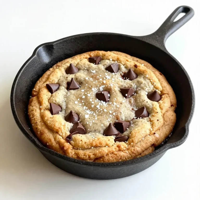 - 1 cup unsalted butter, melted - 1 cup packed brown sugar - 1/2 cup granulated sugar - 2 large eggs, at room temperature - 2 teaspoons pure vanilla extract - 2 1/4 cups all-purpose flour - 1 teaspoon baking soda - 1/2 teaspoon fine sea salt - 1 cup semi-sweet chocolate chips - 1/2 cup chopped nuts (such as walnuts or pecans, optional) - Flaky sea salt for garnishing You can make this cookie even more delightful by adding: - 1/2 cup of peanut butter chips for a nutty twist. - 1/2 cup of dried fruit, like cranberries or cherries, for a fruity flavor. - A sprinkle of cinnamon to warm up the taste. If you need to swap some ingredients, here are good options: - Use coconut oil instead of butter for a dairy-free choice. - Replace all-purpose flour with oat flour for a gluten-free version. - Use brown sugar instead of granulated sugar if you want a richer taste. These tips help you enjoy this dessert your way! {{ingredient_image_2}} Preheat your oven to 350°F (175°C). This step is key for even baking. A hot oven helps create a nice crust. In a large bowl, mix 1 cup of melted butter with 1 cup of packed brown sugar and 1/2 cup of granulated sugar. Whisk until smooth. This mix is the heart of your cookie. Add 2 large eggs, one at a time. Whisk each egg in well. Then stir in 2 teaspoons of pure vanilla extract. This adds rich flavor to your cookie. In another bowl, whisk 2 1/4 cups of all-purpose flour, 1 teaspoon of baking soda, and 1/2 teaspoon of fine sea salt. Gradually mix the dry ingredients into the wet mix. Stir gently. Do not overmix to keep the cookie soft. Fold in 1 cup of semi-sweet chocolate chips. If you like, add 1/2 cup of chopped nuts, like walnuts or pecans. Make sure they are evenly spread in the dough. Pour the dough into a large cast-iron skillet. Spread it into an even layer. For a nice touch, sprinkle some extra chocolate chips and a pinch of flaky sea salt on top. Place the skillet in your preheated oven. Bake for 25-30 minutes. Look for golden edges and a soft center. Keep an eye on it to avoid overbaking. Once baked, take the skillet out of the oven. Let the cookie cool a bit. Slice it into wedges or squares. Serve warm for the best experience! - Use room temperature eggs. This helps the dough mix well. - Don’t overmix the dough. Mix until just combined for a soft cookie. - Watch the baking time. Take it out when the edges are golden but the center is soft. - Forgetting to preheat the oven can lead to uneven baking. - Using cold ingredients can affect how well the dough forms. - Overbaking makes your cookie dry. Check it a few minutes early. - Serve warm straight from the skillet for a cozy treat. - Top with a scoop of vanilla ice cream for a classic touch. - Drizzle with chocolate syrup and sprinkle flaky sea salt for extra flavor. Pro Tips Use Room Temperature Eggs: Make sure your eggs are at room temperature to help them blend more easily into the batter, resulting in a smoother cookie dough. Don’t Overmix: After adding the dry ingredients to the wet, mix just until combined. Overmixing can lead to a tougher cookie rather than a soft and chewy one. Chill the Dough: For an even thicker cookie, consider chilling the dough for 30 minutes before baking. This helps the flavors meld and results in a better texture. Serve Warm: For the ultimate indulgence, serve your skillet cookie warm with a scoop of ice cream on top. The contrast between hot and cold is divine! {{image_4}} If you want a nut-free chocolate chip skillet cookie, it’s easy! Simply leave out the nuts in the recipe. You can still enjoy a rich and chewy cookie. The chocolate chips will shine on their own. You can also add more chocolate chips for extra sweetness. This way, everyone can enjoy the dessert without worry. To make a gluten-free version, swap the all-purpose flour for a gluten-free flour blend. Look for a blend that contains xanthan gum. This will help mimic the texture of regular flour. Follow the rest of the recipe just as you would. Your cookie will still be soft and delicious! You can mix in different flavors to make your skillet cookie unique. Try adding: - 1/2 teaspoon of almond extract - 1/2 cup of peanut butter chips - 1/2 cup of toffee bits - 1/4 cup of shredded coconut These additions add fun twists to the classic cookie. You can also top the warm cookie with ice cream or caramel sauce. This makes for an extra special treat. The possibilities are endless! To keep your chocolate chip skillet cookie fresh, store it in the skillet. Cover it tightly with plastic wrap or aluminum foil. This helps keep moisture in and prevents it from drying out. If you have leftover cookie slices, place them in an airtight container. Keep the container at room temperature for up to three days. To reheat your cookie, set your oven to 350°F (175°C). Place the skillet in the oven for about 10 minutes. This warms the cookie and makes it soft again. If you use a slice, you can pop it in the microwave for 15-20 seconds. This option gives you that warm, gooey texture. If you want to save some cookie for later, freezing works great. First, cool the cookie completely. Then, slice it into wedges. Wrap each slice in plastic wrap. Place the wrapped slices in a freezer bag. You can freeze them for up to three months. When ready to eat, thaw them overnight in the fridge, then reheat as mentioned above. Yes, you can make this cookie ahead of time. I suggest mixing the dough and storing it in the fridge. This keeps it fresh for up to 2 days. When ready to bake, just pour it into the skillet and bake as directed. You can also bake the cookie and store it in an airtight container. It lasts for about 3 days at room temperature. A cast-iron skillet is best for baking this cookie. It holds heat well and gives a nice crust. You can also use an oven-safe non-stick skillet. Just make sure it is 10-12 inches in diameter for even baking. Avoid using aluminum skillets, as they may not bake evenly. You know the cookie is done when the edges are golden brown. The center should feel set but still soft. It’s okay if it looks slightly underbaked in the middle. The cookie will continue to cook as it cools. Keep an eye on it during the last few minutes to avoid burning. Absolutely! You can use dark chocolate, milk chocolate, or even white chocolate. Mix and match types for a fun twist. You can also add chocolate chunks or chocolate-covered nuts for extra flavor. Just remember to adjust the sweetness if using very sweet chocolate. You now have all the tools to create a delicious skillet cookie. We covered ingredients, step-by-step instructions, and tips for perfect results. Remember, you can mix and match ingredients to suit your taste. Don’t shy away from adding your favorite flavors. Store leftovers well to enjoy later. Baking should be fun and tasty! Now, gather your ingredients and start baking. You’ll love the cookie you create!
