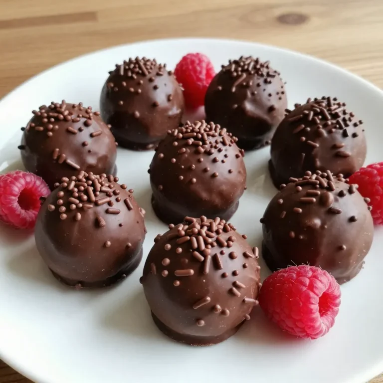 Let's gather everything you need to make these tasty chocolate raspberry truffles. - 8 oz dark chocolate (70% cocoa), finely chopped - 1 cup heavy cream - 1/2 cup fresh raspberries, pureed - 1 teaspoon pure vanilla extract - 1 cup chocolate sprinkles or cocoa powder (for coating) - Pinch of sea salt This list gives you the key flavors to create a rich and creamy treat. The dark chocolate adds a deep taste, while the fresh raspberries bring a bright, fruity note. Heavy cream makes the truffles smooth and indulgent. The vanilla extract enhances the overall flavor, and the sea salt balances the sweetness. When you choose your chocolate, aim for a cocoa content of 70%. This will ensure your truffles are not too sweet. Fresh raspberries are a must. Their natural tartness perfectly pairs with the creamy chocolate. For coating, you can use chocolate sprinkles for a fun crunch or cocoa powder for a classic touch. Both options look great and add to the flavor. Now that you have your ingredients, you're ready to dive into the next steps and make these delightful treats! {{ingredient_image_2}} First, take a medium saucepan. Pour in 1 cup of heavy cream. Heat it on medium. Stir the cream gently. Watch for it to simmer. Do not let it boil. Once it simmers, remove it from the heat. Next, add 8 oz of finely chopped dark chocolate to the hot cream. Stir slowly and keep mixing. You want it to melt fully. When it is smooth, you have a ganache. This is the rich base for your truffles. Now, take 1/2 cup of pureed raspberries. Add it to the ganache. Add 1 teaspoon of pure vanilla extract too. Mix well until it is all blended. The mixture should now smell amazing and look glossy. A pinch of sea salt enhances the flavor. Let the ganache cool at room temperature for about 10 minutes. After that, cover it with plastic wrap. Place it in the fridge for about 2 hours. This helps it get firm enough to scoop. Once the ganache is set, take a small cookie scoop. Scoop out about 1 inch of the mixture. Roll it between your palms to make a smooth ball. Next, choose your coating: chocolate sprinkles or cocoa powder. Roll each truffle in the coating and shake off the extra. Place the coated truffles on a lined baking sheet. Refrigerate them for another 30 minutes. This helps them set fully. Now they are ready to enjoy, looking beautiful and tasting divine! To make a smooth ganache, avoid boiling the cream. Heat it gently until it simmers. This keeps the chocolate from seizing. Stir the chocolate in slowly. Keep mixing until it turns glossy. This step is key for a rich texture. If you see lumps, you can use a whisk. This will help break them up for a perfect finish. When forming truffles, aim for about one inch in diameter. This size is easy to eat and looks great. Use a small cookie scoop for even sizes. This will help you create uniform truffles. If you want larger ones, adjust the coating amount. Just remember, bigger truffles take more time to set. While chocolate sprinkles and cocoa powder are classic coatings, you can try others. Finely chopped nuts or shredded coconut add a nice crunch. You can also dust them with powdered sugar for a sweet touch. For a bolder flavor, use crushed espresso beans. Mix and match to find your favorite look and taste! For a stunning display, use a decorative platter. Arrange the truffles in neat rows or a circle. Add small cupcake liners for a fun touch. Place fresh raspberries around the truffles to brighten the plate. This little detail makes a big difference. Your guests will love the vibrant colors and elegant look! Pro Tips Choose Quality Chocolate: Use high-quality dark chocolate with at least 70% cocoa for the best flavor and texture in your truffles. Fresh Raspberry Purée: Make sure to use fresh raspberries for the purée; frozen ones can introduce excess moisture and alter the truffle consistency. Temperature Control: When heating the cream, avoid boiling it to prevent a grainy texture in your ganache. Perfectly Coated Truffles: After rolling in sprinkles or cocoa powder, gently shake off excess to ensure a beautiful presentation and prevent messiness. {{image_4}} You can make these truffles vegan by swapping some ingredients. Use dark chocolate that is dairy-free. Instead of heavy cream, use full-fat coconut milk. This keeps the truffles rich and creamy. The flavor will still shine through. Follow the same steps for mixing and chilling. You’ll get a wonderful vegan treat that everyone will love. These truffles are naturally gluten-free! Just make sure your chocolate sprinkles or cocoa powder are gluten-free too. Many brands offer gluten-free options, so check the labels. This way, everyone can enjoy these rich bites without worry. Want to give your truffles a twist? You can add liqueurs for extra flavor. A splash of raspberry liqueur can boost the fruity taste. Or, try coffee liqueur for a mocha flavor. Just mix a tablespoon into the ganache before you chill it. This small change makes a big impact! You can also add spices like cinnamon or chili powder for warmth. Explore these options to create your own unique truffle experience. To keep your chocolate raspberry truffles fresh, store them in an airtight container. Place a layer of parchment paper between truffles to avoid sticking. Keep the container in the fridge to maintain their rich texture. Avoid leaving them out at room temperature for long, as they can soften. When stored properly in the fridge, these truffles last up to two weeks. After that, the flavors may fade. If you notice any changes in taste or texture, it’s best to toss them. Trust your senses; they will guide you. You can freeze chocolate raspberry truffles for longer storage. First, let them set in the fridge. Then, place them in a single layer on a baking sheet. Freeze for about one hour until solid. After that, transfer them to an airtight container or freezer bag. They can last up to three months in the freezer. When ready to enjoy, thaw them in the fridge for a few hours before serving. This way, you can savor the delight whenever you wish. Yes, you can use milk chocolate. It will make the truffles sweeter and creamier. However, the rich taste of dark chocolate adds depth. If you choose milk chocolate, consider reducing the sugar in your recipe. The ganache is ready when the chocolate fully melts in the cream. Stir until it looks smooth and glossy. If it feels thick but creamy, it's perfect for truffles. Let it cool, so it firms up for scooping. Raspberries are low in calories and high in fiber. They are packed with vitamins, minerals, and antioxidants. These nutrients help fight inflammation and support heart health. Eating raspberries can boost your immune system too. You can find pre-made truffles at specialty chocolate shops or gourmet stores. Many bakeries also sell them. Online marketplaces offer a variety of brands and flavors. Check local listings for shops near you. Yes, you can make truffles ahead. They store well in the fridge for about a week. For longer storage, freeze them. Just make sure to keep them in an airtight container. Thaw them in the fridge before serving. You now have a clear plan to make your own chocolate raspberry truffles. We covered the key ingredients, easy steps, and tips to create your perfect treat. Remember, variations can make your truffles unique. Store them correctly to enjoy longer. With this guide, you can impress family and friends. Have fun experimenting and creating delicious flavors! Enjoy every bite of your tasty truffles.