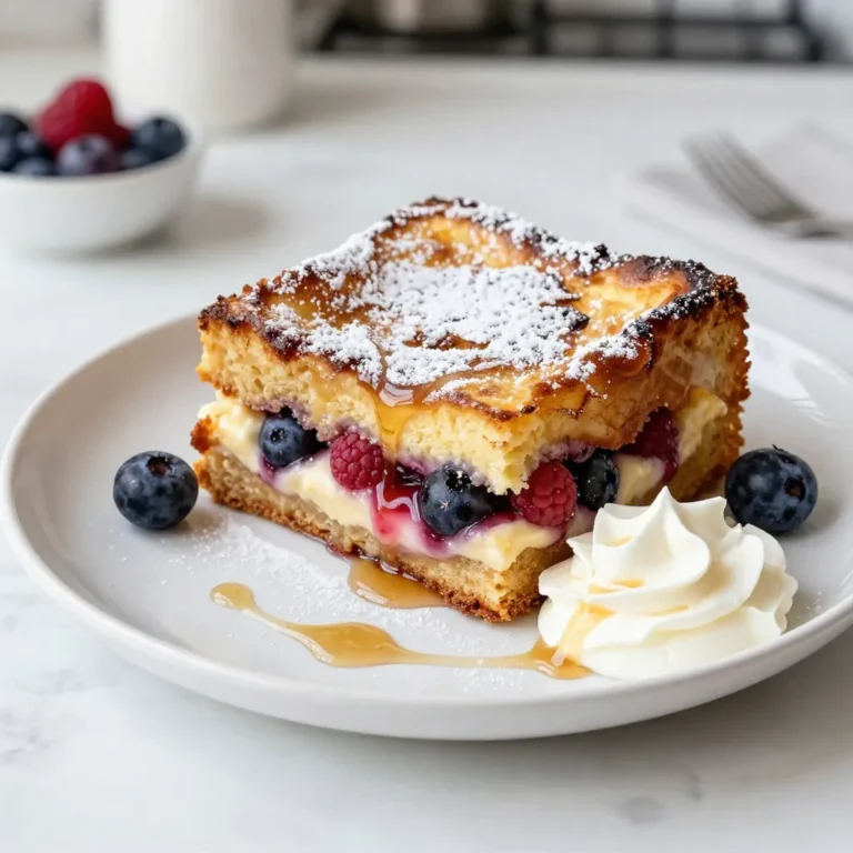 - 8 slices of thick white bread (brioche or challah) - 1 cup cream cheese, softened - 1/2 cup powdered sugar - 1 teaspoon pure vanilla extract - 4 large eggs - 1 cup whole milk - 1 teaspoon ground cinnamon - 1/4 cup pure maple syrup - 2 cups mixed berries (strawberries, blueberries, raspberries) - Whipped cream - Additional maple syrup for serving This dish starts with a solid base of bread. I love using brioche or challah. They soak up the egg mixture well. The soft cream cheese adds a rich, smooth layer. Mixing it with powdered sugar and vanilla gives it sweetness and flavor. I use four large eggs for the egg mixture. They help bind everything together. Whole milk keeps it creamy and rich. A hint of cinnamon adds warmth to the dish. Maple syrup brings in a sweet touch that pairs nicely with berries. For toppings, I use a mix of berries. Strawberries, blueberries, and raspberries create a colorful and tasty contrast. Whipped cream makes it feel like a treat. A drizzle of maple syrup on top adds extra sweetness. This dish is not just easy; it’s delicious too! You can enjoy it for breakfast or brunch. The blend of flavors and textures makes every bite a delight. {{ingredient_image_2}} - Preheat your oven to 350°F (175°C). - Grease a 9x13-inch baking dish with cooking spray or butter. - Cut the thick bread into 1-inch cubes. This makes it easy to layer. - In a bowl, beat the cream cheese until smooth. - Add the powdered sugar and vanilla extract. Mix well until creamy. - Spread this cheesecake mixture over the bread cubes in the dish. - Scatter the mixed berries over the cheesecake layer. - Place the remaining bread cubes on top of the berries. - In another bowl, whisk the eggs, milk, cinnamon, and maple syrup. - Pour this egg mixture over the layers, pressing down gently. - Cover the dish with aluminum foil. - Bake for 30 minutes. Then, remove the foil and bake for another 15-20 minutes. - The top should turn golden brown and feel set when done. - Let it cool for 5-10 minutes before slicing. - Serve warm, topped with whipped cream and a drizzle of maple syrup. - For a lovely touch, add fresh berries and a sprig of mint to the plate. You can change the berries to suit your taste. Try raspberries, blackberries, or even cherries. Each type of berry gives a new flavor. You can mix and match to find your favorite. If you want a lighter option, swap cream cheese with Greek yogurt. It has a nice tang and cuts the fat. This makes the dish creamy while keeping it healthy. Add zest from a lemon or orange to the egg mix. This adds a bright taste that pairs well with the berries. A little zest goes a long way in making flavors pop. You can also use flavored extracts like almond or coconut. Just a few drops can change the whole dish. It’s a great way to make the recipe your own. Make sure the bread absorbs the egg mixture evenly. Press down gently with a spatula. This helps keep the bake moist and flavorful. Check for doneness by inserting a knife into the center. It should come out clean if the bake is ready. If it’s still wet, give it a few more minutes in the oven. This step ensures a perfect texture every time. Pro Tips Use Day-Old Bread: For the best texture, use bread that is a day or two old. It will absorb the egg mixture better, resulting in a creamier bake. Mix Berries Varieties: Feel free to mix and match your favorite berries. Consider adding blackberries or even peaches for a unique twist! Adjust Sweetness: If you prefer a sweeter dish, increase the powdered sugar in the cheesecake mixture or add more maple syrup to your egg mixture. Make Ahead: You can prepare this dish the night before. Just assemble it, cover it, and refrigerate overnight. Bake it in the morning for a hassle-free breakfast! {{image_4}} You can change the berries based on the season. In summer, use more strawberries for a strawberry shortcake style. It adds a fresh twist and makes it brighter. In fall, swap the berries for apples or pumpkin. This gives a warm and cozy flavor perfect for cooler days. If you need a gluten-free bake, use gluten-free bread. There are many options like gluten-free brioche. Just be sure to check the labels for any hidden gluten. Adapting this recipe for gluten-free diets is easy. Just follow the same steps, and you’ll still enjoy the great taste. To make this dish vegan, replace the eggs with flax eggs or chia seeds. Mix one tablespoon of flaxseed meal with three tablespoons of water for each egg. Use vegan cream cheese instead of regular cream cheese. This way, you can create a tasty treat that everyone can enjoy. After you finish your Berry Cheesecake French Toast Bake, let it cool. Store leftovers in an airtight container. This helps keep it fresh and tasty. You can keep it in the fridge for about 3 to 4 days. If you want the best taste, eat it sooner. To enjoy your leftovers, the best way to reheat is in the oven. Preheat the oven to 350°F (175°C). Place the bake in a baking dish and cover it with foil. This keeps the moisture inside. Heat for about 15 to 20 minutes until warm. You can also use a microwave, but be careful. Heat in short bursts to avoid drying it out. If you want to freeze the bake, prepare it before baking. Assemble the layers in your dish, but do not bake it yet. Cover it tightly with plastic wrap and foil. You can freeze it for up to 2 months. When you want to eat it, thaw it overnight in the fridge. Then, bake it as usual, adding a few extra minutes to the time. Enjoy your delicious breakfast treat anytime! You can prep the bake the night before. Start by cutting the bread into cubes and placing half in the baking dish. Then, mix the cream cheese, sugar, and vanilla. Spread that over the bread. Add the berries and top with the rest of the bread cubes. Next, whisk together the eggs, milk, cinnamon, and syrup. Pour this over the layered bread and berries. Cover the dish with foil and place it in the fridge overnight. In the morning, you can bake it right away. Just remember to bake it for the same time. Yes, you can use frozen berries! They work well in this recipe. However, thaw and drain them first. This keeps the bake from getting too soggy. When you use frozen berries, they may release some juice during baking. This adds flavor but may change the texture slightly. Consider adding a little extra sugar if the berries are tart. This can help balance the flavors. If you need a swap for cream cheese, try Greek yogurt. It gives a nice creamy texture and adds a bit of tang. You can also use mascarpone cheese for a richer taste. If you want a dairy-free option, consider using vegan cream cheese. These options can change the flavor a bit but still work well in this dish. This blog post takes you through creating a Berry Cheesecake French Toast Bake. We explored the main ingredients, from the thick bread to the creamy mixture. I shared step-by-step instructions and tips for perfecting your bake. You can customize it with different berry mixes or even make it gluten-free or vegan. Remember, storing leftovers properly helps maintain their taste. This dish is a delightful way to impress family and friends. Enjoy every bite, and don’t be afraid to experiment with flavors!