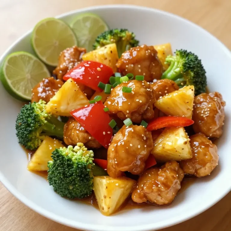 - Chicken and Vegetables - 2 boneless, skinless chicken breasts, cut into 1-inch cubes - 1/2 cup pineapple chunks - 1/2 bell pepper, diced - 1/2 cup broccoli florets - 1/2 cup sugar snap peas - Sauce Components - 1/4 cup cornstarch - 1 egg, beaten - 1/4 cup soy sauce - 1/4 cup apple cider vinegar - 1/4 cup honey - 2 tablespoons ketchup - 2 tablespoons vegetable oil - 1 teaspoon grated ginger - 1 clove garlic, minced - Salt and pepper to taste - Optional Garnishes - Chopped green onions - Sesame seeds - Lime wedges {{ingredient_image_2}} Coating the Chicken with Cornstarch First, take the chicken breasts and cut them into 1-inch cubes. In a medium bowl, add the chicken pieces. Then, sprinkle in salt, pepper, and 1/4 cup of cornstarch. Toss the chicken well until every piece is coated. This coating helps create a crispy texture when we cook it. Sautéing the Chicken Next, heat 1 tablespoon of vegetable oil in a large skillet over medium-high heat. Once the oil is hot, add the coated chicken to the skillet. Cook the chicken for about 5-7 minutes. You want it to turn golden brown and be cooked through. When done, take the chicken out and set it aside on a plate. Removing the Chicken from the Skillet Make sure to leave any tasty bits in the skillet. These will add flavor to your dish later. Now, we’re ready to move on to the vegetables. Sautéing Aromatics In the same skillet, add another tablespoon of vegetable oil. Once hot, add 1 teaspoon of grated ginger and 1 clove of minced garlic. Sauté these for about a minute. You want them to smell great but be careful not to burn them. Stir-Frying the Vegetables Now, toss in 1/2 diced bell pepper, 1/2 cup of broccoli florets, and 1/2 cup of sugar snap peas. Stir-fry these for about 3-4 minutes. You want the vegetables to be bright and tender but still have a nice crunch. Mixing Chicken with Vegetables Once the vegetables are ready, add the cooked chicken back to the skillet. Mix everything well to combine the flavors. Adding and Cooking the Sauce In a small bowl, whisk together 1/4 cup of soy sauce, 1/4 cup of apple cider vinegar, 1/4 cup of honey, and 2 tablespoons of ketchup. Pour this sauce over the chicken and vegetables in the skillet. Gently fold in 1/2 cup of pineapple chunks. Cook for another 2-3 minutes. This will let the sauce thicken and coat every bite nicely. - Coating Techniques: To get the chicken crispy, coat it well in cornstarch. Toss the cubed chicken in a bowl with salt, pepper, and cornstarch. Make sure every piece is covered. This helps lock in moisture and adds crunch when cooked. - Cooking Temperature: Heat the oil in your skillet to medium-high. This ensures the chicken browns nicely. If the heat is too low, your chicken will steam instead of fry. Aim for a nice golden color to show that it’s cooked just right. - Adjusting Sweetness and Tartness: Sweet and sour chicken shines when you balance the flavors. If it’s too sweet, add a splash more vinegar. If it’s too tart, a bit more honey can help. Taste as you go to find the right mix for you. - Adding Fresh Ingredients: Fresh veggies make a big difference. Try using colorful bell peppers and crisp snap peas. They not only add flavor but also nice texture and nutrients. Fresh pineapple also boosts the taste. - Serving Suggestions: Serve your sweet and sour chicken over rice or noodles. This absorbs the sauce and enhances each bite. Use a colorful bowl to make the dish pop. - Garnishing Ideas: For that extra touch, sprinkle some chopped green onions or sesame seeds on top. You can add lime wedges on the side. They give a fresh twist and bright flavor to the dish. Pro Tips Coat the Chicken Well: Make sure each piece of chicken is evenly coated with cornstarch to achieve that irresistible crispy texture. Use Fresh Ingredients: Whenever possible, opt for fresh vegetables and pineapple to enhance the dish's flavor and nutritional value. Control the Heat: Keep the heat at medium-high to ensure the chicken cooks quickly and remains juicy while the vegetables retain their crunch. Let the Sauce Thicken: Allow the sauce to simmer for a few extra minutes to ensure it thickens properly and clings to the chicken and veggies. {{image_4}} Using Shrimp or Tofu You can switch out chicken for shrimp or tofu. Shrimp cooks quickly and adds a nice seafood twist. Tofu soaks up flavors well and is a great plant-based option. Just make sure to press the tofu first to remove excess water. This keeps it from being soggy when cooked. Exploring Different Meats Feel free to try other meats like pork or beef. Pork tenderloin works great and adds richness. Chicken thighs can also be used for extra juiciness. Adjust cooking times as needed to ensure all proteins are fully cooked. Other Colorful Vegetables You can add more vibrant veggies to the mix. Try carrots, snap peas, or even zucchini. This not only makes the dish look good but adds more nutrients too. Just cut them into bite-sized pieces for even cooking. Seasonal Options Using seasonal vegetables can enhance flavor. In spring, add asparagus or peas. In summer, corn or bell peppers shine. Adjust your recipe based on what’s fresh and available. Gluten-Free Options To make this dish gluten-free, use tamari instead of soy sauce. This keeps the flavor but removes gluten. Make sure to check your other ingredients too, like ketchup. Vegan-Friendly Choices For a vegan version, swap out chicken for tofu or tempeh. Use maple syrup instead of honey for sweetness. This keeps the dish tasty while meeting dietary needs. - Use airtight containers to keep your sweet and sour chicken fresh. - Allow the dish to cool before sealing. This prevents moisture buildup. - Place the containers in the fridge. It stays good for 3-4 days. - For the best texture, use a skillet for reheating. - Heat on low to medium heat, stirring often. This keeps the chicken juicy. - Avoid overcooking; aim for about 5-7 minutes until hot. - To freeze, let the dish cool completely. - Pack it in freezer-safe bags or containers. Remove as much air as possible. - For thawing, place it in the fridge overnight or use the microwave. - Reheat in a skillet for the best taste and texture. Sweet and sour chicken is a tasty dish that combines chicken with a tangy sauce. The dish features colorful veggies and juicy pineapple. It has both sweet and tangy flavors that many people love. Popular variations include adding different vegetables, such as carrots or zucchini. Some cooks swap chicken for shrimp or tofu. This keeps the dish fresh and exciting. Yes, you can make sweet and sour chicken ahead of time. This is a great option for meal prep. You can cook the chicken and veggies first, then store them separately. Tips for making in advance include using airtight containers. Keep the sauce in a separate container to avoid soggy chicken. Reheat the meal on the stove or in the microwave when ready to serve. To make sweet and sour chicken less sweet, adjust the honey in the sauce. Use less honey or skip it altogether. You can also add more soy sauce for a saltier taste. Recommended ingredient swaps include using vinegar instead of honey for tartness. You can also add more veggies, like bell peppers, to balance the sweetness. This blog post covered everything you need for perfect Sweet and Sour Chicken. We explored key ingredients, step-by-step cooking methods, and helpful tips to achieve the best texture and flavor. You learned about variations for different diets and how to store leftovers properly. Remember, cooking is all about adjusting to your taste. Feel free to get creative with your ingredients! With these insights, you can impress anyone at your dinner table. Enjoy your cooking journey!