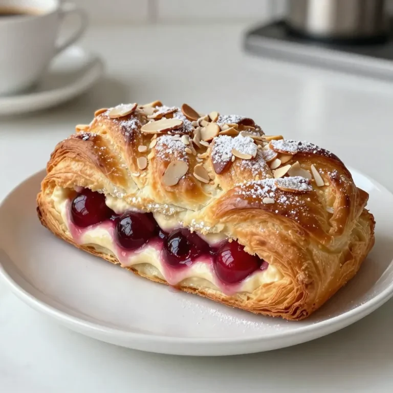 For this recipe, you need 1 sheet of puff pastry, fully thawed. Puff pastry gives the braid its flaky and light texture. You can find it in the frozen section of your grocery store. Make sure it is completely thawed before you start. You will need 1 cup of cherry pie filling. This adds a sweet and tart flavor to the braid. You can use store-bought cherry pie filling or make your own with fresh cherries. For the almond cream, use 1/2 cup. You can buy it or make it at home. If you want to make it, blend ground almonds, sugar, and a bit of butter. It will add a rich taste that pairs well with cherries. - 1 egg, beaten (for egg wash) - 1/4 cup sliced almonds - 2 tablespoons powdered sugar (for garnishing) - 1 teaspoon vanilla extract - 1/2 teaspoon almond extract - 1 tablespoon milk (optional, to adjust almond cream consistency) Having these ingredients ready will set you up for a successful baking experience. Enjoy crafting this delightful Cherry Almond Danish Braid! {{ingredient_image_2}} First, preheat your oven to 400°F (200°C). This helps the pastry rise perfectly. Line a baking sheet with parchment paper. This keeps the braid from sticking. Next, take your thawed puff pastry sheet. Place it on a clean, lightly floured surface. Gently roll it out to about 10x14 inches. You want a smooth rectangle with no creases. Spread the almond cream down the center of the pastry. Make sure to leave about 2 inches on each side. Drizzle vanilla and almond extracts over the cream. Then, spoon cherry pie filling on top. Spread it evenly for the best taste. Now, starting at the edges, make diagonal cuts about 1 inch apart. This creates strips on both sides. Fold the strips over the filling, alternating sides. This gives a nice braided look. Keep braiding until the filling is fully covered. Tuck the ends under to seal the braid. Brush the top with beaten egg for color. Sprinkle sliced almonds on top for crunch. Place it in the oven and bake for 25-30 minutes. Look for a golden brown finish. Once baked, cool for a few minutes. Dust with powdered sugar for a lovely touch. To get the best puff pastry, always use a fully thawed sheet. Keep the pastry cold until you roll it out. If it warms up, it won’t puff well. Lightly flour your surface to avoid sticking. Roll it to about 10x14 inches for even baking. Thin layers help it rise beautifully. Cherry almond is a classic mix, but feel free to get creative! Use different fruits like blueberries or peaches. You can swap almond cream for cream cheese for a rich flavor. Add spices like cinnamon or nutmeg for warmth. Each choice adds a unique twist to your Danish braid. An egg wash gives your braid a shiny, golden finish. Brush the top with a beaten egg just before baking. This step is key for that perfect color. Also, watch the oven closely. If it browns too fast, lower the heat. Aim for a beautiful golden brown for the best look and taste. Pro Tips Use Cold Puff Pastry: Ensure your puff pastry is cold when you work with it; this helps create those delicious, flaky layers when baked. Customize Fillings: Feel free to experiment with other fruit fillings like raspberry or blueberry for a different flavor profile. Egg Wash Alternatives: For a vegan option, you can use almond milk or soy milk brushed on the pastry before baking for a golden finish. Serve Warm: This Danish braid is best served warm right out of the oven to enjoy the flaky texture and warm cherry filling. {{image_4}} You can change the fruit filling to suit your taste. Try using blueberry, raspberry, or even peach. Each fruit adds its own flavor. Just make sure to use a similar amount as the cherry pie filling. This keeps the braid balanced and delicious. Nuts can give your Danish braid extra crunch. You can use chopped walnuts, pecans, or hazelnuts. Simply mix them into the almond cream or sprinkle them on top. This adds a nice texture and richer taste. Just remember, if you have nut allergies, skip this step for safety. You can switch up the flavors in your cream. Use different extracts like orange or lemon for a fresh twist. You can also mix in a bit of cocoa powder for a chocolate almond cream. Be creative! Adjust the amounts to keep the cream smooth. This lets you enjoy a unique Danish each time you bake. To keep your cherry almond Danish braid fresh, store it in an airtight container. Place it at room temperature if you plan to eat it within a day or two. For longer storage, put it in the fridge. This will help maintain its texture and flavor. Make sure to wrap it tightly with plastic wrap before storing. When you are ready to enjoy your Danish braid again, preheat your oven to 350°F (175°C). Place the braid on a baking sheet. Heat for about 10-15 minutes, or until it warms through. This method keeps the pastry flaky. You can also use a microwave, but the pastry may become soft. If you choose this method, heat it for about 30 seconds. If you want to save some for later, freezing works well. Wrap the Danish braid tightly in plastic wrap, then in aluminum foil. This double layer prevents freezer burn. You can freeze it for up to three months. When you are ready to eat it, thaw it in the fridge overnight before reheating. This keeps the taste and texture intact. Yes, you can make almond cream at home. To do this, mix 1/2 cup of almond flour, 1/4 cup of sugar, 1/4 cup of softened butter, and 1 egg. Blend well until creamy. This gives a fresh taste that pairs well with the pastry. If you don't have cherry pie filling, try using fresh or frozen cherries. Cook them with a little sugar and cornstarch to thicken. You can also use other fruits like blueberries or raspberries for a twist. Yes, you can use phyllo dough. However, phyllo will be less flaky than puff pastry. You’ll need to layer several sheets, brushing each with butter to mimic the puff pastry's texture. The Danish braid stays fresh for about 2-3 days at room temperature. Keep it in an airtight container to maintain its taste and texture. If you want to keep it longer, store it in the fridge. Yes, you can prepare the braid ahead of time. Assemble it, cover it tightly, and store it in the fridge. Bake it just before serving. This way, you enjoy warm, fresh Danish bread without extra hassle. You now know how to make a delicious Danish braid with cherry and almond flavors. We covered the key ingredients, step-by-step instructions, helpful tips, and various filling options. You can mix and match ingredients to suit your taste. Store leftovers properly to enjoy them later. This treat is fun to make and great to share. I hope you try it out and impress your friends and family with your baking skills.