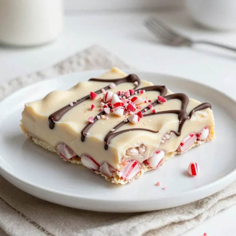 - 12 oz white chocolate - 1/2 cup crushed peppermint candies - 1/4 teaspoon pure peppermint extract - 1/2 cup dark chocolate chips (optional) - Double boiler or microwave - Baking sheet - Parchment paper - Spatula - Toothpick To make the White Chocolate Peppermint Bark, you need simple yet vibrant ingredients. The star is the white chocolate, which gives a sweet, creamy taste. I prefer using high-quality chocolate for the best results. Crushed peppermint candies add a festive crunch and a refreshing taste. You’ll need about half a cup, plus a little more to sprinkle on top. The pure peppermint extract boosts the flavor, making each bite exciting. If you want to add a twist, consider dark chocolate chips. They bring a rich taste that pairs well with the sweet white chocolate. For tools, you can use a double boiler to melt the chocolate gently. If you do not have one, a microwave works too. Just be sure to heat it slowly. A baking sheet lined with parchment paper helps keep the bark from sticking. A spatula helps spread the mixture evenly. Lastly, a toothpick comes in handy if you’re swirling in dark chocolate. Gather your ingredients and equipment, and let’s create a treat that’s sure to dazzle! {{ingredient_image_2}} - Prepare the baking sheet with parchment paper. This keeps the bark from sticking. - Melt the white chocolate using your preferred method. You can use a double boiler, or a microwave works well too. If you use a microwave, heat the chocolate in 30-second bursts. Stir after each burst to keep it smooth. - Incorporate peppermint extract and crushed candies. Stir the extract into the melted chocolate until mixed. Then fold in the crushed peppermint candies, saving some for later. - Spread the mixture on the baking sheet. Pour the mixture onto the parchment and use a spatula to spread it evenly. Aim for about a 1/4-inch thickness. - If you want a dark chocolate layer, melt the dark chocolate in the same way. Drizzle it on top of the white layer, and use a toothpick to swirl them together. - Sprinkle reserved candies on top while the mixture is still soft. This adds flavor and a nice look. - Chill the baking sheet in the fridge for 1-2 hours. Wait until the chocolate hardens. - Break into pieces once the chocolate sets. Lift the bark off the parchment and snap it into bite-sized pieces. Enjoy the festive treat! To make great white chocolate peppermint bark, you need to melt the chocolate gently. Use a double boiler or microwave. If you choose the microwave, heat in 30-second bursts. Stir well after each burst. This keeps your chocolate from burning. If you want a marbled look, you can add dark chocolate. Melt the dark chocolate in the same way. Once melted, drizzle it over the white chocolate. Take a toothpick and swirl the dark chocolate in. This gives a beautiful design. For a festive display, arrange the peppermint bark on a colorful plate. A tiered dessert stand works well too. This adds height and makes it eye-catching. If you plan to gift the bark, wrap each piece in clear cellophane. Use bright ribbons to tie them up. This adds a special touch and shows you care. Pro Tips Use High-Quality Chocolate: Opt for premium white chocolate chips or bars for a smoother melt and richer flavor. Control the Temperature: When melting chocolate, keep the heat low to prevent burning; it should be smooth and glossy. Chill Thoroughly: Ensure the bark is completely set before breaking it into pieces for a clean and professional look. Experiment with Toppings: Feel free to add nuts, dried fruits, or different types of chocolate for a unique twist on the classic bark. {{image_4}} You can switch things up by using milk chocolate instead of white chocolate. Milk chocolate adds a creamy touch and sweet flavor. It pairs well with peppermint, giving a new twist to the bark. If you want to layer flavors, try dark chocolate. Melt dark chocolate and drizzle it over the white layer. Swirl it lightly with a toothpick for a fancy look. This mix of chocolates creates a rich taste and beautiful layers. Adding nuts or other candies can make your bark even better. Try chopped almonds or pecans for a crunchy bite. You can also use different candies like M&M's or festive sprinkles for color. For a more unique flavor, think about infused options. You could add orange zest or almond extract instead of peppermint. These flavors can give your bark a fresh twist. Feel free to experiment and find your favorite mix! To keep your white chocolate peppermint bark fresh, use an airtight container. This helps prevent moisture and air from spoiling the bark. Store it in a cool, dry place. Avoid areas with direct sunlight or heat, as this may cause the chocolate to melt or become soft. When stored properly, your peppermint bark can stay fresh for up to two weeks. However, always check for signs of spoilage. Look for any discoloration or an off smell. If the bark feels sticky or overly soft, it's best to discard it. Enjoy your festive treat while it's at its best! Can I make white chocolate peppermint bark ahead of time? Yes, you can make this bark a few days before you need it. Just store it in an airtight container. Keep it in a cool place to maintain freshness. How do I melt chocolate without a double boiler? You can use a microwave instead. Place the chopped chocolate in a bowl and heat it in 30-second bursts. Stir after each interval until it is smooth. What's the best way to crush peppermint candies? Place the candies in a zip-top bag and seal it. Use a rolling pin or a heavy pan to crush them. This method keeps the mess contained. Can I use sugar-free white chocolate? Yes, sugar-free white chocolate works well. It will still melt and taste great. Just ensure it has a good quality for the best flavor. Is there a way to make this recipe vegan? You can use vegan white chocolate. Look for brands that do not contain dairy. Substitute with coconut oil for a smooth texture if needed. This blog post shared a straightforward guide to making white chocolate peppermint bark. You learned about key ingredients, important equipment, and essential steps. I also shared tips for perfecting your bark and enhancing its look. Remember to store it correctly for the best taste. You can experiment with flavors and variations to make this treat your own. Enjoy your delicious creation, and share it with friends or family!