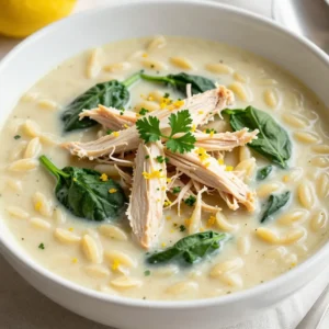 To make Creamy Lemon Chicken Orzo Soup, gather these simple ingredients: - 1 tablespoon olive oil - 1 medium onion, diced - 2 garlic cloves, minced - 2 medium carrots, diced - 2 celery stalks, diced - 1 pound boneless, skinless chicken breasts - 6 cups low-sodium chicken broth - 1 cup orzo pasta - 1 cup fresh spinach, chopped - 1 cup half-and-half or whole milk - Zest and juice of 1 lemon - Salt and pepper to taste - Fresh parsley, chopped (for garnish) Using fresh ingredients makes the soup taste vibrant. For the best flavor, choose organic vegetables and high-quality chicken. I love adding fresh herbs at the end for extra brightness. You can also swap in homemade chicken broth if you have it. It adds depth and richness to the soup. The chicken breasts provide protein and a lovely texture. Shredding the chicken keeps it tender in the soup. The orzo pasta adds heartiness to each spoonful. Spinach gives a pop of green and essential nutrients. Lastly, lemon zest and juice brighten up the flavors, making this soup truly stand out. This list sets you up for a delightful cooking experience. Enjoy the process! {{ingredient_image_2}} - Heat olive oil and saut&eacute; onion Heat 1 tablespoon of olive oil in a large pot over medium heat. Add 1 medium diced onion. Saut&eacute; for 2-3 minutes until the onion is soft and smells good. - Add garlic, carrots, and celery Now, add 2 minced garlic cloves, 2 diced carrots, and 2 diced celery stalks to the pot. Stir and cook for about 5 minutes. The veggies should start to soften. - Cook chicken in broth Next, place 1 pound of boneless, skinless chicken breasts in the pot. Pour in 6 cups of low-sodium chicken broth. Bring it to a boil. Then lower the heat and let it simmer for 15-20 minutes, until the chicken is fully cooked. - Shred chicken and return to pot When the chicken is cooked, take it out of the pot. Use two forks to shred the chicken into small pieces. Put the shredded chicken back in the pot and stir well. - Add orzo and simmer Add 1 cup of orzo pasta to the pot. Let it simmer for 8-10 minutes, until the orzo is soft but still firm. - Stir in spinach, cream, lemon Lower the heat and add 1 cup of chopped spinach, 1 cup of half-and-half or whole milk, lemon zest, and juice of 1 lemon. Stir gently for 2-3 minutes. The spinach should wilt and the flavors will blend nicely. - Adjust seasoning with salt and pepper Taste the soup and add salt and pepper as needed. Adjust it to your liking. - Serve and garnish with parsley Serve the soup hot in bowls. Top with fresh chopped parsley for a nice touch and added flavor. Enjoy your creamy lemon chicken orzo soup! To avoid overcooking orzo, cook it until it is al dente. This means it should have a slight bite to it. Keep a close watch during the last few minutes of cooking. Stir the orzo often to ensure even cooking. If you overcook it, the pasta will become mushy and lose its shape. Letting flavors meld is key to a tasty soup. After adding the spinach, cream, lemon zest, and juice, let the soup sit on low heat for a few minutes. This allows all the flavors to blend together. You will notice a richer taste with each sip. Consider using other herbs to enhance the flavor. Fresh thyme or dill can add a nice touch. Just a pinch can brighten the whole dish. You can add these herbs during the last few minutes of cooking. Using homemade chicken broth can make a big difference. It has a fresh taste that store-bought broth may lack. Homemade broth is also healthier, as you control the ingredients. If you have time, simmer chicken bones with vegetables and herbs to create a rich broth. This will give your soup a deep, satisfying flavor. Pro Tips Use Fresh Ingredients: Always opt for fresh lemon juice and vibrant spinach to enhance the flavor profile of your soup. Cook Orzo Separately: If you prefer a less starchy soup, consider cooking the orzo separately and adding it just before serving. Adjust Consistency: If the soup is too thick, you can add more chicken broth or water to reach your desired consistency. Store Properly: This soup can be stored in an airtight container in the fridge for up to 3 days; just note that orzo may absorb some liquid. {{image_4}} You can change the chicken in this soup. Turkey or tofu works great. Both options add protein and flavor. If you want a vegetarian soup, use chickpeas. They add texture and taste. If you need a dairy-free option, switch the half-and-half for coconut milk. This makes the soup creamy without dairy. You could also use almond milk for a lighter feel. Just keep in mind that it will change the flavor a bit. Feel free to add more veggies to your soup. Peas, bell peppers, or zucchini all work well. They add color and nutrition too. Just chop them small and add them with the carrots and celery. If you like some heat, add red pepper flakes or a dash of hot sauce. This gives the soup a nice kick. You can also use spices like cumin or paprika to change the flavor profile. These spices can add warmth and depth to your dish. Store your creamy lemon chicken orzo soup in airtight containers. Glass or plastic containers work well. Let the soup cool before sealing. In the fridge, it stays fresh for up to three days. To freeze the soup, pour it into freezer-safe bags or containers. Leave some space at the top for expansion. Label the bags with the date. It keeps well for up to three months in the freezer. When you&rsquo;re ready to eat, thaw the soup overnight in the fridge. Reheat it on the stove over low heat. Stir often to ensure even heating. If the soup looks thick, add a splash of broth or water to loosen it up. Can I use rotisserie chicken? Yes, you can use rotisserie chicken. It saves time and adds great flavor. Just shred the meat and add it to the soup. How long does this soup last? This soup lasts for about 3 to 4 days in the fridge. Keep it in an airtight container to keep it fresh. Is this soup gluten-free? No, this soup is not gluten-free due to the orzo pasta. You can use gluten-free pasta if needed. Can I substitute orzo for another pasta? Yes, you can use other small pasta shapes like ditalini or orzo. Just adjust the cooking time as needed. What's the best way to store lemon zest? Store lemon zest in an airtight container. It stays fresh in the fridge for up to 1 week. You can also freeze it for longer use. Can I add beans for protein? Absolutely! Adding beans like white beans or chickpeas boosts protein. Just add them when you add the orzo. This article covered a simple soup recipe filled with healthy ingredients. We looked at key items like chicken, broth, spinach, and orzo. You learned the steps for cooking and finishing your soup. I shared tips to enhance flavors and offered variations for personalizing the dish. Remember to store leftovers correctly for later enjoyment. Cooking is fun, and trying new recipes keeps it interesting. Don't hesitate to customize your soup or ask questions. Enjoy your cooking adventure!