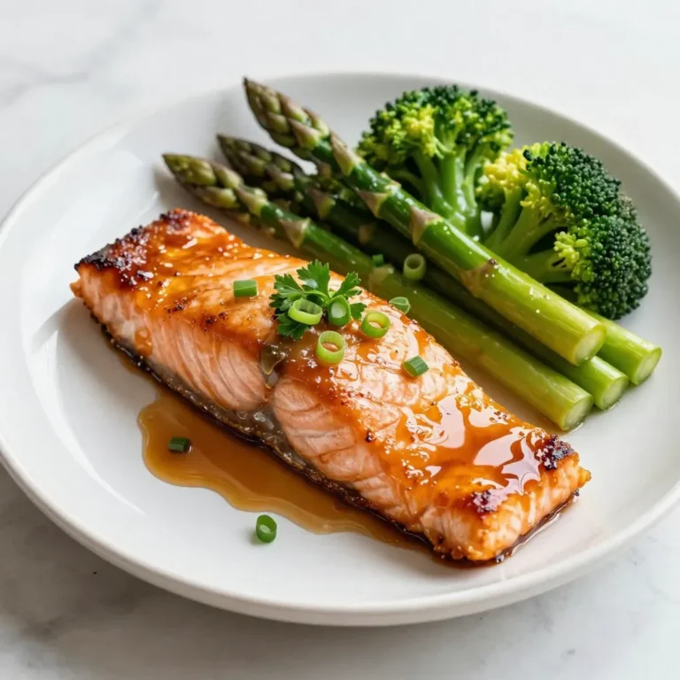 - 4 salmon fillets (6 oz each) - 1/4 cup pure maple syrup - 2 tablespoons soy sauce (or tamari for a gluten-free option) - 1 tablespoon Dijon mustard - 2 cloves garlic, finely minced - 1 tablespoon fresh ginger, finely grated - 1/2 teaspoon freshly ground black pepper - 1/4 teaspoon cayenne pepper (optional, for a hint of heat) - Sea salt, to taste - Fresh parsley or green onions, finely chopped, for garnish These ingredients create a sweet and savory glaze for the salmon. The maple syrup adds a rich flavor. The soy sauce gives depth, while the Dijon mustard adds a nice tang. Garlic and ginger provide warmth and brightness. Black pepper and cayenne add a gentle kick, making every bite exciting. For garnishing, sea salt enhances the taste, while fresh parsley or green onions add color and freshness. Together, these ingredients help you create a dish that looks as good as it tastes. {{ingredient_image_2}} First, grab a medium mixing bowl. In this bowl, combine the following ingredients: - 1/4 cup pure maple syrup - 2 tablespoons soy sauce - 1 tablespoon Dijon mustard - 2 cloves garlic, minced - 1 tablespoon fresh ginger, grated - 1 tablespoon extra virgin olive oil - 1/2 teaspoon black pepper - 1/4 teaspoon cayenne pepper (optional) Whisk all these ingredients together until smooth. This mix will give the salmon a sweet and savory flavor. Next, take the salmon fillets and place them in a shallow dish or plastic bag. Pour the marinade over them, making sure each piece is well-coated. Seal the dish or bag and refrigerate it. Let the salmon marinate for at least 30 minutes. If you want more flavor, you can marinate it for up to 2 hours. While the salmon marinates, preheat your oven to 400°F (200°C). This step is key to cooking the salmon evenly. Now, line a baking sheet with parchment paper or aluminum foil. This will help with easy cleanup later. Once the oven is ready, take the baking sheet out. Lay the salmon fillets skin-side down on the sheet. Don't forget to save some marinade in a small bowl for later! Bake the salmon for 12-15 minutes. It should flake easily with a fork when done. In the last 5 minutes of baking, brush the tops of the fillets with the reserved marinade for extra glaze. When the salmon is done, carefully get it out of the oven. Sprinkle a bit of sea salt on top. For a beautiful presentation, garnish with fresh parsley or sliced green onions. Serve the salmon on a platter with veggies for a pop of color. Drizzle any leftover glaze over the vegetables for added flavor. How to check for doneness To check if your salmon is done, use a fork. Gently press the fish; it should flake easily. If it does not, give it a few more minutes. Salmon should reach an internal temperature of 145°F (63°C). Avoiding overcooking Overcooked salmon turns dry and tough. To avoid this, set a timer. Bake for 12-15 minutes, checking for flakiness. The fish will continue to cook a bit after you take it out. Tips for flavor pairing Maple glazed salmon pairs well with bright flavors. Try serving it with lemon wedges or a fresh salad. Asparagus or broccoli adds a nice crunch. Recommendations for spice adjustments If you love heat, add more cayenne pepper. For a milder taste, skip it altogether. You can also try adding herbs like thyme or rosemary for a fresh twist. Necessary utensils and equipment You will need a mixing bowl, whisk, and baking sheet. Use parchment paper or foil for easy cleanup. A fork is handy for checking doneness. Cleaning and maintenance tips Clean your utensils right after use. Soak any sticky items in warm, soapy water. This makes scrubbing easier later. Always dry your tools to keep them in good shape. Pro Tips Marinating Time: For the most flavorful salmon, marinate for at least 1 hour, but no more than 2 hours to prevent the fish from becoming overly soft. Skin-On Benefit: Keeping the skin on during baking helps retain moisture and enhances flavor, making the salmon more succulent. Check for Doneness: Salmon is perfectly cooked when it flakes easily with a fork and has an internal temperature of 145°F (63°C). Use a meat thermometer for accuracy. Garnishing Tips: Fresh herbs like parsley or dill not only add color but also enhance the overall flavor. Add them right before serving for the best presentation. {{image_4}} You can switch up the glaze for some fun flavors. Try teriyaki sauce for a sweet and salty twist. Orange glaze brings a bright, citrusy touch that works well too. If you want a spicy kick, go for sriracha mixed with honey. You can also make your own sauce by mixing honey, soy sauce, and garlic. If you need to avoid soy, tamari is a great choice. You can substitute maple syrup with agave nectar for a different sweet note. You can cook the salmon in many ways. Baking is easy and keeps the fish moist. Grilling adds a lovely smoky taste. If you grill, brush the salmon with oil to avoid sticking. For pan-searing, heat oil in a skillet first. Place the salmon skin-side down. Cook for about 4-5 minutes before flipping. This gives you a crispy skin and juicy meat inside. If you want to try a different fish, trout or tilapia works well. They both have a mild taste and cook similarly to salmon. For a vegan option, consider using tofu or tempeh. You can marinate them just like salmon. If you need a gluten-free option, use tamari instead of soy sauce. These swaps let everyone enjoy this tasty dish! To keep your maple glazed salmon fresh, store leftovers right. Place the salmon in an airtight container. This helps prevent it from drying out. You can use glass or plastic containers. I recommend glass for better taste. It keeps the flavor locked in. If you want to save salmon for later, freezing works great. Wrap each fillet in plastic wrap first. Then, put them in a freezer-safe bag. Make sure to remove as much air as possible. This keeps the salmon fresh for up to three months. When you’re ready to eat, thaw it overnight in the fridge. This helps it stay juicy and tender. To reheat your salmon, you can use the oven or microwave. For the oven, set it to 350°F (175°C). Place the salmon on a baking sheet and cover it with foil. This keeps the moisture in. Heat for about 10 minutes or until warm. If using the microwave, place the salmon on a microwave-safe dish. Heat in short bursts of 30 seconds. Check after each burst to avoid overcooking. Enjoy your moist and tasty meal! You can pair maple glazed salmon with many tasty sides. Here are some great options: - Steamed asparagus - Roasted broccoli - Quinoa salad - Garlic mashed potatoes - Rice pilaf These sides not only taste good but also look nice on the plate. They add colors and textures that enhance your meal. Marinating salmon is key for flavor. I suggest marinating it for at least 30 minutes. If you have time, try to marinate for up to 2 hours. This lets the flavors soak in better. Use a shallow dish or a resealable bag to coat the fish well. Yes, you can use other fish. Some good options include: - Trout - Tilapia - Mahi-mahi These fish have a similar texture and taste. Adjust cooking time based on the thickness of the fish. Maple syrup has some health benefits. It contains antioxidants that help fight free radicals. It also has minerals like manganese and zinc. However, it is still sugar, so use it in moderation. Balancing it with other healthy foods makes it a good choice for your meals. This guide has shown you how to make maple glazed salmon step by step. We covered key ingredients like salmon, maple syrup, and spices. You learned how to marinate, bake, and serve your dish. Don't forget tips for cooking and storing leftovers. Experiment with different sauces or cooking methods to find what you love best. Enjoy crafting this delightful meal, and remember to share it with friends and family!