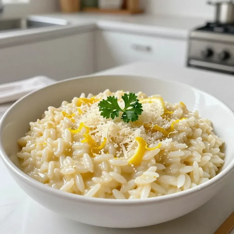 When making Lemon Parmesan Risotto, you need a few simple ingredients. Here’s what you’ll need: - 1 cup Arborio rice - 4 cups vegetable broth - 1 medium onion, finely chopped - 2 cloves garlic, minced - 1 cup freshly grated Parmesan cheese - Zest and juice of 1 lemon - 2 tablespoons olive oil - 1 tablespoon unsalted butter - Salt and pepper to taste - Fresh parsley, finely chopped, for garnish Each ingredient plays a key role. Arborio rice gives the dish its creamy texture. Vegetable broth adds rich flavor, while onion and garlic provide a tasty base. Parmesan cheese brings a savory depth that makes the risotto shine. Lemon zest and juice offer a fresh, bright note, balancing the richness. Olive oil and butter help sauté the aromatics, ensuring a flavorful start. Finally, salt and pepper are essential for seasoning, while parsley adds a pop of color and freshness. Feel free to experiment with these ingredients. You can enhance the flavor by adding herbs like thyme or basil. This risotto is versatile and can adapt to your taste. Enjoy the process and make it your own! {{ingredient_image_2}} Warming the broth is key. It helps the rice cook evenly. If you add cold broth, it slows the cooking. Keep your broth warm in a saucepan over low heat. Stir it occasionally to keep it nice and hot throughout cooking. Heat olive oil and butter in a large skillet over medium heat. Once hot, add the chopped onion. Sauté until the onion is soft and translucent, about 5 minutes. Then, add minced garlic. Cook for another minute. This gives the dish a lovely aroma and flavor. Next, incorporate the Arborio rice into the skillet. Stir it around to coat each grain in oil and butter. Toast the rice for about 2-3 minutes. This step enhances the flavor. After that, start adding the warm broth one ladle at a time. Stir often. Wait for most of the liquid to soak in before adding more. This process takes about 18-20 minutes. You want your risotto creamy and rich. The rice should be al dente, which means it should have a slight bite. Taste it often as you cook. The timing here is essential for that perfect texture. Once the rice is just right, take it off the heat. Fold in the grated Parmesan cheese, lemon zest, and lemon juice. Mix well. Season with salt and pepper to your taste. Let it sit for a minute to let the flavors come together. For an elegant touch, spoon the risotto into shallow bowls. Top with extra Parmesan, a twist of lemon zest, and a handful of chopped parsley. This not only looks beautiful but also adds fresh flavor and color. Stirring frequently is key to a great risotto. It helps the rice release its starch. This makes the dish creamy and smooth. When you stir, keep an eye on the rice. Perfectly cooked risotto should be creamy and slightly firm. The rice should have a slight bite, or al dente. You can test it by tasting a grain. If it’s too soft, you’ve cooked it too long. To boost flavor, consider adding extra ingredients. You can mix in peas or mushrooms for more texture. A splash of white wine can add depth to the taste. Fresh herbs like thyme or basil can elevate the dish. They add a bright note that complements the lemon. Avoid overcooking the rice. If you cook it too long, it will become mushy. Stirring too little can lead to uneven cooking. Not using enough broth is another mistake. The rice needs liquid to absorb. If it runs out, the rice won’t cook properly. Always keep warm broth on hand for best results. Pro Tips Use Fresh Ingredients: Always opt for fresh lemon and high-quality Parmesan cheese to enhance the flavor of your risotto. Stir Constantly: Frequent stirring helps release the starches from the Arborio rice, resulting in a creamy texture. Adjust Consistency: If your risotto is too thick, you can add a little more warm broth to reach your desired creaminess. Experiment with Flavors: Feel free to add other ingredients such as peas or asparagus for added texture and flavor. {{image_4}} You can customize your Lemon Parmesan Risotto by swapping out some ingredients. Instead of Parmesan, try using Fontina cheese. It melts well and adds a creamy texture. You can also use Gruyère or Pecorino Romano for a different taste. If you want to change the broth, consider using chicken broth instead of vegetable broth. This adds a rich flavor. You can even make a homemade broth with leftover meat and veggies. Adding protein makes the risotto heartier. Chicken is a great choice. Cook some diced chicken in the skillet before adding the onion. Shrimp also works well. Just sauté them briefly before adding the rice. If you prefer a vegetarian option, add chickpeas or sautéed mushrooms. They boost both flavor and nutrition. You can also use spinach or peas for a fresh touch. Seasonal ingredients can give your risotto a twist. In spring, add fresh asparagus or peas for a bright flavor. In winter, roasted butternut squash or sautéed kale can warm you up. You can also adjust the lemon flavor. In the summer, use more lemon zest and juice for a refreshing taste. In the fall, consider adding a hint of nutmeg or sage to complement the season's flavors. To keep your Lemon Parmesan Risotto fresh, follow these tips: - Cool it down: Let the risotto cool first. This helps avoid moisture buildup. - Use airtight containers: Store the risotto in glass or plastic containers with lids. This keeps out air and keeps it fresh. - Label with date: Always write the date on your container. This way, you'll know how long it's been in the fridge. To enjoy your leftover risotto, reheating is key. Here’s how: - Stovetop method: Heat a pan over medium-low heat. Add the risotto and a splash of broth or water. Stir often until warm. - Microwave method: Place risotto in a microwave-safe bowl. Add a bit of water. Cover it lightly and heat in short bursts, stirring in between. When reheating, the risotto may thicken. Add a little broth or water to regain that creamy texture. Freezing is a great option if you have extra risotto. Follow these steps: - Cool completely: Make sure the risotto is cool before you freeze it. This keeps ice crystals from forming. - Use freezer-friendly bags: Portion the risotto into bags. Squeeze out excess air before sealing. This prevents freezer burn. - Thaw slowly: To thaw, place the bag in the fridge overnight. Reheat it gently as mentioned above. By following these simple storage tips, you can enjoy your Lemon Parmesan Risotto for days. It's a great dish to have on hand for a quick meal! You will know risotto is done when it is creamy and the rice is al dente. It should feel firm but not hard when you bite into it. Keep stirring as you add broth to help it cook evenly. The texture should be smooth and slightly creamy, not too thick. Yes, you can prepare risotto ahead of time. Cook it as directed, then cool it quickly. Store it in an airtight container in the fridge for up to two days. When ready to eat, reheat it gently on the stove, adding a bit of broth to help restore creaminess. This makes it easy for busy days. Lemon Parmesan Risotto pairs well with many dishes. Here are some ideas: - Grilled chicken or fish for protein. - Steamed vegetables like asparagus or broccoli for color. - A fresh salad with lemon vinaigrette for crunch. - Garlic bread for a comforting touch. Yes, you can make this risotto vegan. Use vegan cheese instead of Parmesan. Replace the butter with more olive oil. Use vegetable broth that is free from animal products. This way, you keep the creamy texture while making it plant-based. To enhance flavor, try adding herbs like thyme or basil. You can mix in sautéed mushrooms or spinach for depth. A splash of white wine adds a nice touch before the broth. Experiment with spices like black pepper or red pepper flakes for heat. Each addition brings a new twist to your dish. Making Lemon Parmesan Risotto is a satisfying journey. We explored essential ingredients, like Arborio rice and vegetable broth, to create a rich base. I shared step-by-step methods for cooking, achieving a creamy texture, and adding finishing touches. You learned effective tips and common pitfalls to avoid. With variations and storage insights, you can adapt this dish for any occasion. Remember, risotto is versatile and fun. Whether you serve it as a main dish or a side, enjoy the delicious flavors and creativity it brings to your table.