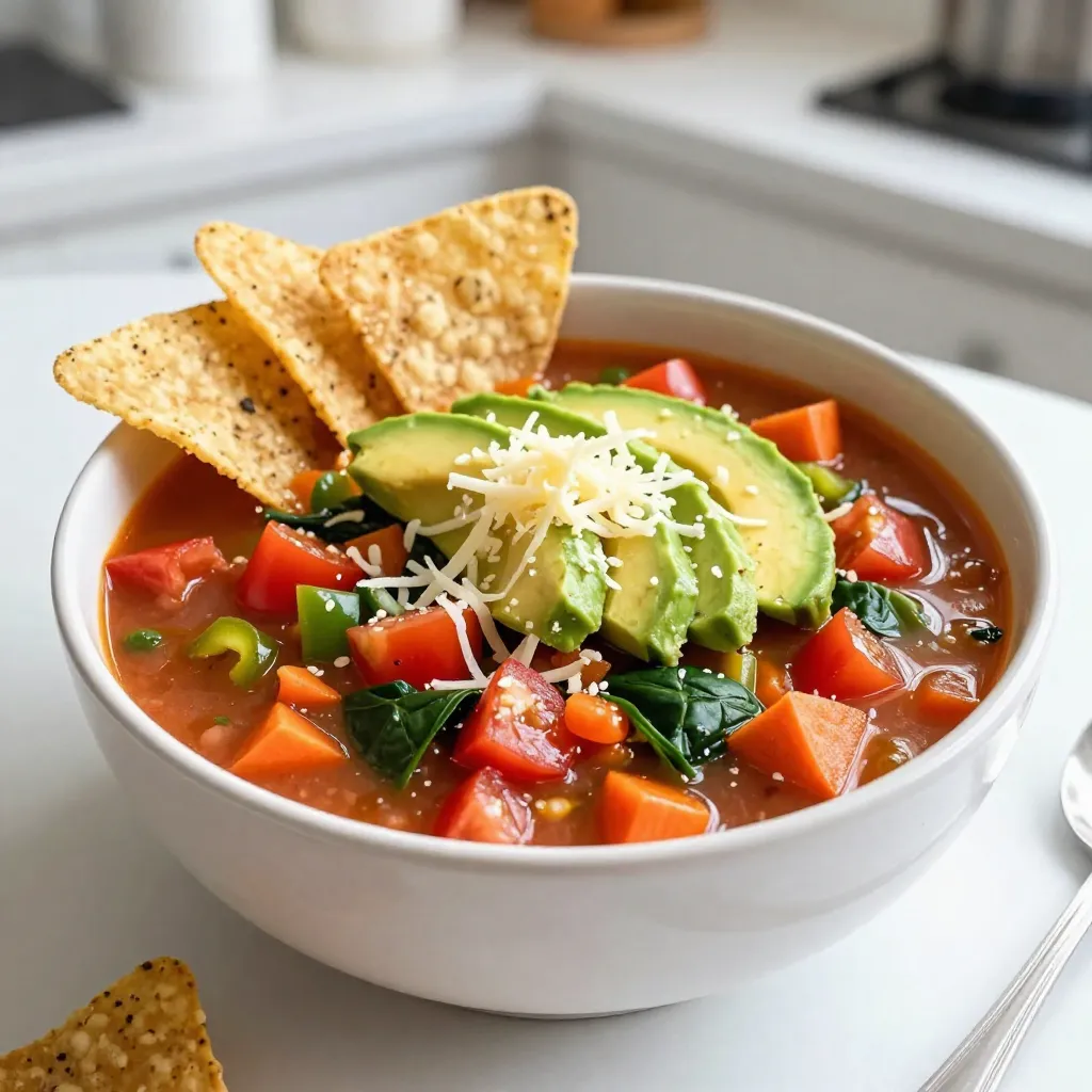 - 1 tablespoon extra virgin olive oil - 1 medium onion, diced - 2 cloves of garlic, minced - 1 bell pepper (red or green), diced - 2 medium carrots, diced - 1 medium zucchini, diced - 1 can (15 oz) black beans, rinsed and drained - 1 can (15 oz) sweet corn, drained - 1 can (28 oz) diced tomatoes with green chilies - 4 cups low-sodium vegetable broth - 2 tablespoons homemade or store-bought taco seasoning - Salt and freshly cracked pepper to taste - 1 cup fresh spinach, chopped You can make your taco soup even better with fun toppings! Here are some tasty options: - Sliced avocado - Fresh cilantro - Tortilla chips - Shredded cheese - Dollops of sour cream This veggie loaded taco soup serves six people. Each serving is packed with nutrients. It is low in calories but high in fiber. You get a good mix of protein from the black beans. The soup also contains a variety of vitamins from all the vegetables. Enjoying this soup means you are eating a healthy meal. It’s warm, filling, and good for you! {{ingredient_image_2}} Start by heating the olive oil in a large pot over medium heat. This oil adds great flavor. Once the oil is hot, add the diced onion. Cook it for 3 to 4 minutes, stirring until it’s soft and clear. Next, stir in the minced garlic, diced bell pepper, and carrots. Cook these for 5 minutes. This helps to soften them and mix their flavors. Now, add the diced zucchini to the pot. Cook it for about 3 minutes, stirring often. You want the zucchini to be slightly tender. Then, add the rinsed black beans, drained corn, and the diced tomatoes with their juices. Pour in the vegetable broth too. This makes your soup hearty and filling. Next, sprinkle in the taco seasoning, along with salt and pepper. Bring the soup to a rolling boil. After it boils, lower the heat to keep a gentle simmer. Let it simmer uncovered for 20 minutes. This step lets all the yummy flavors blend together. Just before serving, fold in the chopped spinach. Let it wilt in the hot soup for about 2 minutes. Then, taste your soup. Adjust the seasoning if needed. Don’t hesitate to add more salt or pepper! Using a large pot helps everything cook evenly. Keep stirring the veggies as they cook. This prevents them from burning and helps them cook faster. If you want a thicker soup, let it simmer a bit longer. You can also mash some beans against the side of the pot. This thickens the soup without adding extra ingredients. - Heat olive oil: 1 minute - Cook onion: 3-4 minutes - Add garlic, bell pepper, and carrots: 5 minutes - Add zucchini: 3 minutes - Combine all other ingredients: 2 minutes - Bring to boil: 5 minutes - Simmer: 20 minutes - Wilt spinach: 2 minutes This total time for cooking is about 35 minutes. Do not rush; let those flavors shine! To make taco soup in a slow cooker, start by sautéing the onion and garlic. Use a pan on the stove with olive oil. Once soft, add them to the slow cooker. Next, add the bell pepper, carrots, zucchini, black beans, corn, tomatoes, and broth. Mix in the taco seasoning, salt, and pepper. Set the slow cooker on low for 6 hours or high for 3 hours. Just before serving, stir in fresh spinach. This method allows flavors to meld well. Taco seasoning is key, but you can boost flavor even more. Add cumin for warmth. A splash of lime juice brightens the taste. For a smoky touch, try smoked paprika. If you like heat, add a pinch of cayenne pepper. Fresh herbs like cilantro also bring a fresh layer of flavor. Experiment with these options to find your favorite mix. Avoid adding too much liquid, as it can dilute the taste. If using canned beans, rinse them well to remove excess sodium. Don’t skip the sauté step for the onions and garlic; this builds a strong flavor base. Taste the soup at the end. Adjust seasoning to make it pop. Lastly, don’t forget the toppings; they add texture and richness to each bowl! Pro Tips Fresh Ingredients: Using fresh vegetables enhances the flavor and texture of your taco soup. Choose seasonal produce for the best taste. Customize Your Beans: Feel free to substitute black beans with pinto or kidney beans, or even mix different types for added depth. Adjusting Spice Levels: If you prefer a milder soup, opt for mild diced tomatoes and reduce the taco seasoning, adding more to taste. Make It Ahead: This soup tastes even better the next day! Make a big batch and store leftovers in the fridge for up to 3 days. {{image_4}} You can easily make this soup vegetarian or vegan. The base is already plant-based, which makes it great. Use vegetable broth to keep it vegan. Skip any dairy toppings like cheese or sour cream. Instead, add more toppings like fresh avocado or cashew cream for creaminess. If you want to add protein, try some options. You can use lentils or chickpeas for more texture. These beans add fiber and protein. You can also include tofu for a soft bite. Just make sure to season them well to fit the taco theme. Feel free to mix up the veggies in your soup. Use sweet potatoes instead of carrots for a sweet twist. Swap zucchini for any other squash you like. You can even use different beans, such as kidney or pinto beans. Don’t hesitate to throw in leftover veggies from your fridge. This soup is flexible and fun! To store leftover veggie loaded taco soup, let it cool first. Use an airtight container. Place the soup in the container. Make sure to seal it well. Store it in the fridge. It should stay fresh for 3 to 4 days. When you're ready to eat, take the soup out of the fridge. Pour it into a pot. Heat it on medium until hot, stirring often. You can also use the microwave. Place the soup in a microwave-safe bowl. Heat it in 1-minute bursts, stirring in between. This way, it warms evenly. You can freeze veggie loaded taco soup for longer storage. Use a freezer-safe container or bag. Leave some space at the top for expansion. The soup can freeze for up to 3 months. To thaw, move it to the fridge overnight. Reheat it as mentioned above. Enjoy your tasty soup later! Yes, you can use fresh vegetables in this recipe. Fresh veggies add great taste and texture. Just remember to chop them into small pieces. You can swap out canned veggies for fresh ones like corn, zucchini, and bell peppers. The soup will still taste amazing! Veggie loaded taco soup lasts about 3 to 5 days in the fridge. Make sure to store it in an airtight container. If you want to keep it longer, you can freeze it. It stays good for up to 3 months in the freezer. Taco soup goes well with many sides. You can serve it with tortilla chips for crunch. Slices of avocado or fresh cilantro add nice flavor. Shredded cheese or a dollop of sour cream make it even tastier. You can also enjoy it with a side salad for a healthy meal. In this guide, we explored how to make delicious taco soup. We covered key ingredients and optional toppings, ensuring you have all you need. I shared step-by-step cooking methods for great results, along with tips to avoid common mistakes. We also looked at variations for special diets and how to store your soup. Finally, I answered frequent questions about fresh veggies and storage. Enjoy making taco soup your way! Your taste buds will thank you.