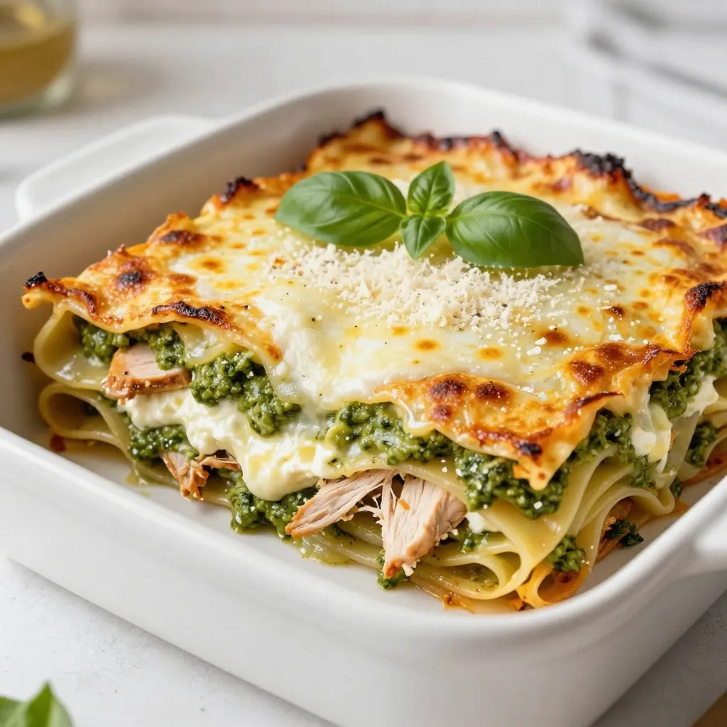 - 9 lasagna noodles - 2 cups shredded cooked chicken - 1 cup pesto (store-bought or homemade) - 2 cups ricotta cheese - 1 cup heavy cream - 1 ½ cups shredded mozzarella cheese - ½ cup grated Parmesan cheese - 1 teaspoon garlic powder - Salt and pepper to taste - Fresh basil leaves for garnish Gathering the right ingredients is key to a great creamy pesto chicken lasagna. You start with lasagna noodles, which form the base. I recommend using nine noodles to create layers. Shredded cooked chicken gives it a hearty touch. You can use store-bought or homemade pesto for that burst of flavor. For your cheese, ricotta offers creaminess while heavy cream adds richness. Shredded mozzarella melts beautifully, and grated Parmesan gives a nice finish. Don't forget garlic powder for flavor enhancement. You can season with salt and pepper according to your taste. Finally, fresh basil leaves work wonders as a garnish. They add color and freshness to your dish. Having these ingredients ready sets you up for success. Each one plays a role in creating a tasty and satisfying meal. Enjoy the process of gathering your ingredients, as they are the start of your culinary adventure! {{ingredient_image_2}} - Preheat oven to 375°F (190°C). - In a bowl, mix ricotta, heavy cream, garlic powder, salt, and pepper. - Spread ½ cup of pesto on the bottom of a 9x13 inch baking dish. - First layer: place three lasagna noodles over the pesto. - Spread one-third of the ricotta mixture on the noodles. - Add half of the shredded chicken next. - Top this layer with ½ cup of mozzarella cheese. - Repeat this layering process. - For the final layer, place three noodles on top. - Spread the rest of the ricotta mixture over the noodles. - Sprinkle the remaining mozzarella and Parmesan cheese on top. - Cover the dish with foil and bake for 25 minutes. - Remove the foil and continue baking for an additional 15-20 minutes. - Look for a bubbling and golden top. - Let it cool for 10 minutes before serving. - Mix the ricotta, cream, garlic powder, salt, and pepper well. This makes it creamy. - Place noodles in a single layer. This helps them cook evenly. - Serve big slices on warm plates. Drizzle extra pesto around for color. - Add a sprig of fresh basil on top for a nice touch. Pair this dish with a light salad or crusty bread to balance the flavors. - Don’t overcook the lasagna. Keep an eye on it to avoid a dry dish. - Let the lasagna rest for 10 minutes after baking. This helps it set and makes cutting easier. Pro Tips Use Fresh Ingredients: Whenever possible, opt for fresh basil and high-quality chicken for a more vibrant flavor and better texture in your lasagna. Layering Technique: Ensure even distribution of ingredients during layering to prevent any dry or overly cheesy parts in your lasagna. Resting Time: Allow the lasagna to rest for at least 10 minutes before slicing. This helps the layers set and makes serving much easier. Make Ahead: Consider assembling the lasagna a day in advance and storing it in the fridge. Just bake it when ready to serve for a quick meal. {{image_4}} You can swap ricotta cheese for cottage cheese if you want a lighter taste. If you prefer vegan options, try using tofu blended with a splash of lemon juice. For proteins, shredded turkey works great, or you can add roasted veggies like zucchini or bell peppers for a delicious veggie twist. Want to boost flavor? Add fresh spinach or sun-dried tomatoes into your layers. These add-ins brighten the dish and pack in nutrients. You can also try different pestos. Sun-dried tomato pesto brings a rich flavor, while arugula pesto offers a peppery kick that really wakes up the taste buds. If you are gluten-free, look for gluten-free lasagna noodles made from rice or corn. They cook up nicely and hold together well. For a dairy-free version, use coconut cream instead of heavy cream. Nutritional yeast can replace cheese for a cheesy flavor without the dairy. After baking your creamy pesto chicken lasagna, let it cool for about 10 minutes. This step helps the layers set and makes slicing easier. For storage, use an airtight container. Glass or plastic containers work well. If you do not have these, cover the dish tightly with foil or plastic wrap. You can freeze lasagna for later use. To do this, let it cool completely. Wrap it tightly with foil or plastic wrap. Make sure to label it with the date. For best flavor, use it within three months. To reheat, thaw it in the fridge overnight. Bake at 375°F (190°C) until the center is hot. This usually takes about 25-30 minutes. In the fridge, your lasagna lasts for about 3-5 days. Ensure it stays in an airtight container. If frozen, it can last for up to three months. After this time, it may lose flavor and texture. Always check for any signs of spoilage before eating. To make creamy pesto, you need basil, garlic, nuts, cheese, and olive oil. Here’s a simple recipe: - 2 cups fresh basil leaves - 2 cloves garlic - ¼ cup pine nuts or walnuts - ½ cup grated Parmesan cheese - ½ cup extra virgin olive oil - Salt to taste 1. In a food processor, add basil, garlic, and nuts. Pulse until chopped. 2. Add cheese and salt, then pulse again. 3. With the processor running, slowly pour in olive oil until smooth. This creamy pesto works great in your lasagna. You can adjust the nuts and cheese to your taste. Yes, you can assemble the lasagna ahead of time. Here are some tips: - Layer the noodles, chicken, ricotta, and pesto as usual. - Cover tightly with foil and store in the fridge for up to 24 hours. - If you freeze it, use a freezer-safe dish. Thaw it in the fridge overnight before baking. Assembling in advance saves time and makes dinner easy. Pair your lasagna with these side dishes for a well-rounded meal: - A fresh garden salad with a light vinaigrette. - Garlic bread for a crunchy side. - Roasted vegetables like zucchini or asparagus. These options add color and flavor to your table. Absolutely! This lasagna is perfect for meal prep. Here’s why: - Portion it into individual servings before storing. - Use airtight containers to keep it fresh in the fridge. - It reheats well in the microwave or oven. This way, you can enjoy tasty meals all week long. This blog post covered all you need to make creamy pesto chicken lasagna. We discussed key ingredients like chicken, pesto, and cheeses. I provided step-by-step instructions for preparation and assembly. You also learned useful tips for cooking and serving, along with tasty variations. Remember, with careful prep and a bit of creativity, your lasagna will impress everyone. Enjoy making this dish and share it with friends and family. Happy cooking!