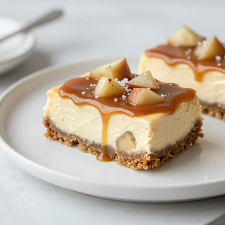 - Main ingredients for the crust: - 1 ½ cups graham cracker crumbs - ½ cup unsalted butter, melted - 2 tablespoons granulated sugar - Ingredients for the cheesecake filling: - 2 (8 oz) packages cream cheese, softened at room temperature - 1 cup granulated sugar - 2 large eggs, at room temperature - 1 teaspoon pure vanilla extract - 2 cups apples, peeled and diced (Granny Smith or Honeycrisp work well) - 1 teaspoon ground cinnamon - ½ teaspoon ground nutmeg - Toppings and garnishes: - 1 cup caramel sauce (your choice of store-bought or homemade) - Flaky sea salt for garnish Gather these ingredients before you start. Each one plays a key role in making these bars delicious. The graham cracker crumbs create a sweet and crunchy base. The cream cheese gives the filling its rich texture. The apples add a fresh taste, while the caramel brings sweetness. Flaky sea salt on top balances the flavors perfectly. Enjoy the process of measuring and mixing; it’s a big part of the fun! {{ingredient_image_2}} First, set your oven to 325°F (160°C). Next, grab an 8x8 inch baking dish. Line it with parchment paper, leaving some paper hanging over the edges. This helps you lift the bars out later. Now, let's make the crust. In a medium bowl, mix 1 ½ cups of graham cracker crumbs, ½ cup melted unsalted butter, and 2 tablespoons of sugar. Stir until it looks moist. Press this mixture firmly into the bottom of the dish. Now, it’s time to bake the crust. Place it in the oven for 10 minutes. When it’s done, take it out and let it cool a bit while you prepare the filling. For the cheesecake filling, take a large bowl and beat 2 packages of softened cream cheese with an electric mixer. Mix until it’s smooth. Gradually add 1 cup of sugar and keep mixing until combined. Next, add 2 eggs to the mix, one at a time. Make sure to mix until each egg is blended in before adding the next one. After that, stir in 1 teaspoon of vanilla extract until it’s mixed well. Now, in a separate bowl, take 2 cups of diced apples and sprinkle them with 1 teaspoon of ground cinnamon and ½ teaspoon of ground nutmeg. Toss the apples gently to coat them evenly. Now, fold the apple mixture into the cream cheese mixture. Be sure to distribute the apples well. Pour the cheesecake filling over the cooled crust, spreading it out evenly. Drizzle 1 cup of caramel sauce over the top in a zigzag pattern. Use a knife or toothpick to swirl the caramel into the filling. This creates a nice marbled look. Bake the bars for 40-45 minutes. The center should be set with a slight jiggle. After baking, let the dish cool to room temperature. Once cooled, move it to the fridge. Chill for at least 4 hours, or overnight if possible. When ready to serve, lift the bars out using the parchment edges. Cut them into squares. Drizzle with more caramel sauce and sprinkle a bit of flaky sea salt on top. Enjoy your tasty treat! - Overmixing the filling: When you mix the cream cheese, do it just enough. If you mix too much, the bars can crack when baking. - Undercooking the bars: The center should jiggle slightly. If it looks too soft, give it more time in the oven. - Achieving the ideal texture: Aim for a smooth and creamy filling. Make sure your cream cheese is soft. This helps blend easily with sugar and eggs. - When to add caramel: Drizzle the caramel on top after pouring in the filling. Swirl it in gently with a knife. This creates a nice marble effect. - Pairing with ice cream: Serve these bars warm with vanilla ice cream. The cold ice cream and warm bars taste amazing together. - Presentation ideas: Dust with flaky sea salt right before serving. This adds a nice touch and balances the sweetness. You can also add extra caramel drizzle on top for a beautiful finish. Pro Tips Use Room Temperature Ingredients: Ensuring your cream cheese and eggs are at room temperature will help create a smoother filling without lumps. Choose the Right Apples: Granny Smith or Honeycrisp apples provide a great balance of tartness and sweetness, enhancing the overall flavor of the bars. Adjust Caramel to Taste: Feel free to adjust the amount of caramel sauce based on your sweetness preference; you can always add more on top for serving. Let Them Chill: Allowing the bars to chill for at least four hours (or overnight) ensures they set properly and makes slicing easier. {{image_4}} You can change the fruit in these bars. Try pears or mixed berries for a twist. Each fruit brings its own flavor. You can also add chocolate chips or chopped nuts. These extras give your bars a new taste and texture. If you need a gluten-free option, use gluten-free graham crackers. They work well for the crust. For a vegan version, swap cream cheese for a plant-based alternative. Use flax eggs instead of regular eggs. These changes keep the bars delicious while meeting dietary needs. Make these bars fit the season. In fall, add spices like allspice or ginger. This adds warmth to the dish. For the holidays, consider using eggnog flavor in the filling. These small changes can make a big impact on the taste and feel of your dessert. To keep your caramel apple cheesecake bars fresh, store them in the fridge. First, cover them with plastic wrap or foil. This helps prevent drying out and keeps them tasty. If you have a sealed container, use that too. These bars can last up to five days in the fridge. Just remember to keep an eye on them and enjoy them while they are fresh! You can also freeze cheesecake bars for later. Cut them into squares before freezing to make serving easy. Wrap each piece tightly in plastic wrap and then place them in an airtight container. They can stay in the freezer for up to three months. When you’re ready to eat them, thaw the bars in the fridge overnight. If you want to enjoy them warm, you can heat them in the oven at 350°F for about 10 minutes. This way, they taste just as good as fresh! Caramel apple cheesecake bars need at least 4 hours to set in the fridge. I prefer letting them chill overnight. This helps the flavors blend and the texture firm up nicely. When you take them out, they should hold their shape well. Yes, you can use store-bought caramel sauce. Popular brands like Smucker's or Hershey's work well. They offer good flavor and save time. Just drizzle it over the cheesecake before baking. For a homemade touch, you can make your own caramel sauce too! Granny Smith and Honeycrisp apples are the best choices. Granny Smith offers a tart flavor that balances the sweetness. Honeycrisp adds a nice crunch and sweetness. You can mix both for a great flavor combo. Their textures hold up well during baking. You can make these bars a day or two ahead. Just bake and chill them as usual. When ready to serve, drizzle with extra caramel and sprinkle some sea salt. This keeps them fresh and tasty for your guests. They’ll love the flavors! You now have a delicious recipe for caramel apple cheesecake bars. You learned about the key ingredients, step-by-step instructions, and helpful tips. Plus, you can create variations to match your taste. Remember to avoid common mistakes and store your bars properly. Whether for a special occasion or a tasty treat, these bars are sure to please. Enjoy your baking and share these delightful treats with friends and family!