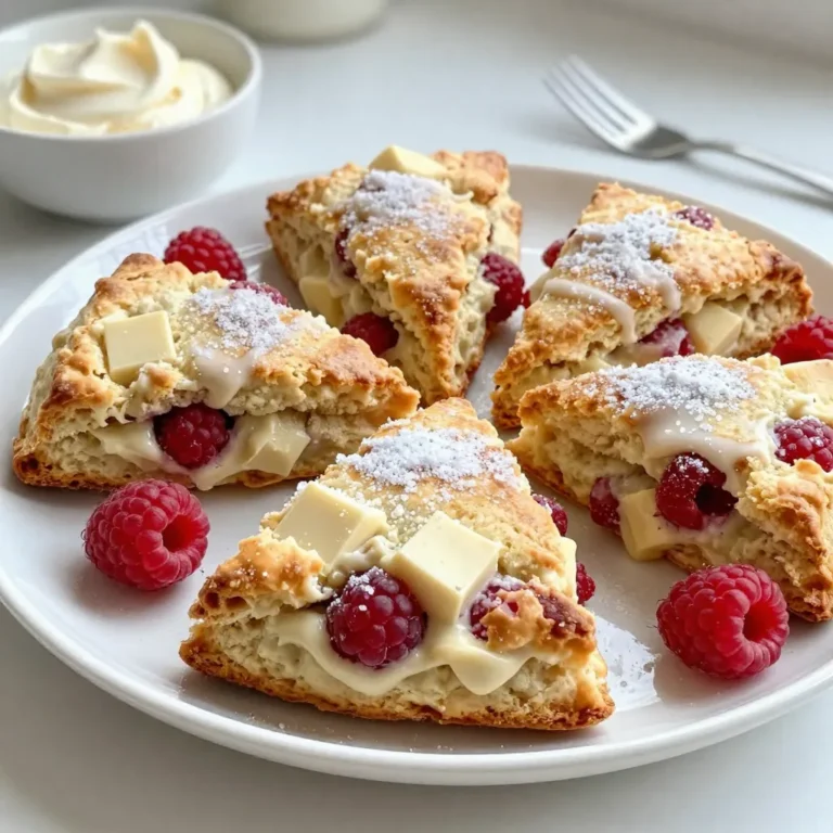 - 2 cups all-purpose flour - 1/2 cup granulated sugar - 1 tablespoon baking powder - 1/2 teaspoon salt - 1/2 cup cold unsalted butter, cubed - 3/4 cup heavy cream, plus a little extra for brushing - 1 large egg - 1 teaspoon vanilla extract - 1 cup fresh raspberries (or thawed frozen raspberries) - 1/2 cup white chocolate chips - 1 tablespoon coarse sugar (for topping) Each ingredient plays a key role in making these scones soft and tasty. The all-purpose flour gives the scones their structure. Granulated sugar adds sweetness, while baking powder helps them rise. Salt balances the flavors. Cold unsalted butter is crucial. It keeps the scones flaky. We use heavy cream to add richness and moisture. The large egg binds everything together. Vanilla extract gives a lovely aroma. Fresh raspberries burst with flavor, and white chocolate chips add a sweet surprise. Finally, coarse sugar on top gives a nice crunch. You can use thawed frozen raspberries if fresh ones are not available. This mix of ingredients results in delightful scones you’ll love to make. Enjoy the process and taste the magic! {{ingredient_image_2}} Start by preheating your oven to 400°F (200°C). This temperature is perfect for baking scones. Next, line your baking sheet with parchment paper. This keeps the scones from sticking and makes cleanup easy. In a large mixing bowl, whisk together 2 cups of all-purpose flour, 1/2 cup of granulated sugar, 1 tablespoon of baking powder, and 1/2 teaspoon of salt. Mixing these dry ingredients well helps your scones rise nicely. Now, add 1/2 cup of cold unsalted butter, cubed, into the flour mixture. Use your fingertips or a pastry cutter to blend the butter. Aim for small pea-sized pieces to create a flaky texture. This step is key for great scones. In another bowl, whisk together 3/4 cup of heavy cream, 1 large egg, and 1 teaspoon of vanilla extract until smooth. This wet mixture brings moisture and flavor to your scones. Gently pour the wet mixture into the dry ingredients. Stir with a wooden spoon until just combined. Be careful not to overmix; this keeps your scones tender. Then, fold in 1 cup of fresh raspberries and 1/2 cup of white chocolate chips. Ensure they are evenly distributed without breaking the raspberries. Lightly flour a clean surface and turn out the dough. Knead it gently about 3-4 times. Shape the dough into a circle, about 1-inch thick. Use a sharp knife to cut the circle into 8 wedges. Transfer the scones to the prepared baking sheet, leaving space between each scone. Brush the tops with a little extra heavy cream. Finally, sprinkle coarse sugar over the tops for a sweet crunch. Bake for 15-20 minutes, or until golden brown. Enjoy the warm aroma filling your kitchen! To make the best scones, start with cold butter. This keeps the scones flaky. When you blend the butter into the flour, use your fingertips or a pastry cutter. Stop when the butter looks like small peas. Avoid overmixing the dough. When you add the wet ingredients, mix just until combined. Overmixing can make the scones tough and dense. Want to boost flavor? Add lemon zest to the dough. This brightens the taste and pairs well with raspberries. You can also try different chocolates. Dark or milk chocolate can give a new twist. For serving, place your scones on a tiered cake stand. This adds elegance to your table. Serve warm with clotted cream or softened butter. Garnish the platter with fresh raspberries. This makes your dish look inviting and colorful. Enjoy the beauty and taste! Pro Tips Use Cold Ingredients: Make sure your butter and cream are very cold. This helps create a flaky texture in the scones. Don't Overmix: Mix the dough just until combined. Overmixing can lead to tough scones. Chill the Dough: If you have time, chill the shaped scones for 15-30 minutes before baking. This can enhance their rise and flakiness. Experiment with Mix-ins: Feel free to swap out raspberries and white chocolate for other fruits and chocolates to create your favorite flavor combinations. {{image_4}} You can easily switch up the berries in these scones. If you want a twist, try strawberries or blueberries. Both add a fresh, fruity flavor. Strawberries give a sweeter taste, while blueberries offer a nice tartness. You can even mix different berries for a colorful treat. Just remember, if using frozen berries, thaw them first. This keeps the scones from getting too wet. If you need a gluten-free option, you can use a gluten-free flour blend. Make sure it has a good binding agent like xanthan gum. This will help the scones hold together. The texture may differ a bit, but the taste will remain delicious. Always check the labels on your ingredients to ensure they are gluten-free. You can reduce the sugar in the recipe if you prefer less sweetness. Start by cutting the sugar in half for a less sugary scone. For a healthier option, try using honey or maple syrup instead of granulated sugar. This adds a unique flavor while keeping it sweet. Adjust to your taste to find the right balance for your palate. To keep your scones fresh, let them cool completely. Place the scones in an airtight container. This helps prevent them from becoming dry or stale. Store them at room temperature for up to three days. If you want to keep them longer, consider refrigeration. Just remember, they may lose some texture when cold. Freezing scones is easy and great for longer storage. First, let the scones cool down. Wrap each scone tightly in plastic wrap. Then, place them in a freezer bag or container. Make sure to remove as much air as possible. You can freeze them for up to three months. When ready to enjoy, simply thaw them at room temperature before reheating. To reheat your scones, preheat the oven to 350°F (175°C). Place the scones on a baking sheet. Heat them for about 10-15 minutes. This will help restore their soft, flaky texture. You can also use a microwave, but be careful. Heat them in short bursts of 10 seconds to avoid making them tough. Enjoy your warm scones with a spread of butter or jam! Yes, you can use frozen raspberries. They work well in scones. However, the texture may change slightly. Frozen raspberries can make the dough wetter. This can lead to a softer scone. To minimize this, drain excess juice before adding them. Fresh raspberries give a firmer bite and brighter flavor. Scones stay fresh for about two days at room temperature. Store them in an airtight container to keep them soft. If you refrigerate them, they last about a week. Just remember, they may dry out a bit in the fridge. For best taste, enjoy them fresh out of the oven. Yes, you can prepare the dough ahead of time. Shape the dough into wedges and freeze them. When you are ready to bake, just add a few extra minutes to the baking time. This keeps the scones fresh. You can also bake them first and store them. Just reheat in the oven for a warm treat. In this blog post, we explored how to make delicious raspberry white chocolate scones. I shared a complete list of ingredients, easy step-by-step instructions, and valuable tips to perfect your scones. We also looked at fun variations and storage methods to keep them fresh. Remember, cold butter and gentle mixing are key to great texture. So, get baking, enjoy the flavors, and impress your friends and family with these tasty treats!