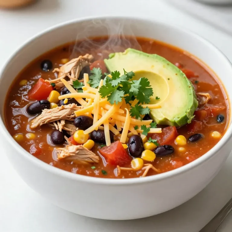 - 1 lb boneless, skinless chicken breasts - 1 can (15 oz) black beans, drained and rinsed - 1 can (15 oz) corn, drained - 1 can (14.5 oz) diced tomatoes with green chilies - 1 can (10 oz) enchilada sauce - 1 medium onion, diced - 2 cloves garlic, finely minced - 2 cups chicken broth (preferably low-sodium) - 1 teaspoon ground cumin - 1 teaspoon chili powder - 1 teaspoon smoked paprika - Salt and black pepper to taste - Fresh cilantro, chopped (for garnish) - Slices of avocado (for topping) - Shredded cheese (cheddar or Mexican blend, for topping) Each ingredient plays a key role in making this soup rich and tasty. The chicken gives a hearty base. Black beans and corn add fiber and sweetness. Diced tomatoes with green chilies bring a hint of spice. The enchilada sauce ties all the flavors together. For seasonings, cumin, chili powder, and smoked paprika bring warmth and depth. Fresh cilantro adds a burst of freshness. You can use any cheese you like for topping. Creamy avocado slices are a great addition too. Using low-sodium broth helps you control the salt. This way, you can adjust the flavor to your liking. Remember, the right balance of ingredients makes this soup a winner. {{ingredient_image_2}} Layering the Chicken Start with the chicken. Place one pound of boneless, skinless chicken breasts flat at the bottom of your slow cooker. This helps the chicken cook evenly. Mixing the Ingredients Grab a large mixing bowl. Combine the following ingredients: - 1 can (15 oz) black beans, drained and rinsed - 1 can (15 oz) corn, drained - 1 can (14.5 oz) diced tomatoes with green chilies - 1 can (10 oz) enchilada sauce - 1 medium onion, diced - 2 cloves garlic, finely minced - 2 cups chicken broth (preferably low-sodium) - 1 teaspoon ground cumin - 1 teaspoon chili powder - 1 teaspoon smoked paprika - Salt and black pepper to taste Stir all these ingredients well until they mix nicely. Cooking Options (Low vs High) Now, pour the mixture over the chicken in the slow cooker. Make sure the chicken is fully covered. Cover the slow cooker with the lid. You can cook it on low for 6 to 8 hours or on high for 3 to 4 hours. I prefer low, as it gives more time for the flavors to blend. Shredding the Chicken After cooking, use tongs or a slotted spoon to take out the chicken. Place it on a cutting board. Use two forks to shred the chicken into bite-sized pieces. Return the shredded chicken back to the soup in the slow cooker. Stir well to mix the chicken with the soup. Taste it and adjust the seasoning as needed. Adjusting Seasoning Taste your soup before serving. Add more salt, black pepper, or spices if needed. You can also add a splash of lime juice for extra brightness. Adjusting seasoning can make a big difference. Cooking Time Adjustments Cooking on low for 6-8 hours gives the best flavor. If you are short on time, use high for 3-4 hours. Just ensure the chicken is fully cooked and tender. The longer cooking time helps the flavors blend well. Cooking Tips for Tender Chicken To keep your chicken tender, place it at the bottom of the slow cooker. Make sure to cover it with sauce and broth. This keeps the meat moist as it cooks. After cooking, shred it gently with two forks to keep it juicy. Pro Tips Use Frozen Chicken: If you're short on time, you can use frozen chicken breasts directly in the slow cooker. Just increase the cooking time by an hour for perfectly cooked chicken. Customize Your Spices: Feel free to adjust the spices according to your taste. Adding jalapeños or cayenne pepper can give the soup an extra kick! Add More Veggies: Incorporate additional vegetables like bell peppers, zucchini, or spinach for a nutritious boost and enhanced flavor. Garnish Creatively: Enhance presentation and flavor by garnishing with sour cream, lime wedges, or crushed tortilla chips for added texture. {{image_4}} Protein Alternatives You can switch out the chicken for other meats. Try ground turkey or beef for a different taste. You can also use shredded rotisserie chicken for a quick option. If you prefer a plant-based meal, go for lentils or chickpeas. Vegetable Additions Feel free to add more veggies! Bell peppers, zucchini, or spinach can boost nutrition and flavor. Just chop them up and toss them in with the other ingredients. They will cook down and blend perfectly with the soup. Different Sauces The enchilada sauce is key to flavor. But you can mix it up! Use green salsa for a tangy twist. You might also try taco sauce for a different kick. Just make sure to adjust spices based on your sauce choice. - Storing Leftovers: Let the soup cool down first. Then, place it in an airtight container. It stays fresh for about 3 to 4 days in the fridge. Make sure to keep the soup in a shallow container for quicker cooling. - Reheating Tips: When you want to enjoy leftovers, heat the soup on the stove over medium heat. Stir it often to warm it evenly. You can also use the microwave. Place your soup in a microwave-safe bowl. Heat in short bursts, stirring in between, until hot. - How to Freeze Enchilada Soup: If you want to save some for later, freezing is a great choice. Pour cooled soup into freezer-safe containers. Leave space at the top for the soup to expand. Seal tightly and label with the date. The soup can last up to 3 months in the freezer. - Thawing Instructions: To enjoy frozen soup, move it to the fridge overnight to thaw. For a quicker option, place the container in cold water. Once thawed, reheat the soup as you would with leftovers. Just remember to stir well while heating. Can I use frozen chicken? Yes, you can use frozen chicken in this soup. Just keep in mind that it may take longer to cook. If you are using frozen chicken, set your slow cooker to high for 4-5 hours. This extra time helps ensure the chicken cooks through and becomes tender. How can I make this soup spicier? To spice up your soup, add more chili powder or cayenne pepper. You can also mix in diced jalapeños or hot sauce. Start with a small amount and taste as you go. This way, you can control the heat level to your liking. What can I serve with chicken enchilada soup? This soup pairs well with tortilla chips, avocado slices, or sour cream. You could also serve it with a fresh salad or warm cornbread. These sides add great texture and flavor to your meal. This blog post covered how to make a tasty chicken enchilada soup. We looked at key ingredients, preparation steps, and how to enhance flavor. I shared tips on protein swaps and vegetable additions for variety. Storing and reheating information helps keep leftovers fresh. Finally, I answered common questions you may have. Making this soup can be fun and easy. Your meal can be healthy and packed with flavor! Enjoy creating your own version.
