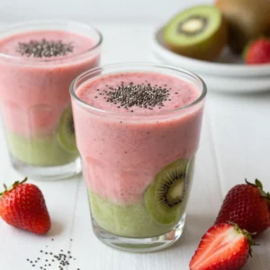 - 1 cup fresh strawberries, hulled and halved - 1 ripe kiwi, peeled and sliced - 1 medium banana, sliced - 1 cup almond milk (or any milk of your choice) - 1 tablespoon honey or maple syrup (optional, for sweetness) - 1 tablespoon chia seeds (for nutrition boost) - Ice cubes (optional, for a chilled effect) The first step to a great smoothie is choosing fresh fruit. I love using bright strawberries, ripe kiwi, and a sweet banana. Strawberries add a burst of flavor and color. Kiwi brings a tangy taste and bright green hue. Bananas add creaminess and natural sweetness. Next, you&rsquo;ll need a liquid base. I prefer almond milk, but any milk works well. If you like a sweeter smoothie, add honey or maple syrup. This little touch can elevate the flavor. For a nutritional boost, I recommend chia seeds. They&rsquo;re tiny but mighty, packed with fiber and omega-3s. Plus, they thicken the smoothie nicely. If you want a chilled drink, toss in some ice cubes. This keeps your smoothie cool and refreshing. With these ingredients, you&rsquo;ll create a vibrant and healthy strawberry kiwi smoothie. Get ready to enjoy a tasty treat! {{ingredient_image_2}} How to hull and slice strawberries To hull strawberries, hold the berry and twist off the green top. Use a small knife to remove the white core. Slice each berry in half. This helps them blend better. Properly peeling and slicing kiwi Start by cutting off both ends of the kiwi. Use a spoon to scoop out the green flesh. Next, slice the kiwi into rounds. This makes it easier to mix in your smoothie. Slicing banana for blending Peel the banana and place it on a cutting board. Cut the banana into thin rounds. This allows for even blending in the next step. Directions for adding ingredients to the blender Add the hulled strawberries, kiwi slices, and banana to the blender. Pour in one cup of almond milk next. If you want it sweeter, add honey or maple syrup. Lastly, sprinkle in the chia seeds. Tips for achieving the perfect smooth texture Blend on high speed until the mixture turns creamy. Stop the blender and check for chunks. If you find any, blend a bit longer. Adjust sweetness if needed by adding more honey or syrup. Pouring the smoothie into glasses Once blended, carefully pour the smoothie into two glasses. Fill each glass to the top for a generous serving. Suggestions for immediate consumption Serve right away for the best taste and texture. You can garnish with a slice of kiwi or a whole strawberry on top. Enjoy your colorful, healthy treat! To make your strawberry kiwi smoothie taste just right, start with the sweetness. You can adjust it by adding honey or maple syrup. If you like it sweeter, add a bit more. If it's too sweet, toss in a little more almond milk. Balancing fruit flavors is key. Strawberries are sweet and juicy, while kiwis add a tart kick. Adding a banana smooths it out and adds natural sweetness. If you want more flavor, try adding a splash of lime juice. To boost nutrition, consider adding spinach or kale. They blend well and add vitamins. You can also try adding oats for fiber. Each adds health benefits without changing the taste much. For sweeteners, if you want something different, try agave or stevia. Both can add sweetness without extra calories. For a creamier smoothie, use frozen bananas instead of fresh ones. They give a nice thick texture. You can also add a scoop of yogurt for creaminess. If you want to incorporate more frozen fruits, try frozen mango or peaches. They blend easily and add a new flavor twist. Just adjust the liquid to make sure it blends well. Pro Tips Use Frozen Fruits: For a thicker and creamier texture, consider using frozen strawberries or bananas instead of fresh ones. This also eliminates the need for ice cubes. Experiment with Milk: Try different types of milk such as coconut, oat, or soy to find your favorite flavor combination. Each milk adds a unique taste to the smoothie. Add Greens: For an extra nutritional boost, blend in a handful of spinach or kale. The fruit flavors will mask the taste of the greens while adding vitamins. Storage Tips: If you have leftovers, store them in an airtight container in the fridge for up to 24 hours. Shake well before drinking as separation may occur. {{image_4}} You can swap strawberries and kiwis for other fruits. Try using mangoes or peaches for a sweet twist. Pineapples and blueberries also pair well for a fun mix of flavors. If you want a tart taste, use raspberries instead of strawberries. Mixing different fruits keeps the smoothie exciting and fresh! If you prefer a dairy-free smoothie, almond milk works great. Other options include coconut milk or oat milk. They add a nice flavor without dairy. For sweeteners, try agave syrup or coconut sugar if you want a vegan choice. These options keep your smoothie plant-based and tasty. In summer, use fresh berries like blackberries or blueberries. In fall, consider adding pumpkin puree for a seasonal twist. You can also create a tropical version by using coconut milk and adding pineapple and mango. Adjust the recipe based on what fruits are in season to keep it fresh and fun! To store leftover smoothie, pour it into an airtight container. This helps keep it fresh. Always leave some space in the container. Smoothies can expand when frozen. I recommend using glass jars or BPA-free plastic containers. These options work well for storing your smoothie. You can freeze smoothies for later use. First, blend your smoothie as usual. Then, pour it into ice cube trays or freezer-safe bags. This way, you can grab a portion when needed. To thaw, place the smoothie in the fridge overnight. For quick use, run warm water over the bag. Never refreeze thawed smoothies. In the fridge, your smoothie stays fresh for up to 24 hours. After that, it may lose flavor and texture. Signs of spoilage include off smells or unusual colors. If you see separation, just shake it before drinking. But if it smells bad or looks strange, it&rsquo;s best to toss it. Yes, you can use frozen fruit. Frozen strawberries and kiwi work well. They add chill and thickness. Just remember, frozen fruit makes the smoothie colder. You might skip the ice cubes. To thicken your smoothie, add more banana or chia seeds. You can also use less milk. Frozen fruit can help too. Blend until smooth for the best texture. Yes, you can make it ahead. Store it in the fridge for up to one day. If it separates, just shake or stir before drinking. For best taste, enjoy it fresh. Chia seeds are full of fiber, protein, and omega-3 fatty acids. They help keep you full longer. Plus, they add a nice texture and boost nutrition. Just one tablespoon packs a punch. Yes, adding protein powder is a great idea. It can make your smoothie more filling. Choose your favorite flavor and mix it in with the other ingredients. Enjoy a tasty and nutritious drink! This blog post guides you in making a tasty fruit smoothie. We explored the best fresh fruits, liquids, and sweeteners to use. You learned to prepare, blend, and serve your smoothie. Tips on flavor and nutrition will help you customize it. Variations keep things exciting, while storage info ensures freshness. Keep experimenting with flavors. Enjoy making smoothies for a healthy treat!