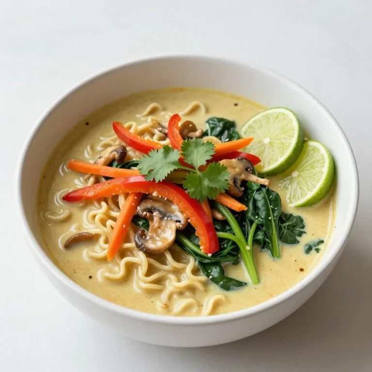 - 200g ramen noodles - 1 tablespoon coconut oil - 1 medium onion, finely chopped - 3 cloves garlic, minced - 1 tablespoon fresh ginger, grated - 1 red bell pepper, sliced into strips - 1 large carrot, julienned - 1 cup mushrooms, sliced (shiitake or button) - 1 can (400ml) full-fat coconut milk - 2 cups vegetable broth (low-sodium recommended) - 2 tablespoons red curry paste (adjust for heat preference) - 1 tablespoon soy sauce (or tamari for gluten-free) - 1 tablespoon maple syrup (or agave syrup) - 1 cup baby spinach (or kale) - Fresh cilantro leaves for garnish - Lime wedges for serving - Salt and black pepper to taste When choosing your ingredients, freshness matters. Use fresh vegetables for the best taste. Select firm bell peppers and bright carrots. For mushrooms, shiitake brings a rich flavor, while button mushrooms are mild. Choose full-fat coconut milk for a creamy broth. Low-sodium vegetable broth keeps the dish healthy. If you want extra flavor, use organic soy sauce or tamari. For sweetness, maple syrup is my favorite. It adds depth without overpowering other tastes. Prep your veggies before you start cooking. Chop the onion, garlic, and ginger. Slice the bell pepper and julienne the carrot. Clean and slice the mushrooms last, as they can brown quickly. Use baby spinach or kale, depending on your taste. Rinse them well before adding. Fresh cilantro should be washed and dried, ready for garnish. Lime wedges should be cut just before serving to keep them fresh. These small steps ensure your vegan coconut curry ramen shines with flavor. {{ingredient_image_2}} First, cook the ramen noodles. Follow the package instructions carefully. Once they are soft, drain them. Rinse the noodles under cold water. This stops the cooking. Set the noodles aside for later. Next, take a large pot. Heat one tablespoon of coconut oil over medium heat. When the oil melts, add the finely chopped onion. Sauté the onion for about three to four minutes. You want it to be translucent and smell nice. Then, add three minced garlic cloves and one tablespoon of grated ginger. Stir this for one minute. The aroma will fill your kitchen. Now, add the sliced red bell pepper, julienned carrot, and sliced mushrooms. Sauté these for five minutes. You want them soft but still a bit crisp. This mix adds color and texture to your dish. Pour in one can of full-fat coconut milk. Then, add two cups of vegetable broth. Stir well to blend everything. This mix is your base for the broth. Add two tablespoons of red curry paste. Adjust this to your spice level. Add one tablespoon of soy sauce and one tablespoon of maple syrup for sweetness. Mix it all together and let it gently simmer. Let this cook uncovered for about ten minutes. This time lets the flavors meld together. After that, add one cup of baby spinach. Allow it to wilt for two to three minutes. Before you serve, taste the broth. Add salt and black pepper to your liking. Now, it's time to serve. Divide the cooked ramen noodles into bowls. Pour the rich coconut curry broth over the noodles. Make sure to include lots of colorful veggies. Garnish with fresh cilantro leaves and lime wedges on the side. Enjoy this warm, nourishing dish! Cooking ramen noodles is simple. Always follow package instructions for the best results. Boil water in a large pot. Add noodles and cook them until just tender. Drain the noodles and rinse them with cold water. This stops the cooking process and keeps them firm. Keep the noodles separate until you’re ready to serve. This helps avoid mushy noodles in your bowl. Curry paste is key to flavor in this dish. Start with one tablespoon of red curry paste. This gives a nice warmth without overwhelming heat. If you want more spice, add more paste bit by bit. Taste it after each addition. Remember, you can always add more, but it’s hard to take spice out. Balance the heat with sweetness from maple syrup, if needed. Seasoning brings life to your ramen. After simmering, taste the broth and adjust it. A pinch of salt can boost the flavor. Fresh lime juice adds brightness. Garnish with fresh cilantro to add a burst of flavor. For more color, add sliced green onions or sesame seeds. These small touches make your dish look and taste great. Enjoy your flavorful and nourishing vegan coconut curry ramen! Pro Tips Use Fresh Ingredients: Fresh vegetables and herbs will enhance the flavors of your coconut curry ramen, making it more vibrant and delicious. Adjust the Spice Level: Feel free to modify the amount of red curry paste according to your heat preference; remember, you can always add more, but you can't take it away! Garnish Generously: Fresh cilantro and lime wedges not only add flavor but also brighten up the dish visually, making it more appealing. Rinse Noodles After Cooking: Rinsing the ramen noodles under cold water will prevent them from becoming mushy and help them hold their texture in the broth. {{image_4}} To make this vegan coconut curry ramen gluten-free, use gluten-free ramen noodles. These noodles are available in many stores and online. You can also use rice noodles or zucchini noodles for a fun twist. When using soy sauce, switch to tamari. Tamari is a great gluten-free substitute. This way, you can enjoy the same rich flavors without any gluten. If you want extra protein, consider adding tofu or chickpeas. Firm tofu works best. Just cube it and sauté it with the vegetables. Chickpeas can be added straight from the can. They add fiber and protein while keeping the dish vegan. You can also use edamame for a fresh touch. These options will make your ramen more filling and nutritious. Feel free to swap out the vegetables in this recipe. Broccoli, snap peas, or bok choy work well. You can even add sweet potatoes for a hearty flavor. If you like greens, try kale or Swiss chard instead of spinach. Make this dish your own by using what you have on hand. Each variation brings its own taste and texture to the ramen. To store leftover ramen, first let it cool. Then, place the broth and noodles in separate airtight containers. This keeps the noodles from getting too soggy. Store the containers in the fridge for up to three days. When you are ready to eat, gently reheat the broth in a pot over medium heat. Stir often to avoid burning. For the noodles, you can add them to the pot for a few minutes until warm. You can also microwave the noodles separately. Add a splash of water to keep them moist. If you want to freeze your ramen, do not freeze the noodles with the broth. Instead, store the broth in a freezer-safe container for up to two months. When you are ready to enjoy, thaw the broth overnight in the fridge. Cook fresh noodles separately, then combine them with the reheated broth. This way, you keep the flavors fresh and the noodles perfect! Yes, you can use different types of noodles. Ramen noodles give the best texture. You can also try rice noodles or udon. Just follow the cooking times on their packages. This way, you get the right doneness. If you can't find coconut milk, try almond milk or cashew cream. These options will change the flavor a bit but still work well. For a richer taste, use full-fat soy milk or oat milk. These keep your dish creamy and tasty. Yes, this recipe is great for meal prep! You can make a large batch and store it. Keep the noodles and broth separate to avoid sogginess. It stays fresh in the fridge for about three days. Reheat on the stove or in the microwave, and enjoy! This post covered how to make a great coconut curry ramen. You learned the best ingredients and how to prepare them. I shared step-by-step cooking methods to create rich flavors. Plus, I offered tips for adjusting spice and storing leftovers. Now you can enjoy a tasty and flexible meal that suits your taste. So gather your ingredients and get cooking!