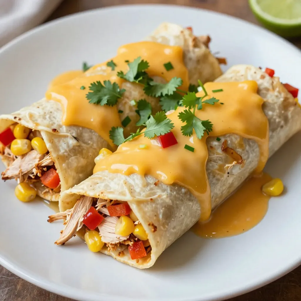 For these enchiladas, you need: - 2 cups cooked chicken, shredded - 1 cup corn (canned or frozen) - 1 red bell pepper, diced - 1 small red onion, finely chopped These ingredients create a tasty base. The shredded chicken adds protein. Corn adds sweetness. The red bell pepper brings color and crunch. The onion gives depth to the flavor. You will need: - 2 cups shredded cheddar cheese, divided - 1 cup sour cream - 1/4 cup honey - 1/4 cup fresh lime juice - 2 teaspoons chili powder - 1 teaspoon ground cumin - Salt and pepper to taste The cheddar cheese melts beautifully. Sour cream makes the sauce creamy. Honey and lime juice create a sweet and zesty sauce. Chili powder and cumin add warmth and depth. For the wraps, use: - 8 small flour tortillas Flour tortillas are soft and easy to roll. They hold all the good stuff inside. You can also add salt and pepper to enhance flavors. These ingredients combine to create a rich and flavorful dish. Each bite offers a mix of tastes and textures. {{ingredient_image_2}} Start by preheating your oven to 375°F (190°C). This sets the stage for a great bake. In a large bowl, mix together 2 cups of shredded chicken, 1 cup of corn, 1 diced red bell pepper, and 1 small finely chopped red onion. Add 1 cup of shredded cheddar cheese. Stir until everything blends well. In a small bowl, whisk together 1 cup of sour cream, 1/4 cup of honey, and 1/4 cup of fresh lime juice. Add 2 teaspoons of chili powder and 1 teaspoon of ground cumin. Season with a pinch of salt and pepper. This creamy sauce adds zing! Take 8 small flour tortillas and lay them flat. Spoon some chicken mixture into each tortilla's center. Roll them tightly, tucking in the ends as you go. Grab a greased 9x13 inch baking dish. Place the rolled tortillas seam-side down in a single layer. Drizzle the rest of the honey-lime sauce over the enchiladas. Sprinkle with the remaining 1 cup of shredded cheddar cheese. Cover with aluminum foil and bake for 20 minutes. Remove the foil and bake for another 10 minutes until the cheese is melted and bubbly. Let the enchiladas cool for a few minutes after baking. Top with chopped fresh cilantro just before serving for color and flavor. Enjoy every bite! To shred chicken, first, let it cool a bit. Use two forks to pull the meat apart. You can also use your hands if the chicken is cool enough. For faster results, try using a stand mixer. Just place the chicken in the bowl and mix on low speed. It shreds quickly and evenly. A great honey-lime sauce is key to this dish. Start with fresh lime juice for the best flavor. Mix it well with honey, sour cream, chili powder, and ground cumin. Adjust to taste. If you like it sweeter, add more honey. For a zesty kick, squeeze in some extra lime juice. Serve your enchiladas on a large platter. Garnish with fresh cilantro and lime wedges. This adds color and freshness. You can also pair them with a side salad or some rice. For extra heat, serve with sliced jalapeños or hot sauce. Enjoy the delightful mix of flavors! Pro Tips Use Rotisserie Chicken: For a quicker preparation, consider using store-bought rotisserie chicken. It saves time and adds a delicious flavor to your enchiladas. Customizable Fillings: Feel free to add other veggies like spinach or zucchini, or swap out the chicken for beef or beans for a vegetarian option. Make Ahead: You can prepare the enchiladas a day in advance. Just assemble them and refrigerate before baking. This allows the flavors to meld beautifully. Experiment with Cheese: While cheddar is classic, try using Monterey Jack or pepper jack cheese for added flavor and a bit of spice. {{image_4}} You can make these enchiladas vegetarian by swapping the chicken for black beans. Use two cups of cooked black beans. This adds protein and a great flavor. You can also add more veggies like zucchini or spinach for extra nutrients. Just be sure to mix in the honey-lime sauce to keep that tangy taste. Add some heat to your enchiladas! Try adding diced jalapeños to the chicken mix. You can also use spicy pepper jack cheese instead of cheddar. If you want even more spice, add a pinch of cayenne pepper to the honey-lime sauce. Adjust the spice to your taste for a fiery kick. Cheese plays a big role in flavor. While cheddar is great, you can mix it up. Try using Monterey Jack or crumbled feta for a unique twist. You can even blend different cheeses for a richer taste. Mixing cheeses can add depth and make your enchiladas more exciting. You can store leftover honey lime chicken enchiladas in the fridge. Place them in an airtight container. They will stay fresh for up to four days. Make sure to cool them to room temperature before sealing. This helps keep them from getting soggy. If you want to save enchiladas for later, freezing is a great option. Wrap each enchilada in plastic wrap and place them in a freezer-safe bag. They can last for up to three months in the freezer. When you’re ready to eat, simply thaw them in the fridge overnight. Reheating is easy! You can use the oven or microwave. For the oven, preheat it to 350°F (175°C). Place the enchiladas in a baking dish and cover with foil. Bake for about 20 minutes, or until heated through. In the microwave, heat them on a plate for 2-3 minutes, checking often. Enjoy your delicious leftovers! Yes, you can use rotisserie chicken. It saves time and adds great flavor. Just shred it into bite-sized pieces. This option makes the recipe even quicker. To spice up your enchiladas, add chopped jalapeños. You can also use a spicier chili powder. Another option is to drizzle hot sauce on top before serving. Adjust the heat to your liking! I love serving these enchiladas with a fresh salad. A side of black beans pairs well too. You could also add rice for a heartier meal. Don’t forget some lime wedges for extra zing! Yes, corn tortillas can work well. They add a nice flavor and texture. Just make sure to warm them first. This makes them easier to roll without breaking. Leftovers stay good for about three to four days in the fridge. Store them in an airtight container. Reheat in the oven for the best taste! We've covered everything you need for honey-lime chicken enchiladas. You learned about the key ingredients, from chicken and veggies to cheeses and tortillas. I shared clear steps to make your dish perfect, with tips for easy prep and storage. You also found fun variations to try. To sum it up, these enchiladas are tasty and easy. They fit many tastes and are great for any meal. Enjoy making and sharing them with others!