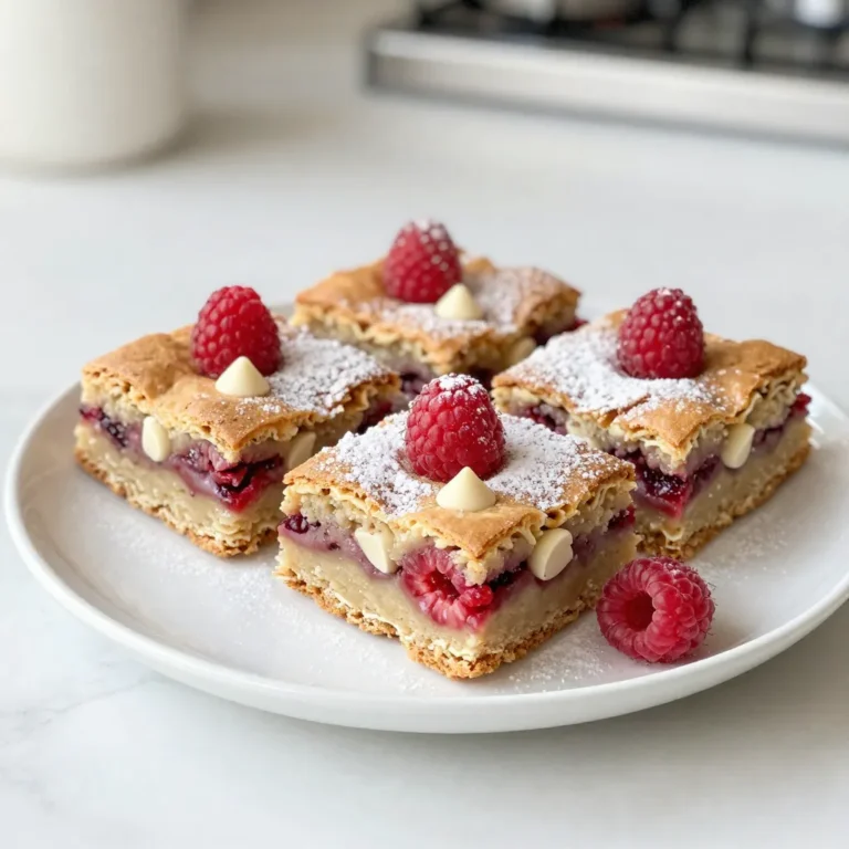 To make Raspberry White Chocolate Blondies, gather the following ingredients: - 1 cup unsalted butter, melted - 1 cup packed brown sugar - 1/2 cup granulated sugar - 2 large eggs - 2 teaspoons vanilla extract - 2 cups all-purpose flour - 1 teaspoon baking powder - 1/2 teaspoon salt - 1 cup white chocolate chips - 1 cup fresh raspberries (or frozen, if out of season) These ingredients create a sweet and rich base. The butter gives a nice, smooth texture. Both sugars add depth and moisture. Two eggs help bind everything together while the vanilla adds a lovely aroma. The flour, baking powder, and salt bring structure and balance. The white chocolate chips offer creamy sweetness. Finally, the fresh raspberries add bright flavor and color. Using fresh raspberries is best for flavor. If they are out of season, frozen ones work too. You can adjust the amount of white chocolate if you like. Feel free to add a pinch of cinnamon for a hint of spice. These ingredients come together to make a dreamy treat that everyone will love. {{ingredient_image_2}} 1. First, preheat your oven to 350°F (175°C). This helps the blondies bake evenly. 2. Next, prepare a 9x13 inch baking pan by lining it with parchment paper. Leave some paper hanging over the sides. This makes it easy to lift out the blondies later. 3. In a large mixing bowl, add 1 cup of melted unsalted butter. Then, mix in 1 cup of packed brown sugar and 1/2 cup of granulated sugar. Stir until smooth. This glossy mixture is the base of your blondies. 4. Now, add 2 large eggs to the bowl, one at a time. Mix well after each egg. Finish by stirring in 2 teaspoons of vanilla extract for extra flavor. 5. In another bowl, whisk together 2 cups of all-purpose flour, 1 teaspoon of baking powder, and 1/2 teaspoon of salt. This is your dry mix. 1. Gradually sift the dry mix into the wet ingredients. Stir gently until just combined. Be careful not to overmix. This keeps your blondies soft. 2. Now, fold in 1 cup of white chocolate chips. Next, add 1 cup of fresh raspberries. Be gentle to keep the raspberries intact. 3. Pour the batter into the prepared baking pan. Use a spatula to spread it evenly. 4. Bake in your preheated oven for 25-30 minutes. Look for a golden top. Insert a toothpick into the center. It should come out clean or with a few moist crumbs. 1. After baking, let the blondies cool in the pan on a wire rack for about 15 minutes. 2. Use the parchment paper to lift them out of the pan. Transfer them to the wire rack to cool completely. 3. Once cool, cut the blondies into squares. For a nice touch, serve them warm or at room temperature. You can dust them with powdered sugar and add a few extra raspberries on top for a pop of color. You can swap out the sugars in this recipe. Try using coconut sugar or maple sugar for a different taste. If you run out of butter, use coconut oil or applesauce instead. These swaps keep your blondies tasty and moist. When it comes to raspberries, fresh ones are ideal. However, frozen raspberries work well too. Just make sure to thaw and drain them first. This step stops excess moisture from making your blondies soggy. Mixing is key! Overmixing can make your blondies dry. Stir gently until everything is just combined. This keeps the texture light and chewy, which is what you want. To ensure even baking, pay attention to your oven. Always preheat it to 350°F (175°C). Place your baking pan in the center of the oven for best results. Check your blondies at the 25-minute mark. If the top is golden and a toothpick comes out clean, they are ready! You can enhance your blondies with extra flavorings. A pinch of cinnamon or a splash of almond extract can add warmth. If you want a bit of zest, try adding lemon or orange zest for a fresh kick. For that perfect moist and chewy texture, don't skip the eggs. They add richness and help bind the ingredients. Also, be sure to let your blondies cool for a while before cutting. This allows them to set and makes slicing easier. Pro Tips Use Quality Chocolate: Opt for high-quality white chocolate chips for a richer flavor that will elevate your blondies. Don't Overmix: Gently fold the dry ingredients into the wet mixture to keep the blondies tender and chewy. Chill the Batter: For a more intense flavor, consider chilling the batter for 30 minutes before baking, allowing the ingredients to meld. Store Properly: Keep the blondies in an airtight container at room temperature for up to a week to maintain their freshness. {{image_4}} You can create unique flavors with simple tweaks. Adding nuts like walnuts or pecans gives a nice crunch. Coconut can also add a chewy texture. Both options pair well with the sweet raspberries and white chocolate. You can also infuse the blondies with citrus zest. A teaspoon of lemon or orange zest brightens the flavor. This twist balances the sweetness and adds freshness to each bite. If you need a gluten-free option, use almond or oat flour. Both flours work well and keep the blondies soft. Just keep the same amount in the recipe. For a vegan version, swap out the eggs and butter. Use flax eggs made from ground flaxseed and water. Replace the butter with coconut oil or a vegan butter spread. Seasonal fruits can make these blondies even more special. In summer, try adding peaches or strawberries. In fall, diced apples or pumpkin spice can work wonders. For holiday-themed additions, think about using peppermint or nutmeg. These flavors can make your blondies festive and fun for gatherings. Store your raspberry white chocolate blondies at room temperature for up to three days. Keep them in an airtight container to keep them fresh. If you want to store them longer, place them in the fridge. Just remember to cover them well. Using plastic wrap or a tight lid helps keep them moist. You can freeze blondies to enjoy later. First, let them cool completely. Then, cut them into squares. Wrap each square in plastic wrap, then place them in a freezer bag. This helps avoid freezer burn. To thaw, take them out and leave them at room temperature for about an hour. You can also warm them in the microwave for about 15 seconds. When stored correctly, your blondies last for about one week in the fridge. Watch for signs like a dry texture or off smell. If they seem hard or smell funny, it’s best to toss them. Enjoy your sweet treats while they’re fresh! Yes, you can use dark or milk chocolate instead of white chocolate. Dark chocolate gives a rich flavor. It contrasts nicely with the tartness of the raspberries. Milk chocolate is sweeter and adds a creamy touch. Both options work well to make your blondies unique. You can tell when blondies are done by looking for a golden top. Insert a toothpick into the center. If it comes out clean or with a few moist crumbs, they are done. Avoid overbaking to keep them soft and chewy. Absolutely! You can make these blondies a day or two in advance. Store them in an airtight container at room temperature. For longer storage, wrap them well and freeze. Just thaw and enjoy when you’re ready. We explored how to make delicious blondies, covering everything from ingredients to baking tips. You now know about the key components, mixing methods, and how to serve them perfectly. Remember, you can customize these blondies with flavors and dietary needs. Store them properly for freshness and enjoy your treats longer. Baking should be fun and satisfying. Get creative, and don’t hesitate to try new twists. Happy baking!