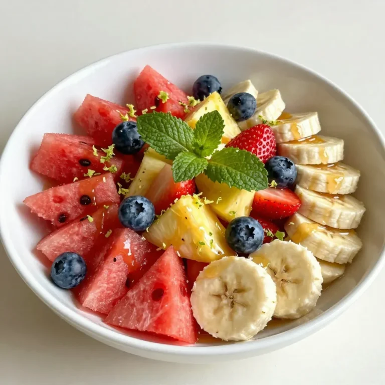 - 2 cups of diced watermelon - 1 cup of fresh blueberries - 1 cup of diced sweet pineapple - 1 cup of hulled and diced strawberries - 1 ripe banana, thinly sliced This fruit salad shines with vibrant colors and flavors. Each fruit adds its own sweet touch. Watermelon brings a juicy crunch, while blueberries pop with flavor. Sweet pineapple adds a tropical twist. Strawberries offer a classic sweetness, and bananas provide a creamy texture. - 3 tablespoons of natural honey - 2 tablespoons of freshly squeezed lime juice - Zest of 1 juicy lime The honey lime dressing is simple yet zesty. Mixing honey with lime juice creates a sweet and tangy blend. The lime zest adds a fragrant touch that brightens the salad. This dressing enhances the fruit's natural sweetness while adding a refreshing zing. - A handful of fresh mint leaves Fresh mint leaves make the salad look beautiful. They also add a burst of cool flavor. The mint is the perfect finishing touch. It elevates the dish and makes it even more enjoyable. {{ingredient_image_2}} To start, gather your fresh fruits. You will need diced watermelon, fresh blueberries, diced sweet pineapple, hulled and diced strawberries, and thinly sliced banana. In a large mixing bowl, combine these fruits. Be sure to use a gentle folding motion. This keeps the fruits whole and prevents mashing. The colors and textures will look stunning together. Now, let&rsquo;s make the dressing. In a small bowl, whisk together three tablespoons of natural honey, two tablespoons of freshly squeezed lime juice, and the zest of one juicy lime. Whisk until smooth and combined. A well-mixed dressing adds a sweet and tangy flavor to your salad. Aim for a silky consistency that clings to the fruit without being too thick. Once your dressing is ready, it&rsquo;s time to assemble the salad. Drizzle the honey-lime mixture over your fruit medley. Use a gentle toss to mix. This step ensures every piece of fruit gets an even coating. For the best taste, let the salad rest at room temperature for 10-15 minutes. This allows the flavors to blend beautifully. Before serving, give it one last gentle toss and top with fresh mint leaves for a burst of color and flavor. Let your honey lime fruit salad rest for 10-15 minutes. This step allows the fruits to soak up the dressing. The juices blend together, creating a better taste. Fresh ingredients are key. Use ripe and seasonal fruits for the best flavor. Each fruit should burst with sweetness and juiciness. Serve your fruit salad in a clear glass bowl. This way, everyone can see the colorful layers. Add a few extra mint leaves on top. They add a fresh touch and look beautiful. You can also serve it in individual bowls for a fun twist. Honey lime fruit salad pairs well with many dishes. Try it with grilled chicken or fish for a light meal. It also complements tacos and summer sandwiches. For drinks, serve it with iced tea or sparkling water. A splash of lime juice in your drink adds a nice zing. Pro Tips Use Ripe Fruits: Choosing ripe fruits enhances the sweetness and flavor of your salad, making it even more delightful. Chill Before Serving: For a refreshing experience, chill the fruit salad in the refrigerator for about 30 minutes before serving. Experiment with Fruits: Feel free to mix and match seasonal fruits for variety and to keep the salad interesting every time you make it. Mint Freshness: Adding mint just before serving ensures it stays vibrant and fresh, enhancing both the look and flavor of your salad. {{image_4}} You can mix in many fruits. Here are some ideas: - Mango: Adds a sweet, tropical flavor. - Kiwi: Adds a tart kick and lovely color. - Grapes: Sweet and crunchy, perfect for texture. - Peaches or nectarines: They add a juicy bite. Think about seasonal fruits too. In summer, use fresh berries. In fall, apples and pears are great. Always choose ripe fruits for the best taste. You can change the dressing too. Try these sweeteners: - Agave syrup: A vegan option that&rsquo;s just as sweet. - Maple syrup: Adds a rich flavor. - Coconut sugar: A less processed choice. You can also enhance the flavor. Add a pinch of cinnamon for warmth or a splash of vanilla extract for sweetness. A little grated ginger will give a zesty kick. Making this salad vegan is easy. Just use agave syrup instead of honey. You can also swap out any dairy-based toppings for plant-based ones. For gluten-free options, this salad is naturally gluten-free. Ensure your sweeteners and additional ingredients are gluten-free too. Enjoy your fresh, vibrant salad without worry! To keep your Honey Lime Fruit Salad fresh, store it in the fridge. Use an airtight container. This helps lock in moisture and flavor. A glass container works great, as it keeps the salad visible and appealing. Avoid metal containers; they can react with the lime juice. This fruit salad lasts about two days in the fridge. After that, the fruits may start to go bad. Look for signs of spoilage like a change in color or a mushy texture. If the salad smells off, it&rsquo;s better to toss it. If your fruit salad feels a bit dry, try adding a splash of lime juice. This can bring back some moisture. You can also mix in a bit more honey for sweetness. If you want to repurpose the salad, use it in smoothies or as a topping for yogurt. It adds a nice fruity twist! Yes, you can use frozen fruit. Frozen fruit can be a great option when fresh fruit is out of season. Here are some pros and cons: - Pros: - Frozen fruit is often picked at peak ripeness. - It lasts longer than fresh fruit. - It can be more affordable. - Cons: - Frozen fruit may lose some texture. - It can release extra juice when thawed. - The flavor may be less intense compared to fresh fruit. If you choose frozen fruit, let it thaw and drain excess juice before mixing it into your salad. You can prepare this salad in advance. Follow these steps: - Chop and mix the fruit a few hours before serving. - Store it in an airtight container in the fridge. - Wait to add the dressing until just before serving. This keeps the fruit fresh. The dressing can also be made ahead. Just whisk together honey, lime juice, and zest. You can mix and match with other fruits. Here are some tasty options: - Ripe peaches add a sweet touch. - Kiwi provides a fun tartness. - Grapes bring a nice crunch. - Oranges add a juicy burst. Experiment with your favorites for new flavors. This salad is all about fresh and fun combinations! This fruit salad is fresh, bright, and tasty. You learned about the best fruits, a simple dressing, and useful tips for flavor. A mint garnish adds a fun touch. With ideas for variations and storage, it fits any meal. Remember to use fresh ingredients for the best taste. Enjoy making this salad your own!