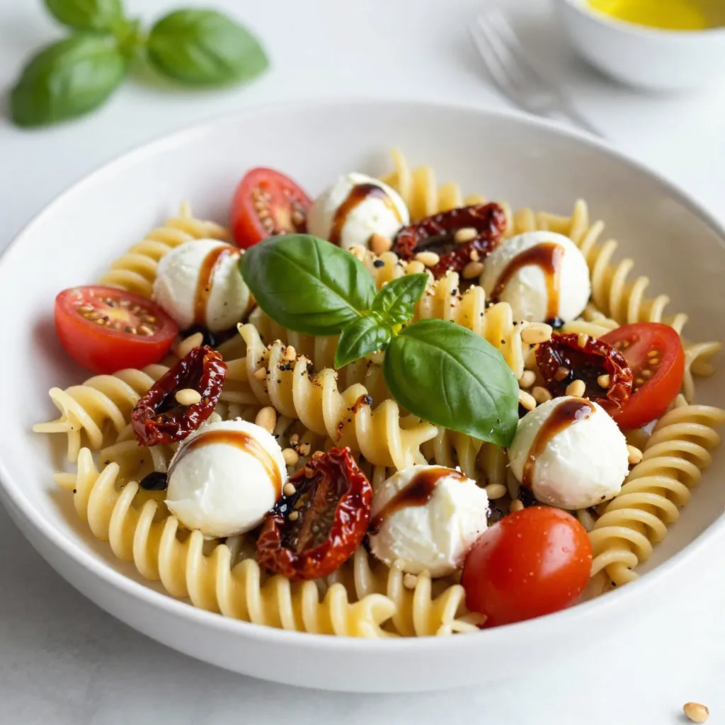 To make a tasty Caprese Pasta Salad, you need: - 8 ounces of fusilli pasta - 1 cup cherry tomatoes, halved - 1 cup fresh mozzarella balls, halved - 1 cup fresh basil leaves, torn if large - 1/2 cup sun-dried tomatoes in oil, chopped - 1/4 cup extra virgin olive oil - 2 tablespoons balsamic glaze - Salt and freshly ground black pepper to taste - 1/4 cup toasted pine nuts Fresh ingredients make this dish shine. They add bright flavors and vibrant colors. Fresh basil brings an aromatic touch. Juicy cherry tomatoes provide sweetness and acidity. Creamy mozzarella adds a rich texture. When you use fresh items, your salad tastes better. Plus, it looks more appealing on the plate. You can easily adjust this recipe to meet dietary needs. If you want a gluten-free option, try gluten-free pasta. For a vegan version, skip the mozzarella or use a dairy-free cheese. If you dislike pine nuts, swap them for walnuts or skip them entirely. Adjusting ingredients makes the dish work for everyone. {{ingredient_image_2}} Start with a large pot and fill it with water. Add a pinch of salt to the water. Bring the water to a boil. Once boiling, add the fusilli pasta. Cook the pasta for about 8 to 10 minutes. You want it firm but not hard, known as al dente. After cooking, drain the pasta in a colander. Rinse it under cold running water. This stops the cooking and cools it down. Set the pasta aside for later use. In a big mixing bowl, add the halved cherry tomatoes. Then, add the fresh mozzarella balls that are also halved. Toss in the torn basil leaves next. Chop the sun-dried tomatoes and add them too. Stir the ingredients gently with a spoon. You want to mix them well but be careful. You do not want to break the mozzarella. Now it's time to add the cooled fusilli pasta to the bowl. Toss everything together gently. Then, drizzle the extra virgin olive oil over the salad. Next, add the balsamic glaze on top. Toss the salad again to coat all the ingredients. Finally, sprinkle salt and black pepper to taste. Adjust the seasoning based on your preference. Just before serving, add the toasted pine nuts for crunch. Enjoy this fresh and flavorful dish! Cook the fusilli in boiling, salted water. Follow the package instructions, usually 8-10 minutes. Check the pasta a minute or two before the time ends. It should be firm yet tender when you bite into it. This is al dente. Drain the pasta and rinse it with cold water. This stops the cooking and keeps the pasta from getting mushy. For mozzarella, use a sharp knife. Cut it into bite-sized pieces. You can also use kitchen scissors for smaller balls. For cherry tomatoes, slice them in half. A gentle press helps keep the juice inside. This method makes the salad look nice and keeps flavors fresh. You can boost the flavor of your Caprese Pasta Salad by adding more ingredients. Consider fresh arugula for a peppery taste. You can also mix in olives for a briny kick. A sprinkle of lemon zest adds brightness, too. Experiment with these additions to find your favorite flavor combination. Pro Tips Use Fresh Ingredients: For the best flavor, choose ripe cherry tomatoes and fresh mozzarella. The quality of these ingredients will elevate the entire salad. Customize Your Pasta: Feel free to substitute fusilli with other pasta shapes like penne or farfalle for a different texture and presentation. Add Some Zing: Incorporate a squeeze of fresh lemon juice for a bright, zesty flavor that pairs beautifully with the balsamic glaze. Make it a Meal: To turn this salad into a main course, add grilled chicken or shrimp for added protein and a satisfying dish. {{image_4}} You can use many pasta types for Caprese Pasta Salad. Fusilli is fun because it holds sauce well. However, you can try: - Penne - Farfalle - Rotini - Orzo Each pasta adds a unique touch. Choose one that you love. Want to make your salad stand out? You can add different ingredients. Some great options include: - Avocado slices for creaminess - Arugula for a peppery bite - Grilled chicken for protein - Olives for a salty kick These additions can change the flavor profile. Mix and match to find your favorite combination. If you need gluten-free pasta, look for options made from rice or quinoa. These work well in this dish. For vegan options, skip the mozzarella. Instead, try using: - Vegan cheese - Tofu cubes - Chickpeas for extra protein These choices keep the dish delicious and friendly for everyone. Enjoy exploring these variations! To keep your Caprese Pasta Salad fresh, store it in an airtight container. This helps prevent the salad from drying out. Make sure to remove any extra air before sealing. If you separate the dressing, it will last longer. Store the dressing in a small jar. This keeps the salad from getting soggy. When stored properly, Caprese Pasta Salad can last in the fridge for up to three days. After that, the texture and taste may change. Always check for any signs of spoilage before eating. If it smells off or looks strange, it’s best to discard it. You can enjoy Caprese Pasta Salad cold or at room temperature. If you prefer it warm, gently heat it in a pan over low heat. Be careful not to overcook the cheese. If you choose to eat it cold, simply take it out of the fridge and give it a gentle toss. Add a bit more olive oil or balsamic glaze for extra flavor if needed. Yes, you can make Caprese Pasta Salad ahead of time. It tastes great after chilling in the fridge. I suggest making it a few hours before serving. This lets the flavors mix well. Just remember to add the pine nuts right before you serve. They keep their crunch this way. Caprese Pasta Salad pairs well with many dishes. You can serve it with grilled chicken or shrimp for protein. A slice of crusty bread is also nice. If you want a light meal, serve it with a green salad. It will add more color and texture to your meal. Yes, Caprese Pasta Salad can be a healthy choice. It has fresh vegetables like tomatoes and basil. The mozzarella offers protein and calcium. Olive oil adds healthy fats. Just watch the amount of balsamic glaze and salt you use. This helps keep it balanced and nutritious. In this article, we explored the key ingredients for a great Caprese Pasta Salad. Fresh ingredients are vital for taste, and substitutions can fit your diet. We shared step-by-step instructions, tips for perfect pasta texture, and how to combine flavors. You can also try different pasta types and flavors for fun twists. Proper storage helps keep leftovers fresh. Remember, Caprese Pasta Salad is easy to prep ahead of time and pairs well with many dishes. Enjoy making this dish your own while keeping it tasty and healthy!