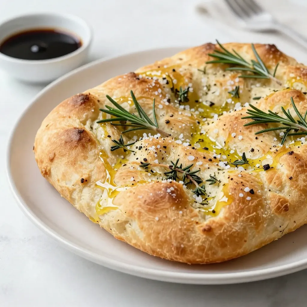 - 4 cups all-purpose flour - 2 teaspoons instant yeast - 1 teaspoon sugar - 2 teaspoons salt - 1½ cups warm water (110°F or 43°C) - 6 tablespoons olive oil, divided - 4 cloves garlic, minced - 2 tablespoons fresh rosemary, finely chopped - 1 tablespoon fresh thyme, finely chopped - Coarse sea salt for sprinkling - Black pepper to taste Use precise measurements for best results. Here’s a quick guide: - All-purpose flour: Use a dry measuring cup for accuracy. - Instant yeast: Level off the teaspoon to avoid too much rise. - Sugar: Just one teaspoon will help the yeast activate. - Salt: Use fine sea salt to mix well with flour. - Warm water: A thermometer helps ensure it’s the right temp. - Olive oil: Measure each tablespoon carefully for even flavor. - Garlic, rosemary, and thyme: Chop finely for better distribution. - Fresh garlic gives the best flavor. Look for firm cloves. - Use high-quality olive oil for a rich taste. - Fresh herbs add great aroma and depth. Dried herbs won’t work as well. - Make sure your flour is fresh. Stale flour can ruin your bread. - Use coarse sea salt for a nice texture on top. - Check the expiry date on yeast. Active yeast is essential for rise. {{ingredient_image_2}} Start by getting your yeast ready. In a large mixing bowl, pour in 1½ cups of warm water. The water should feel warm to your touch, around 110°F (43°C). Sprinkle 1 teaspoon of sugar and 2 teaspoons of instant yeast on top of the water. Let this sit for about 5 minutes. You want to see bubbles form on the surface. This shows the yeast is alive and ready. Now, add 4 cups of all-purpose flour and 2 teaspoons of salt to the yeast mixture. Stir everything with a wooden spoon. Keep mixing until a sticky dough forms. It may look messy, but that's okay! Drizzle 2 tablespoons of olive oil over the dough. Use your hands to knead the dough right in the bowl for about 5 minutes. You want it to feel smooth and elastic. After kneading, cover the bowl with a damp cloth. Place it in a warm spot so it can rise. Let it sit for about 1 hour, or until it doubles in size. Once the dough has risen, gently punch it down to let out the air. Grab a large baking sheet, about 12x18 inches, and pour the remaining 2 tablespoons of olive oil in it. Spread the oil evenly across the sheet. Now, transfer the dough to the sheet and stretch it gently to fit. Use your fingertips to create dimples all over the dough. This gives focaccia its classic look and texture. In a small bowl, mix the last 2 tablespoons of olive oil with 4 cloves of minced garlic, 2 tablespoons of chopped rosemary, and 1 tablespoon of chopped thyme. Brush this mixture over the dough. Sprinkle coarse sea salt and black pepper on top. Let the dough rest for another 20-30 minutes while your oven heats to 425°F (220°C). Once ready, bake the focaccia for 20-25 minutes. It should turn golden brown and smell amazing. After baking, take it out and let it cool slightly before slicing. Enjoy your warm garlic herb focaccia! To get a great rise, use warm water. The water should feel like a warm bath. This helps activate the yeast. Let the mixture sit until it is frothy. This shows the yeast is alive. Knead the dough well. A smooth, elastic dough rises better. Cover the bowl with a damp cloth. Place it in a warm spot. A cozy kitchen corner works well. Moisture is key for soft focaccia. Use enough olive oil in the dough. This adds flavor and keeps it moist. During baking, steam helps too. You can place a pan of water in the oven. This creates steam, making the bread soft. Brush olive oil on top before baking. This adds flavor and helps with moisture. Avoid using cold water; it slows yeast growth. Don’t rush the rising time. If the dough does not double, it won’t be fluffy. Be careful with salt. Too much can kill the yeast. Always measure ingredients accurately. Lastly, don’t skip the dimpling step. Dimpling creates pockets for oil and herbs, making it tasty! Pro Tips Use High-Quality Olive Oil: The flavor of your focaccia will greatly benefit from using a high-quality extra virgin olive oil. It enhances the overall taste and adds a rich aroma. Experiment with Toppings: While garlic and herbs are traditional, feel free to experiment with toppings like sun-dried tomatoes, olives, or cheese for a unique twist. Let It Rest: Allowing the dough to rest after stretching it on the baking sheet helps develop flavor and improves texture, resulting in a more enjoyable focaccia. Check for Doneness: Ovens can vary, so keep an eye on the focaccia while baking. It’s done when it’s golden brown and sounds hollow when tapped on the bottom. {{image_4}} You can change up the herbs in your focaccia to match your taste. Some great options include: - Basil - Oregano - Sage - Dill Mix and match these herbs with garlic for a unique flavor. Fresh herbs give a strong taste. If you use dried herbs, cut the amount in half. They are more potent than fresh ones. Toppings can add fun and flair to your focaccia. Here are some tasty ideas: - Cherry tomatoes, halved - Olives, pitted and sliced - Cheese, like feta or mozzarella - Caramelized onions - Roasted peppers Feel free to get creative! Just remember to press the toppings into the dough so they stay put while baking. If you need a gluten-free option, use a gluten-free flour mix. Make sure it is designed for bread. Here’s a simple swap: - Replace all-purpose flour with a 1:1 gluten-free flour blend. Follow the same steps in the recipe. The dough may feel different, but it should still rise. Enjoy your gluten-free focaccia with the same great taste! To keep your focaccia fresh, wrap it in plastic wrap or foil. This will help prevent it from drying out. Store it at room temperature for up to two days. If you want to keep it longer, consider refrigerating it. Just know that cold air can change its texture. To reheat focaccia, preheat your oven to 350°F (175°C). Place the focaccia directly on the oven rack or a baking sheet. Heat for about 10 minutes. This will revive its crispy crust and soft inside. You can also use a skillet on low heat. Add a bit of olive oil for extra flavor. If you have extra focaccia, freeze it. Cut it into slices. Wrap each piece in plastic wrap and then in foil. Place these in a freezer bag to avoid freezer burn. It can last up to three months in the freezer. When ready to eat, thaw it in the fridge overnight. Reheat as mentioned above for the best taste. You can serve focaccia with many dishes. It pairs well with soups and salads. Try it with a fresh tomato salad, or a warm bowl of minestrone soup. Focaccia also makes a great base for sandwiches. Add meats, cheeses, or roasted veggies for a tasty meal. For a simple snack, dip it in olive oil or balsamic vinegar. You can also enjoy it with cheese and cured meats for a charcuterie board. The options are endless! Yes, you can use active dry yeast. Just remember to activate it first. To do this, mix it with warm water and sugar. Let it sit until it becomes frothy. This usually takes about 5 to 10 minutes. After it’s active, mix it into your dough as the recipe directs. Keep in mind, the rise time may be longer. This can add extra flavor to your focaccia. Focaccia is done when it’s golden brown. The top should look nice and crisp. You can also tap the bottom of the bread. If it sounds hollow, it’s ready. Use a toothpick to check the inside if you’re unsure. The toothpick should come out clean. The aroma will also be inviting, filling your kitchen with a warm scent. Enjoy it while it’s fresh! You learned about the key ingredients and steps to make focaccia. I highlighted tips for better dough, common mistakes to avoid, and tasty variations. Storing your focaccia properly will keep it fresh for longer. Remember, using good quality ingredients makes a big difference. With practice, you can create delicious focaccia that impresses anyone. Now, it's time to get into the kitchen and bake your own! Enjoy your journey with this simple and delightful bread.