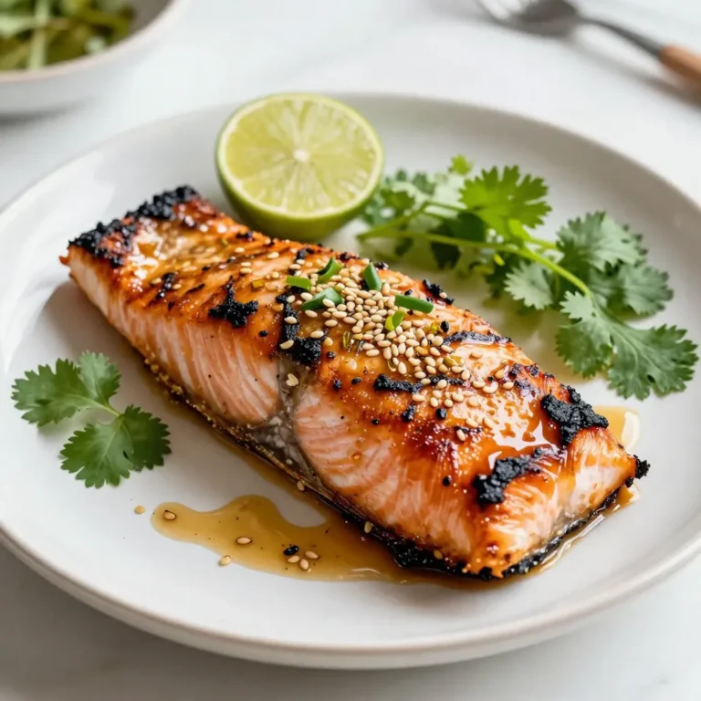 - 4 salmon fillets (6 oz each) - 1/4 cup soy sauce - 2 tablespoons freshly grated ginger - 2 tablespoons honey - 2 tablespoons sesame oil - 1 teaspoon garlic powder - 1 tablespoon rice vinegar - Juice and zest of 1 lime - Salt and freshly cracked pepper, to taste - 1 tablespoon sesame seeds (for garnish) - Fresh cilantro or finely chopped green onions (for garnish) For this ginger soy grilled salmon, I rely on simple, fresh ingredients. The salmon fillets are the star. They offer a rich flavor and healthy fats. The soy sauce adds a salty depth. It pairs perfectly with the sweetness from honey. Freshly grated ginger gives a sharp, zesty kick. This spice brightens the dish and brings balance. I also use sesame oil for a nutty flavor. It enhances the overall taste without overpowering. Garlic powder adds a subtle warmth that rounds out the profile. Rice vinegar adds acidity. It helps cut through the richness of the salmon. The lime juice and zest introduce a refreshing citrus note. This makes each bite pop with brightness. Finally, seasoning with salt and pepper is essential. It highlights all the flavors without masking them. The garnishes, sesame seeds, and fresh herbs like cilantro or green onions add color and texture. They also bring a fresh finish to the dish. {{ingredient_image_2}} - First, gather the marinade ingredients. You need soy sauce, ginger, honey, sesame oil, garlic powder, rice vinegar, lime juice, and lime zest. - In a bowl, mix all these items well. This creates a flavorful marinade. - Place the salmon fillets in a resealable bag or a dish. Pour the marinade over the fish. Make sure each piece is coated. - Seal the bag or cover the dish. Refrigerate for at least 30 minutes. For more flavor, marinate for up to 2 hours. - Preheat your grill to medium-high heat, about 400°F (200°C). This temperature gives the salmon a nice sear. - If you use a grill basket, lightly oil it. This step helps prevent the salmon from sticking. - After marinating, take the salmon out. Let any extra marinade drip off. - Season both sides with salt and cracked pepper. - Place the salmon on the grill. If your fillets have skin, grill skin-side down. - Grill for 5-6 minutes without moving the salmon. Then, gently flip it with a spatula. - Grill for another 3-4 minutes. The salmon is done when it flakes easily with a fork. Marinating salmon is key to great flavor. If you marinate for 30 minutes, the fish absorbs just enough taste. You’ll get a nice hint of ginger and soy. However, if you let it sit for 2 hours, the flavors deepen. The longer marination gives the salmon a richer taste. So, go for 2 hours if you have the time! Medium-high heat is best for grilling salmon. This temperature, around 400°F (200°C), ensures even cooking. If the heat is too low, the salmon will cook slowly and dry out. Too high, and it might burn on the outside while staying raw inside. Aim for that sweet spot to get perfectly grilled salmon with nice grill marks. To complete your meal, pair the ginger soy grilled salmon with tasty sides. Fluffy steamed rice is a great choice. It soaks up the extra sauce and balances the flavors. You can also serve it with a fresh salad for crunch and color. Try adding colorful veggies like bell peppers or cucumbers to the salad. These sides make your plate look great and add more nutrition. Pro Tips Marinate Longer for More Flavor: If time allows, marinate the salmon for up to 2 hours to enhance the flavors even more. Use Fresh Ingredients: Fresh ginger and lime juice will provide a brighter, more vibrant flavor than dried or bottled alternatives. Check for Doneness: Salmon is perfectly cooked when it flakes easily with a fork and has a slight translucence in the center. Experiment with Garnishes: Feel free to use other herbs like parsley or dill for a different flavor profile, or add sliced chilies for heat. {{image_4}} You can switch up the marinade for your ginger soy grilled salmon. Adding citrus really brightens the flavor. Try using orange or lemon juice. The zest adds a nice punch too. For a kick of heat, mix in some chili flakes. This will give your salmon a spicy twist that many will love. If you want to cook your salmon without a grill, you have great options. You can bake it in the oven. Preheat your oven to 400°F (200°C). Place the salmon on a lined baking sheet. Bake for about 12-15 minutes or until it flakes easily. Another method is pan-searing. Heat a bit of oil in a pan over medium heat. Place the salmon skin-side down and cook for around 6 minutes. Flip it over and cook for another 3-4 minutes. This method gives you a nice crispy skin. How you plate your ginger soy grilled salmon makes a big difference. Use colorful veggies like bell peppers or snap peas. These add bright colors and nutrients to your meal. Pair your salmon with sides like fluffy rice or a fresh salad. A vibrant salad with mixed greens and a simple dressing works well. This will enhance your meal and make it look inviting. To keep your leftover salmon fresh, place it in an airtight container. This helps keep out air and moisture. You can store it in the fridge for up to three days. If you need to keep it longer, freezing is a great option. To freeze cooked salmon, wrap each piece in plastic wrap. Then, place the wrapped salmon in a freezer bag. This protects it from freezer burn. You can freeze salmon for up to three months. When ready to eat, thaw the salmon in the fridge overnight. To reheat, place it in the oven at 350°F for about 15 minutes. This keeps it moist and tasty, just like when it was freshly grilled. If you have leftover marinade, store it in a sealed container in the fridge. It can last for up to a week. You can also use it to marinate other proteins like chicken or tofu. It adds great flavor! Yes, you can use frozen salmon. Just make sure to thaw it first. Place the salmon in the fridge overnight to defrost. If you are in a hurry, you can run it under cold water for quicker thawing. Thawed salmon can absorb the marinade well. It may take a bit longer to cook on the grill. If you don't have sesame oil, you can use other oils. Good substitutes include olive oil or canola oil. These oils won’t give the same nutty flavor, but they work well. You could also try peanut oil for a similar taste. To check if salmon is done, look for a few signs. The flesh should be opaque and flake easily with a fork. Use a fork to test it gently. If it pulls apart easily, it is ready. Cooking time is about 8-10 minutes for 1-inch thick fillets on medium-high heat. Grilling salmon is simple and tasty with the right steps. This blog shared key ingredients, marinating tips, and cooking methods. You learned how to ensure perfect doneness and storage tips for leftovers. Remember, marinating adds flavor, and medium-high heat keeps the fish moist. Don’t hesitate to try variations or serve salmon with vibrant sides. With practice, you’ll impress everyone at your next meal. Happy grilling!
