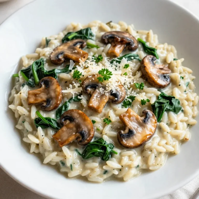 - 1 cup Arborio rice - 4 cups low-sodium vegetable broth - 2 tablespoons extra-virgin olive oil - 1 tablespoon unsalted butter - 1 medium onion, finely diced - 2 cloves garlic, minced - 8 ounces cremini or button mushrooms, sliced - 2 cups fresh spinach, chopped - 1/2 cup grated Parmesan cheese - Salt and freshly cracked pepper, to taste - Fresh parsley, finely chopped (for garnish) One serving of this Mushroom Spinach Risotto offers a balanced meal. You get about: - Calories: 320 - Protein: 10g - Fat: 10g - Carbohydrates: 45g - Fiber: 2g This dish provides energy and nutrients in every bite. You can swap some ingredients if you want. Here are a few ideas: - Rice: Use Carnaroli or Vialone Nano instead of Arborio for a different texture. - Vegetable Broth: You can use chicken broth if you prefer. - Cheese: Try Pecorino Romano or nutritional yeast for a dairy-free option. - Spinach: Kale or Swiss chard works well if you don't have spinach. - Mushrooms: Use shiitake or portobello for a richer flavor. These swaps keep the dish delicious while catering to your taste! {{ingredient_image_2}} Start by pouring 4 cups of low-sodium vegetable broth into a medium saucepan. Heat it over medium flame until warm. Keep this broth on the stove during cooking. This helps the rice absorb the flavors better. In a large skillet, add 2 tablespoons of extra-virgin olive oil and 1 tablespoon of unsalted butter. Heat them over medium. Once the butter melts, add 1 finely diced medium onion. Sauté for 4-5 minutes until the onion is soft and clear. Then, add 2 minced cloves of garlic and 8 ounces of sliced cremini or button mushrooms. Cook for another 5-7 minutes. Stir often until the mushrooms are soft and golden. Next, add 1 cup of Arborio rice to the skillet. Stir well to coat each grain in the oil and butter. Toast the rice for about 1-2 minutes, so it turns a bit clear. Now, start adding the warm vegetable broth, one ladle at a time. Keep stirring as you add the broth. Wait until most of the broth is soaked up before adding more. This process takes about 18-20 minutes. You want creamy rice that is still a little firm. When the risotto is almost done, add 2 cups of chopped fresh spinach. Stir gently and let it wilt for about 2 minutes. This adds color and nutrients to your dish. Remove the skillet from heat and mix in 1/2 cup of grated Parmesan cheese. Season with salt and freshly cracked pepper, based on your taste. Let the risotto sit for a couple of minutes to thicken before serving. To make your risotto creamy, use Arborio rice. This rice has a high starch content. When cooked, it releases starch, giving the dish that nice creaminess. Stir the rice often. This helps release more starch. Add broth slowly, one ladle at a time. Wait until the rice absorbs the broth before adding more. This method takes about 18-20 minutes, but it’s worth it! Season your risotto at the right time. Add salt and pepper after mixing in the cheese. This allows the cheese to add flavor without overpowering the dish. Taste as you go. Everyone has different preferences for saltiness. Fresh herbs, like parsley, brighten the dish. They add flavor and color. One common mistake is adding too much broth at once. This can make your risotto soupy. Another mistake is not stirring enough. Stirring helps the rice cook evenly. Don’t rush the process. Risotto needs time to develop its flavors. Finally, avoid overcooking the rice. You want it al dente, or slightly firm. This gives the right texture and bite. Pro Tips Use Fresh Ingredients: Opt for fresh spinach and mushrooms to enhance the flavor and texture of your risotto. Gradual Broth Addition: Add the vegetable broth slowly, allowing each ladle to be absorbed fully before adding the next for the creamiest consistency. Stir Constantly: Stirring frequently helps release the starches from the rice, creating a creamy texture that is characteristic of great risotto. Rest Before Serving: Let the risotto sit for a couple of minutes before serving to thicken slightly and enhance the flavors. {{image_4}} You can easily add protein to your risotto. Chicken breast or shrimp works great. Cook the protein separately and mix it in at the end. For chicken, season and grill or sauté it until fully cooked. For shrimp, sauté until pink. This will add flavor and make your dish heartier. Feel free to switch up the veggies! Asparagus, peas, or bell peppers can all fit well. You can also use seasonal vegetables for freshness. Just chop them and add them in while cooking the rice. This keeps your risotto colorful and adds more nutrients. Cheese can change the flavor of your risotto. While Parmesan is classic, you can try others too. Pecorino Romano gives a sharper taste, while mozzarella can add a creamy texture. Just grate or cube your choice and mix it in at the end. This will make your risotto even more delicious. To store leftover risotto, let it cool first. Place it in an airtight container. You can keep it in the fridge for up to three days. Make sure to label the container with the date. This way, you won't forget it! When you’re ready to eat the leftover risotto, add a splash of broth or water. Heat it in a pan over medium-low heat. Stir it often to ensure even heating. You can also microwave it in short bursts. Make sure to stir between each burst for the best results. You can freeze risotto, but it changes texture. Let the risotto cool completely before freezing. Place it in a freezer-safe container. It can last up to three months in the freezer. When you want to eat it, thaw it in the fridge overnight. Then, reheat it as mentioned earlier. The best rice for risotto is Arborio rice. This type of rice has a high starch content. This makes risotto creamy and rich. Arborio rice absorbs flavors well and cooks evenly. You can also try Carnaroli or Vialone Nano for different textures. You know risotto is done when it is creamy and al dente. The rice should be tender but still have a slight bite. Taste a few grains to check the texture. If it feels too firm, keep stirring in broth until it softens. Yes, you can make risotto ahead of time. Cook it until it is just al dente. Let it cool, then store it in the fridge. When ready to serve, reheat it with a splash of broth. Stir often to regain its creamy texture. To make vegan mushroom spinach risotto, replace the butter with more olive oil. Omit the Parmesan cheese or use a vegan alternative. Use vegetable broth to maintain the flavor. Follow the same cooking steps, and enjoy a creamy, plant-based dish! You learned how to make a tasty mushroom spinach risotto. We covered the key ingredients, step-by-step cooking, and helpful tips. You can try fun variations and store leftovers easily. Make sure to avoid common mistakes for the best texture. Remember, risotto is versatile, so feel free to get creative. Enjoy your cooking and share this recipe with friends! You’ll impress everyone with your new skills. Cooking can be simple and fun when done right. Now, go make that risotto and savor every bite!