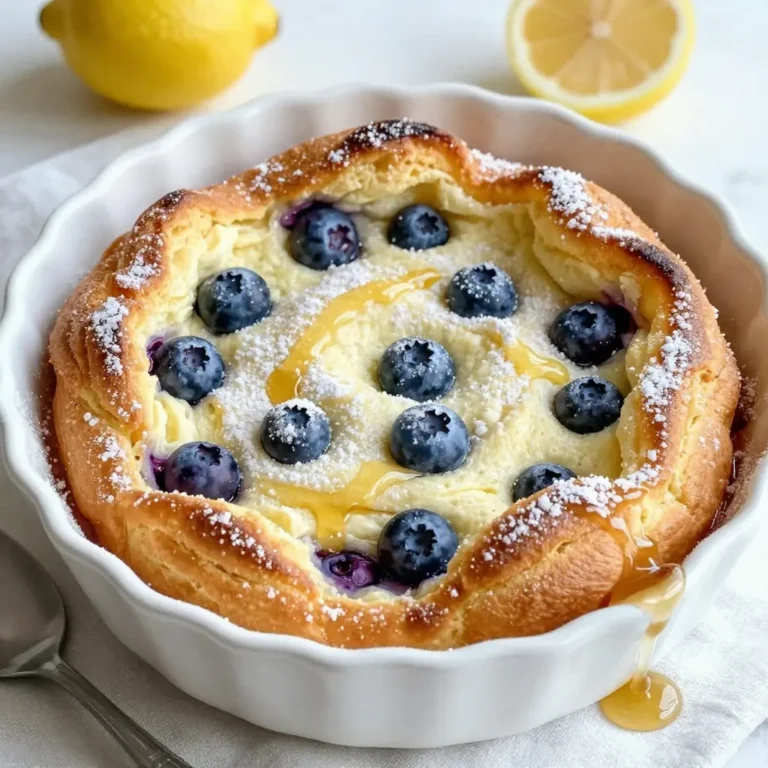 To make a delicious Lemon Blueberry Dutch Baby, you will need: - 3 large eggs - 2/3 cup milk (whole or 2%) - 2/3 cup all-purpose flour - 1/4 teaspoon salt - 1 tablespoon granulated sugar - 1 teaspoon pure vanilla extract - 2 tablespoons unsalted butter - Zest of 1 lemon (about 1 tablespoon) - 1 cup fresh blueberries (washed and drained) - Powdered sugar, for dusting - Maple syrup, for serving (optional) You can swap some ingredients based on what you have: - Use almond milk or oat milk instead of dairy milk. - Try whole wheat flour for a nuttier taste. - If you need a sweetener, honey or maple syrup works well. - Use margarine instead of butter, if needed. - For a lemon-free option, add zest from oranges or limes. Toppings make this dish shine even more. Here are some ideas: - Fresh mint leaves for a pop of color. - Sliced strawberries or raspberries for extra fruit. - A dollop of whipped cream for creaminess. - A sprinkle of cinnamon for added warmth. - Extra lemon zest for more citrus flavor. {{ingredient_image_2}} First, set your oven to 425°F (220°C). This high heat helps the Dutch baby puff up nicely. While the oven warms up, place a cast-iron skillet inside. Heating the skillet makes the butter melt better and helps the edges crisp. Grab a large mixing bowl. Crack three large eggs into it and add 2/3 cup of milk. Whisk these together until they blend well. Next, slowly add 2/3 cup of all-purpose flour, 1/4 teaspoon salt, 1 tablespoon sugar, 1 teaspoon vanilla extract, and the zest of one lemon. Keep whisking until your batter is smooth and free of lumps. This is the heart of your Dutch baby. Using oven mitts, take out the hot skillet. Add 2 tablespoons of unsalted butter to it. Tilt the skillet to coat the bottom and sides as the butter melts. It should bubble a little, which is perfect. Now, pour the batter into the center of the skillet. Sprinkle 1 cup of fresh blueberries evenly on top. Return the skillet to the oven and bake for 20-25 minutes. Look for puffed edges that turn golden brown. The center should be set but a bit soft. When it's done, take it out carefully. It may deflate a bit as it cools, but that’s normal. Dust with powdered sugar before serving. Enjoy with maple syrup if you like! To keep your Lemon Blueberry Dutch Baby fluffy, use room temperature eggs. Cold eggs can make the batter dense. Whisk the eggs and milk together until they are light and frothy. This adds air to the mix. Make sure to whisk in the flour gently. Over-mixing can lead to a tough texture. Serve your Dutch baby right from the skillet. It looks beautiful and inviting! Dust it with powdered sugar for sweetness. Fresh blueberries on top add a pop of color. You can drizzle maple syrup over each slice for extra flavor. Pair it with whipped cream for a treat. Don’t skip preheating the skillet. A hot skillet helps the batter rise. Avoid using too much flour; it can make the Dutch baby heavy. Also, don’t open the oven door while it bakes. This can cause it to deflate. Lastly, serve it right away. It tastes best when fresh! Pro Tips Use Room Temperature Ingredients: Allow your eggs and milk to sit at room temperature for about 30 minutes before using. This helps the batter rise better and creates a fluffier Dutch baby. Experiment with Fruit: While blueberries are delicious, don’t hesitate to try other fruits like sliced peaches, raspberries, or even a mix for a unique flavor profile. Keep an Eye on Baking Time: Ovens vary, so start checking your Dutch baby around the 20-minute mark. You want it puffed and golden brown, but overbaking can lead to a dry texture. Serve Immediately: Dutch babies are best enjoyed fresh out of the oven while they’re still fluffy. Have your toppings ready to go for a quick serving! {{image_4}} You can change up the fruit in your Lemon Blueberry Dutch Baby. Try using different berries like raspberries or strawberries. Peaches or apples also work well. You can mix fruits too. For example, use half blueberries and half raspberries. The key is to keep the total fruit amount about one cup. Adding flavors can make your Dutch Baby even better. Try adding a splash of almond extract for a nutty taste. You can also add spices like cinnamon or nutmeg for warmth. A hint of ginger can give a nice zing. For a citrus twist, use lime zest instead of lemon. If you need a gluten-free option, swap out the all-purpose flour. Use a gluten-free flour blend instead. Make sure it has xanthan gum in it for the best texture. You can also use almond flour or oat flour. Just remember to adjust the liquid slightly, as these flours can absorb more moisture. To store your leftover Lemon Blueberry Dutch Baby, let it cool first. Place it in an airtight container. You can keep it in the fridge for up to three days. If you want to keep it longer, freezing is a great option. When you're ready to enjoy your Dutch Baby again, preheat your oven to 350°F (175°C). Place the leftover Dutch Baby on a baking sheet. Heat it for about 10-15 minutes. This will help restore its fluffy texture. You can also use a microwave, but it may become a bit soggy. To freeze your Dutch Baby, cut it into slices. Wrap each slice tightly in plastic wrap. Then, place them in a freezer-safe bag or container. It can last in the freezer for up to two months. When you're ready to eat, just thaw it in the fridge overnight and reheat as mentioned. This way, you can enjoy a tasty treat any time! A Dutch Baby is a type of pancake. It puffs up when baked, creating a light and airy texture. It is often served warm with toppings like fruit, syrup, or powdered sugar. You cook it in a hot oven with butter in a skillet. This gives it a crispy edge and a soft center. The batter is simple, made from eggs, flour, milk, sugar, and flavorings. You can prepare the batter ahead of time. Mix the eggs, milk, flour, and other ingredients. Store it in the fridge for up to 2 hours. When you are ready to bake, preheat your oven and add butter to the hot skillet. Pour in the chilled batter, add blueberries, and bake. This keeps your Dutch Baby fresh and fluffy. To keep your Dutch Baby from deflating, follow these steps: - Preheat your oven well. A hot oven helps it rise. - Avoid opening the oven door while it bakes. This cools it down. - Serve it right after baking. It will deflate as it cools, which is normal. To enjoy the best texture, use fresh ingredients, and mix just until smooth. You now have a complete guide to making a Dutch Baby. We covered ingredients, step-by-step instructions, tips for fluffiness, and tasty variations. Remember, using the right ingredients and avoiding common mistakes is key. Enjoy trying different toppings and flavors. Store any leftovers properly to keep them fresh. If you have questions, refer back to the FAQs section. Have fun cooking and sharing this easy, delicious dish!