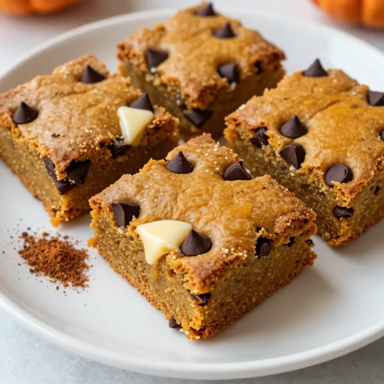 To make these pumpkin chocolate chip blondies, you will need: - 1 cup pumpkin puree - 1 1/2 cups brown sugar, packed - 1/2 cup melted butter (or substitute with coconut oil for a dairy-free option) - 2 large eggs, at room temperature - 1 teaspoon pure vanilla extract - 1 1/2 cups all-purpose flour - 1 teaspoon baking powder - 1 teaspoon baking soda - 1 teaspoon pumpkin pie spice - 1/2 teaspoon fine sea salt - 1 cup chocolate chips (choose between dark or semi-sweet for added sweetness) If you need dairy-free options, use coconut oil instead of butter. You can also swap the eggs for flaxseed meal or applesauce if you're vegan. For gluten-free blondies, use a gluten-free flour blend. This can help you enjoy this tasty treat no matter your diet. For the best flavor, I recommend using semi-sweet chocolate chips. They balance the sweetness of the brown sugar and pumpkin. Dark chocolate chips add a richer taste if you prefer a bolder flavor. Mix and match these chips for an interesting twist. {{ingredient_image_2}} Start by preheating your oven to 350°F (175°C). Grab a 9x13 inch baking pan. Lightly grease the pan or line it with parchment paper. This step helps with easy removal of the blondies later. In a large bowl, mix together the pumpkin puree, brown sugar, and melted butter. If you want a dairy-free option, use coconut oil. Add the eggs and vanilla extract. Use a whisk to blend everything until smooth. This mix should have a nice, uniform look. Take another bowl and sift together the all-purpose flour, baking powder, baking soda, pumpkin pie spice, and sea salt. Sifting helps make the blondies lighter. It adds air to the dry mix, which is key for a good texture. Now, gently fold the dry mix into the wet mix. Use a spatula and stir until just combined. You don’t want to over mix; that makes the blondies dense. Next, fold in the chocolate chips. Make sure they are evenly spread throughout the batter. Be gentle; you don’t want to melt the chips. Pour the batter into your prepared pan. Spread it evenly using a spatula. Bake in your preheated oven for 25-30 minutes. Keep an eye on them. They are ready when a toothpick inserted in the center comes out clean or with a few moist crumbs. When making pumpkin chocolate chip blondies, avoid overmixing the batter. This makes the blondies dense. Mix just until combined for a light texture. Another mistake is using cold eggs. Always use room temperature eggs for better mixing. Also, do not skip the baking powder or baking soda. They help the blondies rise nicely. To keep your blondies moist, use plenty of pumpkin puree. This adds moisture and flavor. Make sure to melt your butter before mixing. This helps blend the ingredients well. Do not bake for too long; check them at 25 minutes. If a toothpick comes out with moist crumbs, they are perfect! Store your blondies in an airtight container. This keeps them fresh for several days. You can also wrap them in plastic wrap for extra protection. If you want to save some for later, freeze them. Just cut them into squares and place them in a freezer bag. They will stay tasty for up to three months! Pro Tips Use Fresh Pumpkin: For the best flavor, consider using fresh pumpkin puree instead of canned. Roast and blend your own pumpkin for a richer taste. Check for Doneness: Oven temperatures can vary, so start checking your blondies at the 25-minute mark. They should be set but still moist in the center. Storage Tips: Store leftover blondies in an airtight container at room temperature for up to 3 days, or freeze for longer storage and enjoy later. Customize Your Chips: Experiment with different types of chocolate chips or even mix in dried fruits or nuts for added flavor and texture. {{image_4}} You can boost the crunch by adding nuts or seeds. Chopped walnuts or pecans work well. Just fold in about 1/2 cup of your choice after mixing in the chocolate chips. You can also use pumpkin seeds for a fun twist. They add great texture and flavor. Feel free to change the flavor with spices and extracts. Try adding a dash of cinnamon or nutmeg for warmth. You can also swap vanilla extract for almond extract for a unique taste. Experimenting with flavors makes the blondies even more fun to make. If you want gluten-free blondies, use a gluten-free flour blend. Many blends work well, so pick one you like. Make sure it has xanthan gum for the best texture. You can also use almond flour for a nutty taste. Just remember to adjust the quantity as needed. After you bake your pumpkin chocolate chip blondies, let them cool completely. This step is key. Once cooled, cut them into squares. Place them in an airtight container. This keeps them fresh and moist. You can layer them with parchment paper if you have many to store. Avoid leaving them out, as they can dry out quickly. To freeze blondies, first, let them cool fully. Wrap each piece tightly in plastic wrap. You can also use foil for extra protection. Then, place them in a freezer-safe bag. Label the bag with the date. They can freeze well for up to three months. When you want to eat them, thaw them overnight in the fridge. When stored in an airtight container, blondies last about one week at room temperature. If you keep them in the fridge, they can stay fresh for up to ten days. Freezing extends their life to about three months. Always check for any signs of spoilage before eating. Enjoy the rich, chocolatey taste anytime! Yes, you can use fresh pumpkin. Start by cooking the pumpkin until soft. Then, mash it or blend it to get a smooth puree. Fresh pumpkin may have more moisture, so you might need to adjust the flour slightly. This allows the blondies to stay soft and tasty without being too wet. To adjust sweetness, you can reduce the brown sugar. Try cutting it by 1/4 cup for less sweetness. If you want more, add up to 1/4 cup more. You can also use a sweetener like honey or maple syrup. Just make sure to balance the wet ingredients to keep the texture right. For the best cuts, let the blondies cool completely. Use a sharp knife for clean lines. You can warm the knife slightly by dipping it in hot water, then drying it. This helps to prevent sticking. Cut into squares or rectangles for a neat look. Arrange them on a plate for a nice display. Yes, you can make these blondies ahead of time. Bake them, cool them, and store them in an airtight container. They stay fresh for about 3 days at room temperature. For longer storage, freeze them. Wrap each piece tightly and place in a freezer bag. They will last up to three months. These blondies pair well with vanilla ice cream or whipped cream. A light dusting of powdered sugar adds a nice touch. You can also serve them with a drizzle of caramel sauce for an extra treat. For a drink, a warm cup of chai or spiced cider complements the flavors beautifully. In this post, we explored how to make pumpkin chocolate chip blondies. You learned about essential ingredients, step-by-step instructions, and tips for perfect results. We covered substitutions, variations, and storage to keep them fresh. Baking can be fun and rewarding. Follow the tips, avoid common mistakes, and try creative twists. Enjoy your blondies, and share them with friends! Happy baking!