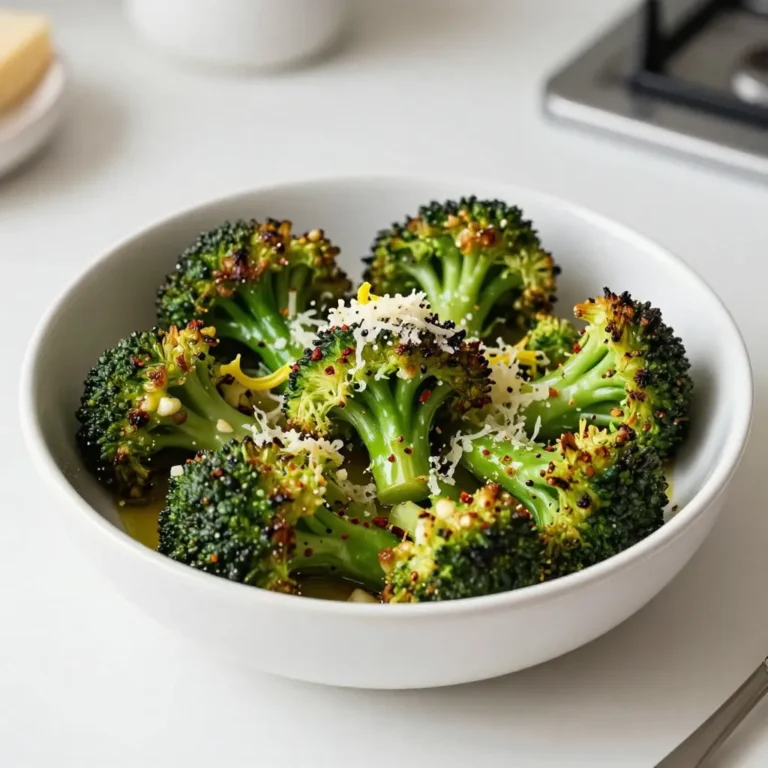 To make Roasted Garlic Parmesan Broccoli, gather these fresh ingredients: - 2 heads of fresh broccoli, cut into bite-sized florets - 4 cloves of garlic, finely minced - 1/4 cup high-quality olive oil - 1/2 cup freshly grated Parmesan cheese - 1/2 teaspoon red pepper flakes (optional for a spicy kick) - Salt and freshly cracked black pepper to taste - Zest of 1 lemon to brighten the flavors - 1 tablespoon freshly squeezed lemon juice You can add a twist to your dish with these optional ingredients: - Other herbs like thyme or oregano - Different cheeses, like feta or goat cheese - A splash of balsamic vinegar for tanginess - Nuts like pine nuts or walnuts for crunch Each ingredient adds flavor and health benefits: - Broccoli: Rich in vitamins C and K, plus fiber for digestion. - Garlic: Known for boosting immunity and adding great taste. - Olive Oil: A healthy fat that supports heart health. - Parmesan Cheese: Adds calcium and protein while enhancing flavor. - Red Pepper Flakes: Can increase metabolism and add heat. - Lemon Zest and Juice: Provides vitamin C and brightens the dish. These ingredients work together to create a tasty and nutritious side dish. Enjoy the flavors and health benefits as you savor each bite! {{ingredient_image_2}} First, preheat your oven to 425°F (220°C). This step gets your oven hot and ready. While it warms up, grab a baking sheet and line it with parchment paper. This will help the broccoli roast nicely and prevent sticking. Next, take two heads of fresh broccoli and cut them into bite-sized florets. Place them in a large mixing bowl. Now, finely mince four cloves of garlic and add them to the bowl. Drizzle 1/4 cup of high-quality olive oil over the broccoli and garlic. Season with salt, pepper, and 1/2 teaspoon of red pepper flakes if you want a spicy kick. Use your hands or a spatula to mix everything well. Make sure each piece of broccoli gets coated. Transfer the broccoli mixture to the lined baking sheet. Spread it out in one even layer. This helps the broccoli roast evenly. Place the baking sheet in the preheated oven and roast for 20-25 minutes. Look for tender broccoli with crispy edges. You want that nice golden color for great flavor. Once the broccoli is roasted, take it out of the oven. Immediately sprinkle 1/2 cup of freshly grated Parmesan cheese over the hot broccoli. Gently toss it so the cheese melts and sticks to the florets. For a fresh twist, add the zest of one lemon and drizzle 1 tablespoon of fresh lemon juice on top. This will brighten the flavors and make the dish pop. Serve hot for the best taste! Roasting broccoli at 425°F (220°C) works best. This hot temperature helps the broccoli get crispy edges. Roast for 20-25 minutes. Check for tender, bright green florets. They should have a slight crunch and not be mushy. Look for bright green heads with tight florets. The stems should be firm, not soft. Avoid yellowing or wilting. Fresh broccoli smells sweet, not bitter. If the florets are too big, they might be old. Don’t overcrowd the baking sheet. This traps steam and makes the broccoli soggy. Always use enough olive oil to coat the florets. Skipping oil can lead to burnt or dry broccoli. Finally, add cheese right after roasting. This melts it perfectly, making each bite delicious. Pro Tips Use Fresh Ingredients: Always opt for fresh broccoli and garlic for the best flavor and texture in your roasted dish. Don't Overcrowd the Pan: Make sure to spread the broccoli in a single layer on the baking sheet to ensure even roasting and crispy edges. Adjust Seasoning to Taste: Feel free to modify the amount of salt, pepper, and red pepper flakes according to your personal preference for spice and flavor. Serve Immediately: For the best experience, serve the roasted broccoli right after it's done, as it tastes best when hot and fresh. {{image_4}} You can boost your dish by adding other veggies. Carrots and cauliflower pair well with broccoli. Just chop them into bite-sized pieces. Toss them with garlic and olive oil. Roast them together for a colorful mix. You’ll enjoy new flavors and textures. Want a vegan option? Swap Parmesan with nutritional yeast. This gives a cheesy taste without dairy. Use about 1/2 cup of nutritional yeast instead. Mix it in right after roasting. It adds a great flavor while keeping it plant-based. If you like heat, add chili flakes or hot sauce. For a spicy kick, sprinkle 1/2 teaspoon of red pepper flakes. You can also drizzle hot sauce before serving. This adds a fun zing to your roasted broccoli. Adjust the spice level to your taste. Enjoy your spicy creation! To keep your Roasted Garlic Parmesan Broccoli fresh, let it cool first. Store it in an airtight container. Place a piece of parchment paper between layers to prevent sogginess. Keep it in the fridge for up to three days. This helps the flavors stay strong and tasty. When you're ready to eat leftovers, preheat your oven to 350°F (175°C). Spread the broccoli on a baking sheet. Heat it for about 10-15 minutes, or until warm. This keeps the broccoli crispy and the cheese melty. You can also use the microwave, but it may not retain the crunchy texture. If you want to store the broccoli longer, freezing is a great option. First, blanch the broccoli in boiling water for two minutes. Then, quickly cool it in ice water. Drain and dry the florets well. Place them in freezer bags, removing as much air as possible. You can freeze them for up to three months. When you're ready to enjoy, roast them straight from frozen for a quick meal. Yes, you can prepare Roasted Garlic Parmesan Broccoli ahead of time. Cook it fully and let it cool. Store it in an airtight container in the fridge for up to three days. When you’re ready to eat, just reheat it in the oven. This method keeps the broccoli tasty and helps the cheese melt nicely. Roasted Garlic Parmesan Broccoli pairs well with many dishes. Here are some ideas: - Grilled chicken or fish for a protein boost. - Pasta with light olive oil or marinara sauce. - Quinoa or rice to round out the meal. - A fresh salad for added crunch and freshness. These options make your meal balanced and satisfying. You’ll know the broccoli is done roasting when it becomes tender and has crispy edges. After about 20-25 minutes in the oven, check it. You can poke a floret with a fork. If it goes in easily, it's ready. The garlic should smell fragrant, adding to the dish’s appeal. Enjoy your delicious creation! In this article, we explored how to make Roasted Garlic Parmesan Broccoli. We covered essential ingredients, step-by-step instructions, and useful tips. You learned how to roast broccoli perfectly and discovered fun variations to try. Remember, fresh ingredients make a big difference. Don’t be afraid to mix it up! Enjoy your delicious broccoli, knowing it’s healthy and easy to make. Now, get cooking and savor each bite!