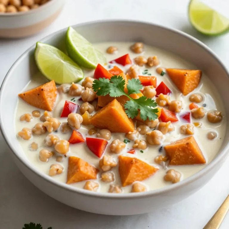 - 1 can (15 oz) chickpeas, drained and rinsed - 1 can (13.5 oz) coconut milk - 1 large onion, finely chopped - 2 cloves garlic, minced - 1 tablespoon fresh ginger, grated - 1 tablespoon red curry paste - 1 teaspoon ground cumin - 1 teaspoon turmeric powder - 1 bell pepper (any color), diced - 1 medium sweet potato, peeled and cubed - 2 cups vegetable broth - 1 cup spinach (fresh or frozen) - 2 tablespoons olive oil - Salt and pepper to taste - Fresh cilantro for garnish (optional) - Lime wedges for serving You can add more depth to your stew with a few choices. Consider using: - A splash of soy sauce for umami - A dash of lime juice for brightness - Chopped green onions for crunch - A sprinkle of chili flakes for heat These extras can transform the dish, making every bite exciting. This stew offers a balanced meal. Each serving contains: - Calories: Approximately 300 - Protein: 10 grams - Carbohydrates: 45 grams - Fiber: 12 grams - Fat: 10 grams Chickpeas provide protein, while sweet potatoes add fiber and vitamins. Coconut milk gives healthy fats. This dish is not just tasty; it’s also nutritious! {{ingredient_image_2}} Start by gathering all the ingredients you need. This makes cooking easier. Chop one large onion finely. Mince two cloves of garlic. Grate one tablespoon of fresh ginger. Also, dice one bell pepper and peel and cube one medium sweet potato. Now, heat two tablespoons of olive oil in a large pot over medium heat. When the oil is hot, add the chopped onion. Sauté it for about five minutes. You want the onion to turn translucent. Stir it occasionally to keep it from burning. Next, add the minced garlic and grated ginger. Cook them for one minute. The aroma will fill your kitchen. After the base is ready, it’s time to add the spices. Mix in one tablespoon of red curry paste, one teaspoon of ground cumin, and one teaspoon of turmeric. Stir well to coat the onions with spices. Cook this mixture for one more minute. Now, add the diced bell pepper and cubed sweet potato. Stir everything together. Then, carefully pour in two cups of vegetable broth and one can of coconut milk. Mix until combined. Raise the heat to bring the pot to a boil, then lower it to a gentle simmer. Let the stew cook uncovered for about 15 to 20 minutes. You want the sweet potatoes to become tender. Check them by piercing with a fork. When they’re ready, add one can of drained chickpeas and one cup of spinach. Stir gently and cook for five more minutes. The spinach should wilt, and the chickpeas will heat through. Now it’s time to season the stew. Add salt and pepper to taste. If you want more spice, feel free to add more red curry paste. Serve the stew hot in deep bowls. For a beautiful touch, garnish with freshly chopped cilantro. Place lime wedges around the bowl. This adds color and a burst of flavor when squeezed over the dish. Enjoy this warm, hearty meal! To make Coconut Curry Chickpea Stew pop, use fresh spices. Fresh ginger and garlic bring warmth. Red curry paste gives it depth. For a bolder taste, add more curry paste. Ground cumin and turmeric add earthiness. Toast these spices briefly in oil. This step wakes up their flavors and makes the stew richer. Cooking on medium heat is key. Start by sautéing onions until soft. This step builds a flavor base. When you add sweet potatoes, cut them into small cubes. Smaller pieces cook faster and blend better. Stir gently when adding chickpeas and spinach. This keeps the vegetables intact and enhances texture. One common mistake is overcooking the sweet potatoes. They should be tender, not mushy. Another mistake is not adjusting seasoning. Always taste before serving. If it feels bland, add salt, pepper, or more lime juice. Lastly, don’t skip the garnish. Fresh cilantro and lime elevate the dish's flavor and look. Pro Tips Use Fresh Ingredients: Whenever possible, opt for fresh vegetables and herbs to enhance the flavor profile of your stew. Adjust the Spice Level: Feel free to modify the amount of red curry paste based on your heat preference. Start with less and add more if needed. Meal Prep Friendly: This stew can be made in advance and stored in the refrigerator for up to 3 days, making it perfect for meal prep. Perfect Pairings: Serve this stew with rice or crusty bread to soak up the delicious coconut curry broth. {{image_4}} You can easily adjust this coconut curry chickpea stew to fit your needs. If you want a creamier texture, try using full-fat coconut milk. For a lighter option, go with light coconut milk. If you're avoiding chickpeas, swap them for lentils or white beans. These options still give you protein and texture. If you're gluten-free, check your red curry paste. Some brands may contain gluten. Use tamari as a gluten-free soy sauce substitute. For a nut allergy, ensure your vegetable broth is nut-free. You can also try vegetable broth or even water for a lighter base. Want to make this stew your own? You can add different vegetables. Try carrots, zucchini, or even broccoli. These veggies add color and crunch. For extra protein, toss in some diced tofu or tempeh. They soak up the flavors well. Herbs can make this dish pop. Fresh basil, mint, or even parsley can add a fresh taste. If you enjoy heat, add sliced jalapeños or chili flakes. For a tangy twist, a splash of lime juice brightens the stew beautifully. Cooking for a crowd? It's easy to scale this recipe. Just double the ingredients. Use a larger pot to fit everything. Keep the cooking times similar, but check for doneness. The sweet potatoes should be tender before adding the chickpeas and spinach. If you want to make a big batch for meal prep, store the stew in individual containers. This way, you can enjoy it throughout the week. Just remember to keep the lime wedges and cilantro separate until serving. Fresh toppings make all the difference! After enjoying your Coconut Curry Chickpea Stew, store any leftovers properly. Use a clean, airtight container. Make sure to let the stew cool completely before sealing. This helps to avoid steam build-up, which can cause sogginess. Keep your container in the fridge. The stew should stay fresh for about 3 to 5 days. If you want to save your stew for later, freezing is a great option. Use a freezer-safe container or a heavy-duty freezer bag. Make sure to leave some space at the top, as the stew will expand when frozen. Label your container with the date. This stew can last up to 3 months in the freezer. To thaw, move it to the fridge a day before you want to eat it. When you're ready to enjoy your stew again, reheat it gently. You can use the stove or microwave. For the stove, pour the stew into a pot and heat over medium-low. Stir often to ensure even heating. If using a microwave, heat in short bursts, stirring in between. Always check the temperature before serving. It should be hot throughout. Enjoy the flavors just as you did the first time! You can pair this stew with many tasty sides. Here are some great ideas: - Steamed rice, white or brown, to soak up the stew - Quinoa for a protein boost and nutty flavor - Warm naan or flatbread for a fun way to scoop - A simple salad with greens and a light vinaigrette These sides will complement the rich flavors of the stew and make your meal complete. Yes, you can easily make this stew ahead of time. Here’s how: - Cook the stew and let it cool completely. - Store it in an airtight container in the fridge for up to 3 days. - You can also freeze it for up to 3 months. Just thaw overnight in the fridge before reheating. Making it in advance helps the flavors blend even more, making it taste even better. Adjusting the spice level is simple! Here are some tips: - For milder stew, use less red curry paste. Start with a small amount, taste, and add more if needed. - You can add coconut milk to tone down the heat. This will make the stew creamier and milder. - If you like it spicy, add more curry paste or even fresh chili peppers. Feel free to experiment until you find the perfect balance for your taste! Coconut Curry Chickpea Stew is easy to make and packed with flavor. We covered key ingredients, cooking steps, and helpful tips. I shared ways to customize your stew and proper storage methods. Remember, you can adjust spices to suit your taste. Enjoy making this stew your own. With the right mix of flavors, it will warm your heart and fill your belly. Happy cooking!