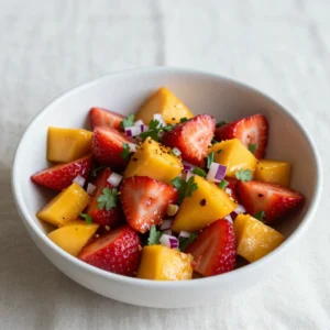 - 1 cup fresh strawberries, hulled and diced - 1 cup ripe mango, peeled and diced - 1/2 medium red onion, finely chopped - 1 small jalapeño pepper, seeded and minced - 1/4 cup fresh cilantro leaves, coarsely chopped - Juice of 1 ripe lime - Sea salt, to taste - 1 tablespoon honey (optional) To make the most flavorful strawberry mango salsa, you need fresh, ripe ingredients. Start with strawberries and mango that smell sweet. This makes a big difference in taste. The red onion adds a nice crunch and a bit of sharpness. If you like heat, the jalapeño gives a nice kick. Just remember to remove the seeds for less heat. Cilantro adds a fresh herb taste. I recommend using fresh leaves, not dried. Lime juice brings all the flavors together with its tang. Sea salt enhances the taste too. If you like your salsa a little sweet, honey is a great option. Gather all these ingredients before you start. It makes mixing everything much easier. You want your salsa to be colorful and bright. That’s what makes it so fun to eat! {{ingredient_image_2}} To start, gather your fresh ingredients. First, combine the diced strawberries and mango in a medium bowl. Make sure to mix them gently. You want them well combined, but not mushy. Next, add the finely chopped red onion and minced jalapeño. Stir these in carefully to keep the fruit intact. Now, it is time to add more flavor. Fold in the chopped cilantro and pour the lime juice over everything. This adds a nice zing to your salsa. If you like things a bit sweeter, drizzle the honey on top. Stir gently until everything is well mixed. Finally, season with sea salt to taste. Adjust this based on how salty you like your salsa. Cover the bowl with plastic wrap or a lid. Place your salsa in the fridge for at least 30 minutes. This chilling time helps the flavors blend nicely. When you are ready to serve, give the salsa a gentle stir. This redistributes the ingredients and ensures a burst of flavor in every bite. Enjoy your fresh Strawberry Mango Salsa! To make your salsa shine, adjust the spice level. Use a jalapeño for a kick. If you like heat, keep the seeds. For a milder taste, remove them. This change lets you control how spicy your salsa will be. It can go from mild to fiery, depending on your choice. Sweetening the salsa is easy. A tablespoon of honey adds a lovely touch. It balances the tartness of the lime and the sweetness of the fruit. Add honey slowly. Taste as you go to find your perfect mix. Serving your salsa in vibrant bowls makes it pop. Choose colors that contrast with the salsa. Bright bowls draw the eye and make your dish more inviting. For garnishing, add a sprinkle of cilantro leaves on top. It adds a fresh look and aroma. You can also include lime wedges on the side. These small touches enhance the serving experience and make your salsa even more appealing. Pro Tips Fresh Ingredients Matter: Always use the ripest strawberries and mangoes for the best flavor. The sweetness and juiciness of fresh fruit can elevate your salsa significantly. Adjust the Spice: If you're unsure about the heat level, start with a small amount of jalapeño and taste as you go. You can always add more if you want it spicier! Chill for Flavor: Allowing the salsa to chill for at least 30 minutes helps the flavors meld together, creating a more harmonious taste. Plan ahead for the best results! Perfect Pairings: This salsa is not just for chips! Try it on tacos, grilled chicken, or fish for a refreshing twist that brightens up your meals. {{image_4}} Other fruits that work well You can swap strawberries and mango for other fruits. Peaches or nectarines add sweet, juicy flavor. Pineapple gives a tropical twist. Kiwi adds a unique tartness. Use your favorite fruits to make this salsa your own. Alternatives for honey If you want to skip honey, use maple syrup or agave nectar. These options add sweetness without altering the flavor much. You could also try coconut sugar for a light caramel taste. Adjust these to your liking. Optional spices or herbs Add a pinch of cumin for warmth. A sprinkle of smoked paprika can give a nice depth. If you like fresh herbs, try mint or basil for a refreshing spin. These spices and herbs will elevate your salsa. Creative twists on the recipe Think about adding diced avocado for creaminess. Chopped bell peppers can add crunch and color. For a spicy kick, include more jalapeño or some diced serrano peppers. Mixing in a bit of diced cucumber can also add a crisp texture. To keep your strawberry mango salsa fresh, store it in the refrigerator. Use an airtight container. This helps keep moisture in and air out. You can also cover it tightly with plastic wrap. Make sure it seals well. This way, you can enjoy the salsa for longer. If you want to freeze your salsa, consider these tips. First, pour the salsa into a freezer-safe bag or container. Leave some space at the top. The salsa will expand as it freezes. Seal the bag tightly to avoid freezer burn. When you’re ready to use it, thaw it in the fridge overnight. Your salsa will stay fresh in the fridge for about 3 to 5 days. After that, the flavors may fade. If you freeze it, it can last up to 2 months. However, for the best taste, use it sooner. Watch for signs that your salsa has gone bad. If you see mold or a strange smell, throw it away. If the colors look dull or the texture is off, it's best not to eat it. Fresh salsa should look vibrant and smell fruity. Always trust your senses when it comes to food safety! Strawberry Mango Salsa lasts about 3 to 5 days in the fridge. To keep it fresh, store it in an airtight container. The flavors will stay vibrant, but the salsa may become watery over time. If you see excess liquid, just drain it before serving. This helps maintain the perfect texture. Yes, you can make Strawberry Mango Salsa ahead of time. I recommend preparing it a few hours before serving. This allows the flavors to meld nicely. Just remember to cover it tightly and chill it in the fridge. For best taste, try to eat it within two days for optimal freshness. You can serve Strawberry Mango Salsa with many dishes. It pairs well with crispy tortilla chips, making a great snack. You can also use it as a topping for grilled chicken or fish. The fresh flavors add a nice kick to tacos or burritos, too. Don't forget to try it with a fresh salad for extra flavor! In this blog, we explored the vibrant world of Strawberry Mango Salsa. We detailed fresh ingredients, step-by-step instructions, and useful tips. You learned how to enhance flavors and present your salsa beautifully. We also discussed variations and storage tips to keep your salsa fresh. Remember, this salsa is versatile and perfect for many dishes. Enjoy the bright flavors and share it with friends. Your taste buds will thank you!