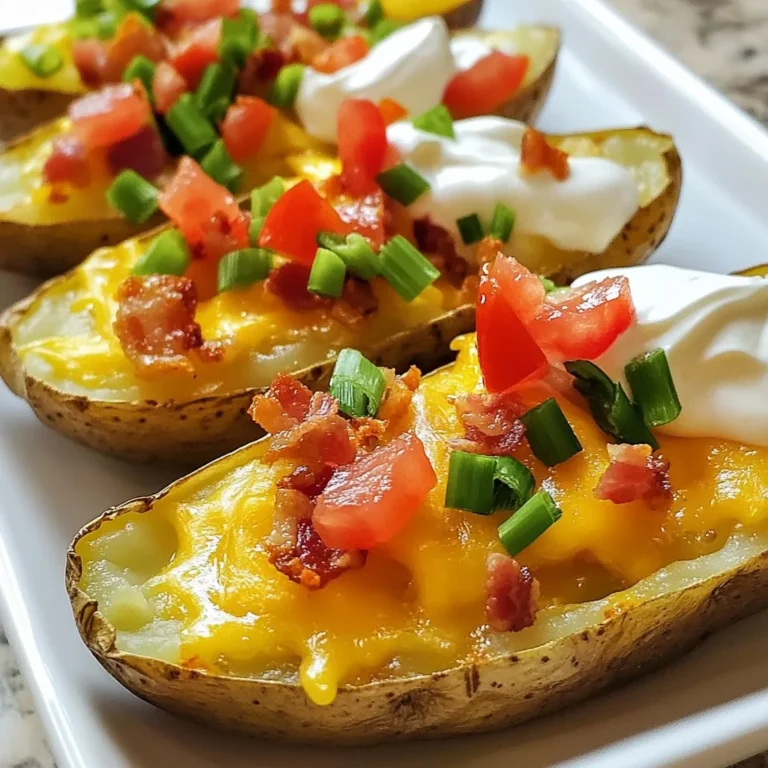 - 4 large russet potatoes - 1 tablespoon olive oil - 1 teaspoon garlic powder - 1 teaspoon onion powder - Salt and freshly ground black pepper to taste - 1 cup shredded sharp cheddar cheese - ½ cup cooked and crumbled turkey bacon (or vegetable bacon) - ½ cup sour cream - ¼ cup green onions, finely chopped - ½ cup diced tomatoes - Optional: jalapeño slices Using these ingredients ensures that your cheesy loaded potato skins are both tasty and satisfying. Russet potatoes are key since they are fluffy and perfect for baking. Olive oil helps the skins crisp up nicely. The garlic and onion powders add depth to the flavor. Don't forget to season well with salt and pepper. For toppings, sharp cheddar cheese gives a strong, rich flavor. Turkey bacon adds a savory crunch. You can swap it for vegetable bacon if you want a meatless option. Sour cream brings creaminess, while green onions and tomatoes add freshness. If you like heat, jalapeño slices are a fun touch. Gather these ingredients, and you are ready to make a snack that everyone will love! {{ingredient_image_2}} 1. Preheat the oven to 400°F (200°C). This step gets your oven hot for the perfect bake. 2. Rinse the potatoes under cold water. Dry them well with a kitchen towel. This helps the skin crisp up. 1. Rub the potatoes with olive oil. Make sure they are coated all over. 2. Sprinkle garlic powder, onion powder, salt, and black pepper on the potatoes. Cover all sides for great flavor. 3. Bake the potatoes directly on the middle rack. They need about 45-50 minutes. They are done when soft to a fork. 1. Take the baked potatoes out of the oven. Let them cool for about 10 minutes. 2. Slice each potato in half lengthwise. Use a spoon to scoop out some flesh. Leave a thin layer to keep them strong. 3. In a bowl, mix the scooped potato, half of the cheddar cheese, crumbled turkey bacon, and half of the green onions. Stir until blended well. 1. Spoon the filling back into the potato skins. Pack it in to keep them sturdy. 2. Top each filled skin with the rest of the cheddar cheese. This will melt nicely. 3. Place the filled potato skins on a baking sheet. Bake for another 10-15 minutes. Wait until the cheese is melted and bubbly. 4. After baking, let them cool a few minutes. Top with diced tomatoes, sour cream, and remaining green onions. For heat, add jalapeño slices if you like. To get crispy potato skins, follow these steps: - Use large russet potatoes; they have thick skins. - Poke holes all over the potatoes to let steam escape. - Rub them with olive oil and seasonings before baking. For scooping potatoes, I suggest: - Let the baked potatoes cool for a few minutes. - Cut them in half lengthwise for easy access. - Use a spoon with a rounded edge to scoop out the flesh without tearing. To boost flavor, try these ideas: - Add a pinch of paprika or cayenne for a spicy kick. - Mix in different cheeses like Monterey Jack or pepper jack for variety. For toppings, consider: - Diced avocado for creaminess. - Sliced olives for a briny twist. - Crispy onions for extra crunch. For presentation, I recommend: - Using a colorful plate or platter to serve the skins. - Garnishing with extra green onions and diced tomatoes. - Serving sour cream in a small bowl for dipping. Pair these tasty snacks with: - A fresh garden salad for a light side. - Cold drinks like iced tea or lemonade to balance the flavors. Pro Tips Choose the Right Potatoes: For the best texture and flavor, use large russet potatoes as they have a fluffy interior that complements the cheesy filling perfectly. Don’t Skip the Seasoning: Make sure to season the potato skins well with salt and pepper before baking to enhance their flavor throughout the dish. Customize Your Fillings: Feel free to get creative with the filling! Add ingredients like jalapeños, olives, or different cheese varieties for a unique twist on this classic recipe. Let Them Cool Slightly: After baking, allow the potato skins to cool for a few minutes before serving. This will help the toppings set and make them easier to handle. {{image_4}} You can easily make loaded potato skins vegetarian. Swap the turkey bacon for plant-based bacon. This gives you a similar taste without meat. Adding more veggies can also boost the flavor. Consider using bell peppers, mushrooms, or spinach in the filling. They add color and nutrition without sacrificing taste. Want some heat? Make a spicy version! Add diced jalapeños and a splash of hot sauce to the filling. It gives that extra kick many crave. Mixing different cheese types can also change the game. Try mozzarella for a gooey texture or pepper jack for added spice. Each cheese brings its own unique flavor. Why not take a trip around the world with your potato skins? For a Mexican twist, top them with salsa and guacamole. This adds freshness and zest to every bite. You could also go Italian. Use pesto and mozzarella for an Italian-inspired version. The creamy, herb-packed pesto makes each skin a delight to eat. To keep your cheesy loaded potato skins fresh, store them in the fridge. Place them in an airtight container. This will help prevent them from drying out. You can also use plastic wrap if you don’t have a container. These loaded potato skins last about 3 to 5 days in the fridge. When it comes to reheating, the oven works best. Preheat it to 350°F (175°C). Place the potato skins on a baking sheet. Heat them for about 10 to 15 minutes. This will help keep them crispy. You can also microwave them, but they may lose some crunch. To keep the skins crispy in the microwave, place a paper towel under them. Yes, you can freeze cheesy loaded potato skins! To freeze, let them cool completely. Wrap each skin tightly in plastic wrap. Then place them in a freezer-safe bag or container. This will keep them fresh for about 1 to 2 months. To defrost, remove them from the freezer. Let them sit in the fridge overnight before reheating. They will taste almost as good as fresh! Can I make cheesy loaded potato skins ahead of time? Yes, you can prepare the potato skins ahead. Bake the potatoes, scoop them, and store them in the fridge. When ready, fill them and bake again. This saves time and makes serving easy. What can I use instead of russet potatoes? You can use Yukon Gold potatoes. They are creamy and hold their shape well. Other options include red potatoes or sweet potatoes for a twist in flavor. Are cheesy loaded potato skins gluten-free? Yes, cheesy loaded potato skins are gluten-free. The ingredients used, like potatoes and cheese, do not contain gluten. Just make sure any toppings or sauces you add are also gluten-free. How to make them dairy-free? To make cheesy loaded potato skins dairy-free, swap the cheddar cheese and sour cream with plant-based alternatives. Vegan cheese and cashew cream work well and taste great. How do I know when potatoes are fully baked? You can tell potatoes are fully baked by poking them with a fork. If they feel soft and tender, they're done. You should not feel any hard spots inside. What is the best way to scoop out potato flesh without tearing the skin? Use a small spoon or a melon baller for scooping. Start from the edge and work your way in. Leave a thin layer of potato on the skin for support, so it stays sturdy. This post covered how to make cheesy loaded potato skins. I shared the key ingredients you need and the steps to create them. You also learned about options for toppings and variations. Remember that these skins are versatile and can fit many tastes. Store leftovers correctly for the best flavor. If you try these, have fun mixing flavors and toppings. Enjoy your tasty creations!
