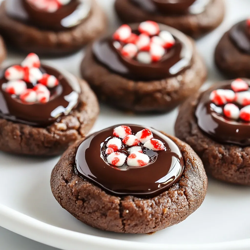- 1 cup all-purpose flour - 1/2 cup unsweetened cocoa powder - 1/2 teaspoon baking powder - 1/4 teaspoon salt - 1/2 cup unsalted butter, softened to room temperature - 1/2 cup granulated sugar - 1 large egg - 1 teaspoon vanilla extract - 1 teaspoon peppermint extract - 1/2 cup semi-sweet chocolate chips (for the filling) - Crushed peppermint candies for garnish The ingredients for peppermint chocolate thumbprints are simple yet essential. Each one enhances the flavor and texture of the cookie. The cocoa powder gives a rich chocolate taste, while peppermint extract provides that refreshing kick. - Flour: King Arthur Flour is a reliable choice. - Cocoa Powder: Ghirardelli offers a rich flavor. - Butter: I recommend Kerrygold for its creamy texture. - Chocolate Chips: Guittard semi-sweet chips melt beautifully. - Peppermint Candies: Use Starlight Mints for vibrant color and taste. Using quality ingredients makes a big difference. Brands like these ensure great taste and texture in your cookies. - All-Purpose Flour: You can use gluten-free flour for a gluten-free version. - Unsweetened Cocoa Powder: Carob powder can work as a caffeine-free option. - Unsalted Butter: Coconut oil is a good dairy-free substitute. - Granulated Sugar: You can use coconut sugar for a healthier option. - Semi-Sweet Chocolate Chips: Dark chocolate chips are a tasty alternative. These substitutions can help you customize the recipe to fit your needs. Don't hesitate to experiment and find what works best for you! {{ingredient_image_2}} First, preheat your oven to 350°F (175°C). This step is key for even baking. While the oven warms up, take a baking sheet and line it with parchment paper. This paper helps the cookies release easily after baking. In a medium bowl, whisk together the dry ingredients. Use 1 cup of all-purpose flour, 1/2 cup of unsweetened cocoa powder, 1/2 teaspoon of baking powder, and 1/4 teaspoon of salt. Make sure they blend well. This mix is your base. In a larger bowl, cream together 1/2 cup of softened unsalted butter and 1/2 cup of granulated sugar. Beat it for about 3 minutes. It should look light and fluffy. Next, mix in 1 large egg, 1 teaspoon of vanilla extract, and 1 teaspoon of peppermint extract. Beat until everything is smooth. Now, gently add the dry mix to the wet batter. Stir until just combined. The dough should feel soft but not sticky. Scoop out tablespoon-sized portions and roll them into balls. Place them on the baking sheet with about 2 inches between each ball. Use your thumb or the back of a teaspoon to press down in the center of each ball. This creates a small well for the chocolate. Put the baking sheet in the oven and bake for about 10-12 minutes. The cookie edges should be set, and the tops should look firm. After baking, let them cool on the sheet for a few minutes. If the indentations puffed up, gently press them down again. Add a few chocolate chips into each well. Return the cookies to the oven for another 2-3 minutes. This melts the chocolate nicely. Once out, sprinkle crushed peppermint candies over the melted chocolate. Let the cookies cool completely on a wire rack for the best results. To get the best cookie texture, use room-temperature butter. This makes the dough smooth. Cream the butter and sugar well. You want it light and fluffy. This step helps create air pockets. The result? A soft, chewy cookie. Don’t overmix the dough after adding dry ingredients. Mix just until combined for the best texture. Melting chocolate can be tricky. Use a microwave or a double boiler. If using a microwave, heat in short bursts. Stir every 30 seconds to avoid burning. Chocolate should feel smooth and glossy when melted. If it looks thick or clumpy, it might be burnt. Keep an eye on it and use low heat to maintain that perfect texture. Make your cookies pop with fun decorations! After the chocolate melts, sprinkle crushed peppermint candies on top. They add color and crunch. You can also drizzle white chocolate for extra flair. Use a fork to create a fun design. For a holiday touch, serve cookies on a festive plate or add mint leaves. These small details make your treats shine! Pro Tips Chill the Dough: If the dough feels too soft to handle, refrigerate it for 15-30 minutes. This will make rolling easier and help the cookies hold their shape during baking. Use Quality Chocolate: For the filling, opt for high-quality semi-sweet chocolate chips. The richer the chocolate, the better the overall flavor of your thumbprints. Experiment with Extracts: Try using different extracts such as almond or orange for a unique twist on the traditional peppermint flavor. Just be careful not to overpower the other ingredients. Store Properly: Keep your cookies in an airtight container at room temperature for up to a week. You can also freeze them for longer shelf life, just make sure to separate layers with parchment paper. {{image_4}} While peppermint is a classic choice, you can play with different extracts. Try using almond or orange extract for a new twist. A hint of almond adds a nutty flavor. Orange gives a fresh, zesty touch. You can mix and match to find your favorite! Just keep the same amount as the peppermint extract in the recipe. The chocolate you choose makes a big difference. Semi-sweet chocolate is the usual pick, but dark chocolate adds richness. Milk chocolate gives a sweeter taste, perfect for those with a sweet tooth. You can even try white chocolate for a fun contrast. Just melt your chosen chocolate and fill the cookies as directed. Making these cookies gluten-free is easy! Swap all-purpose flour with a gluten-free blend. Check that the blend has xanthan gum for the right texture. For a vegan version, replace butter with coconut oil and use a flax egg instead of a real egg. The flavor will still shine through, and the cookies will be just as delightful! To keep your peppermint chocolate thumbprints fresh, place them in an airtight container. Layer the cookies with parchment paper to prevent sticking. Store them at room temperature for up to a week. For longer freshness, place them in the fridge. Just remember to bring them back to room temp before serving. You can freeze these cookies to enjoy later! First, let them cool completely. Then, place the cookies in a single layer on a baking sheet. Freeze for about an hour. Once firm, transfer them to a freezer-safe bag. They can last up to three months in the freezer. When you're ready, just thaw them at room temperature. If you want to enjoy warm cookies, reheating is simple. Preheat your oven to 300°F (150°C). Place the cookies on a baking sheet and heat for about 5-7 minutes. This warms them without drying them out. For a tasty treat, you can also microwave a cookie for 10-15 seconds. Enjoy that melty chocolate! Yes, you can make these cookies in advance. Prepare the dough and shape it into balls. Place the dough balls in an airtight container and refrigerate for up to three days. When you're ready to bake, simply take them out and follow the baking steps. This keeps the flavors fresh and saves you time. If you don't have peppermint extract, use vanilla extract instead. It won't give the same minty taste, but it adds a nice flavor. You can also use almond extract for a different twist. Just keep the amount similar to what the recipe calls for. These cookies stay fresh for about five days. Store them in an airtight container at room temperature. If you want them to last longer, you can freeze them. Just make sure to wrap them well to avoid freezer burn. Yes, you can use milk chocolate instead of semi-sweet. Milk chocolate will make the cookies sweeter and creamier. Just remember to adjust the amount of sugar in the dough if you prefer a less sweet cookie. You learned about peppermint chocolate thumbprint cookies. We discussed all the ingredients and brands for quality. You now know how to bake these cookies step by step. I shared tips to help you get the best texture and melt chocolate smoothly. We also covered variations for different diets and how to store leftovers. With these tools, you can make delicious cookies that everyone will love. Enjoy your baking adventure!